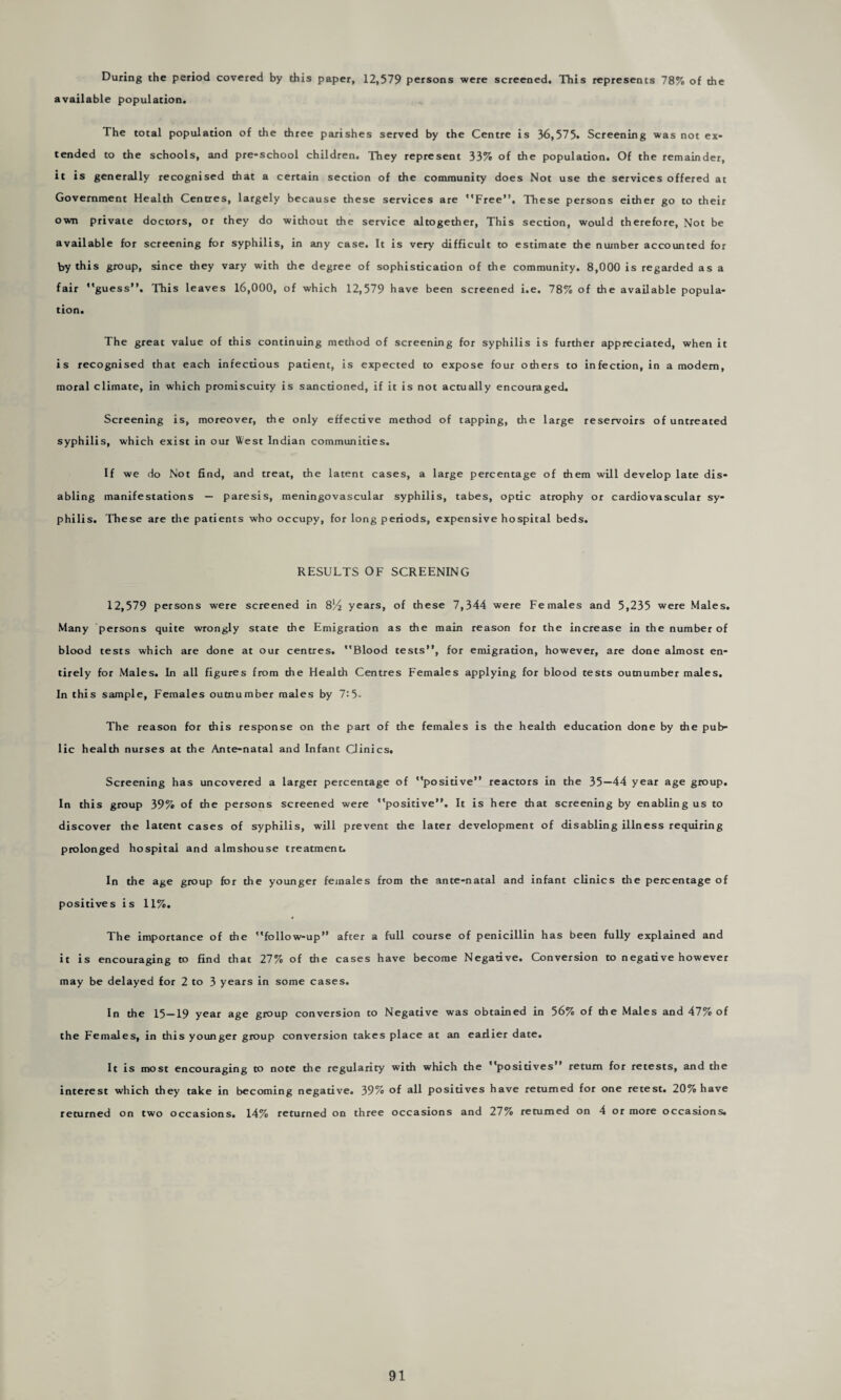 During the period covered by this paper, 12,579 persons were screened. This represents 78% of the available population. The total population of the three parishes served by the Centre is 36,575* Screening was not ex¬ tended to the schools, and pre-school children. They represent 33% of the population. Of the remainder, it is generally recognised that a certain section of the community does Not use the services offered at Government Health Centres, largely because these services are Free”. These persons either go to their own private doctors, or they do without the service altogether, This section, would therefore, Not be available for screening for syphilis, in any case. It is very difficult to estimate the number accounted for by this group, since they vary with the degree of sophistication of the community. 8,000 is regarded as a fair guess”. This leaves 16,000, of which 12,579 have been screened i.e. 78% of the available popula¬ tion. The great value of this continuing method of screening for syphilis is further appreciated, when it is recognised that each infectious patient, is expected to expose four others to infection, in a modem, moral climate, in which promiscuity is sanctioned, if it is not actually encouraged. Screening is, moreover, the only effective method of tapping, the large reservoirs of untreated syphilis, which exist in our West Indian communities. If we do Not find, and treat, the latent cases, a large percentage of them will develop late dis¬ abling manifestations — paresis, meningovascular syphilis, tabes, optic atrophy or cardiovascular sy¬ philis. These are die patients who occupy, for long periods, expensive hospital beds. RESULTS OF SCREENING 12,579 persons were screened in 8% years, of these 7,344 were Females and 5,235 were Males. Many persons quite wrongly state the Emigration as the main reason for the increase in the number of blood tests which are done at our centres. ’Blood tests”, for emigrauon, however, are done almost en¬ tirely for Males. In all figures from the Health Centres Females applying for blood tests outnumber males. In this sample, Females outnumber males by 7:5- The reason for this response on the part of the females is the health education done by the pub¬ lic health nurses at the Ante-natal and Infant Clinics. Screening has uncovered a larger percentage of ’’posiuve” reactors in the 35—44 year age group. In this group 39% of the persons screened were positive”. It is here that screening by enabling us to discover the latent cases of syphilis, will prevent the later development of disabling illness requiring prolonged hospital and almshouse treatment. In the age group for the younger females from the ante-natal and infant clinics the percentage of positives is 11%. The importance of the follow-up after a full course of penicillin has been fully explained and it is encouraging to find that 27% of the cases have become Negadve. Conversion to negative however may be delayed for 2 to 3 years in some cases. In the 15—19 year age group conversion to Negative was obtained in 56% of the Males and 47% of the Females, in this younger group conversion takes place at an earlier date. It is most encouraging to note the regularity with which the positives” return for retests, and the interest which they take in becoming negative. 39% of all positives have returned for one retest. 20% have returned on two occasions. 14% returned on three occasions and 27% returned on 4 or more occasions.