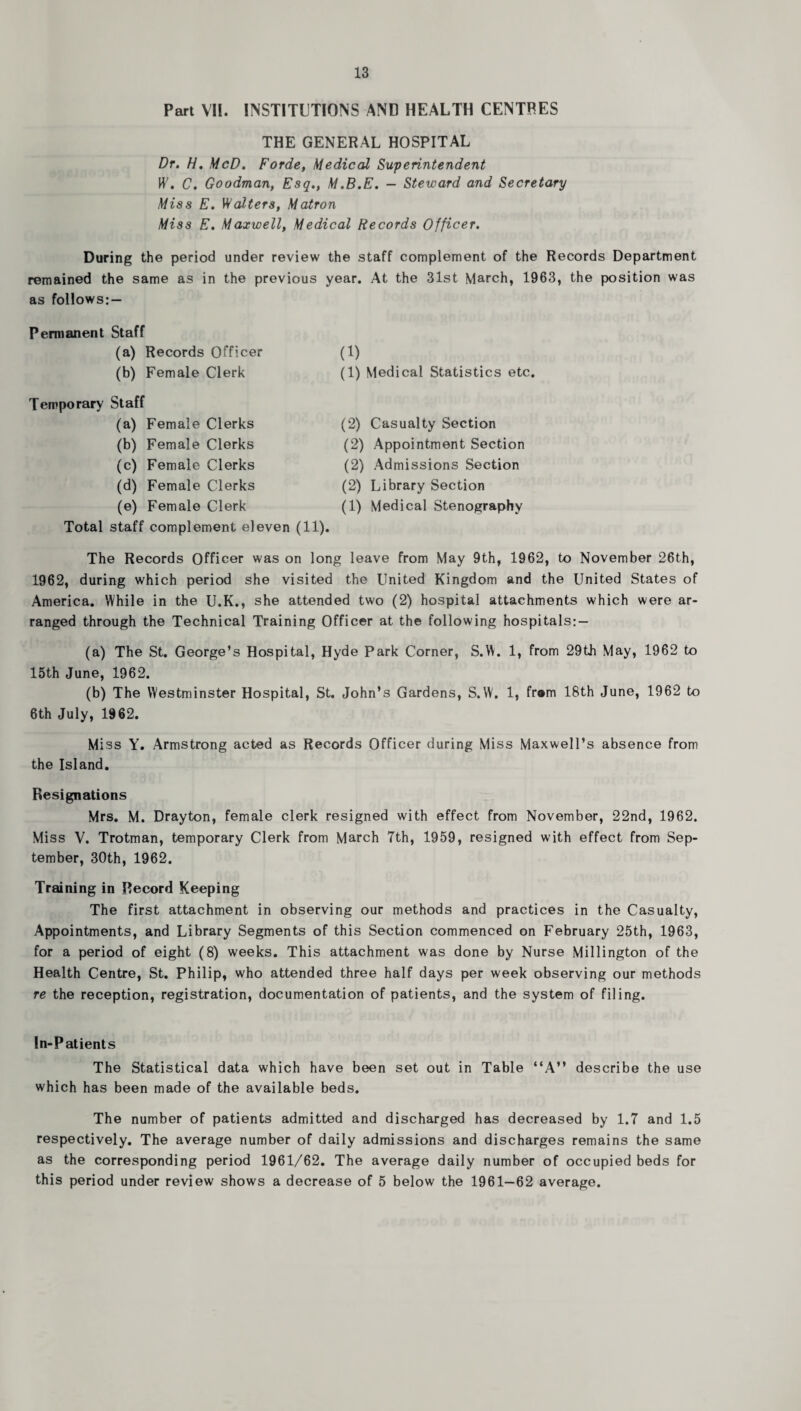 Part VII. INSTITUTIONS AND HEALTH CENTRES THE GENERAL HOSPITAL Dr. H. McD. Forde, Medical Suferintendent H'. C. Goodman, Esq., M.B.E. — Steward and Secretary Miss E. Vi/alters, Matron Miss E. Maxwell, Medical Records Officer. During the period under review the staff complement of the Records Department remained the same as in the previous year. At the 31st March, 1963, the position was as follows: — Permanent Staff (a) Records Officer (b) Female Clerk (1) (1) Medical Statistics etc. Temporary Staff (a) Female Clerks (b) Female Clerks (c) Female Clerks (d) Female Clerks (e) Female Clerk Total staff complement eleven (2) Casualty Section (2) Appointment Section (2) Admissions Section (2) Library Section (1) Medical Stenography (11). The Records Officer was on long leave from May 9th, 1962, to November 26th, 1962, during which period she visited the United Kingdom and the United States of America, While in the U.K., she attended two (2) hospital attachments which were ar¬ ranged through the Technical Training Officer at the following hospitals: — (a) The St. George’s Hospital, Hyde Park Corner, S.W. 1, from 29th May, 1962 to 15th June, 1962. (b) The Westminster Hospital, St. John’s Gardens, S.W. 1, fram 18th June, 1962 to 6th July, 1962. Miss Y. Armstrong acted as Records Officer during Miss Maxwell’s absence from the Island. Resignations Mrs. M. Drayton, female clerk resigned with effect from November, 22nd, 1962. Miss V. Trotman, temporary Clerk from March 7th, 1959, resigned with effect from Sep¬ tember, 30th, 1962. Training in Record Keeping The first attachment in observing our methods and practices in the Casualty, Appointments, and Library Segments of this Section commenced on February 25th, 1963, for a period of eight (8) weeks. This attachment was done by Nurse Millington of the Health Centre, St. Philip, who attended three half days per week observing our methods re the reception, registration, documentation of patients, and the system of filing. In-Patients The Statistical data which have been set out in Table “A” describe the use which has been made of the available beds. The number of patients admitted and discharged has decreased by 1.7 and 1.5 respectively. The average number of daily admissions and discharges remains the same as the corresponding period 1961/62. The average daily number of occupied beds for this period under review shows a decrease of 5 below the 1961—62 average.