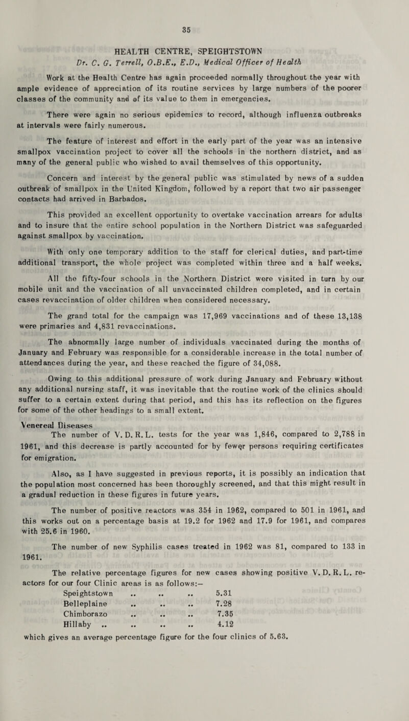 HEALTH CENTRE, SPEIGHTSTOWN Dr. C. G, Terrell, O.B.E., E.D., Medical Officer of Health Work at the Health Centre has again proceeded normally throughout the year with ample evidence of appreciation of its routine services by large numbers of the poorer classes of the community and of its value to them in emergencies. There were again no serious epidemics to record, although influenza outbreaks at intervals were fairly numerous. The feature of interest and effort in the early part of the year was an intensive smallpox vaccination project to cover all the schools in the northern district, and as many of the general public who wished to avail themselves of this opportunity. Concern and interest by the general public was stimulated by news of a sudden outbreak of smallpox in the United Kingdom, followed by a report that two air passenger contacts had arrived in Barbados. This provided an excellent opportunity to overtake vaccination arrears for adults and to insure that the entire school population in the Northern District was safeguarded against smallpox by vaccination. With only one temporary addition to the staff for clerical duties, and part-time additional transport, the whole project was completed within three and a half weeks. All the fifty-four schools in the Northern District were visited in turn by our mobile unit and the vaccination of all unvaccinated children completed, and in certain cases revaccination of older children when considered necessary. The grand total for the campaign was 17,969 vaccinations and of these 13,138 were primaries and 4,831 revaccinations. The abnormally large number of individuals vaccinated during the months of January and February was responsible for a considerable increase in the total number of attendances during the year, and these reached the figure of 34,088. Owing to this additional pressure of work during January and February without any additional nursing staff, it was inevitable that the routine work of the clinics should suffer to a certain extent during that period, and this has its reflection on the figures for some of the other headings to a small extent. Venereal Diseases The number of V. D. R.L. tests for the year was 1,846, compared to 2,788 in 1961, and this decrease is partly accounted for by fewQr persons requiring certificates for emigration. Also, as I have suggested in previous reports, it is possibly an indication that the population most concerned has been thoroughly screened, and that this might result in a gradual reduction in these figures in future years. The number of positive reactors was 354 in 1962, compared to 501 in 1961, and this works out on a percentage basis at 19.2 for 1962 and 17.9 for 1961, and compares with 25.6 in 1960. The number of new Syphilis cases treated in 1962 was 81, compared to 133 in 1961. The relative percentage figures for new cases showing positive V. D. R.L. re¬ actors for our four Clinic areas is as follows;— Speightstown Belleplaine Chimborazo Hillaby 5.31 7.28 7.35 4.12 which gives an average percentage figure for the four clinics of 5.63.