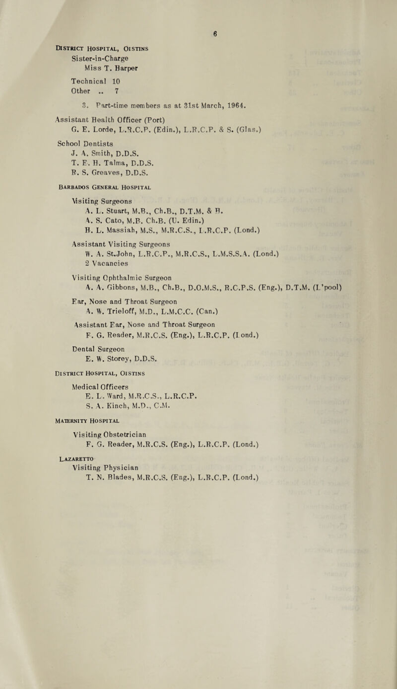 District hospital, Oistins Sister-in-Charge Miss T. Harper Technical 10 Other .. 7 3. Part-time members as at 31st March, 1964. Assistant Health Officer (Port) G. E. Lorde, L.T^.C.P. (Edin.), L.R.C.P. & S. (Glas.) School Dentists J. A. Smith, D.D.S. T. E. H. Talma, D.D.S. R. S. Greaves, D.D.S. Barbados General Hospital \isiting Surgeons A. L. Stuart, M.B., Ch.Bv, D.T.M. & H. A. S. Cato, M.B. Ch.B. (IJ. Edin.) H. L. Massiah, M.S., M.R.C.S. , L.R.C.P. (Lond.) Assistant Visiting Surgeons W. A. St.John, L.R.C.P., M.R.C.S.,, L.M.S.S.A. (Lond.) 2 Vacancies Visiting Ophthalmic Surgeon A. A. Gibbons, M.B., Ch.B., D.O.M.S., R.C.P.S. (Eng.), D.T.M. (L’pool) Ear, Nose and Throat Surgeon W. Trieloff, M.D., L.M.C.C. (Can.) Assistant Ear, Nose and Throat Surgeon F. G. Reader, M.R.C.S. (Eng.), L.R.C.P. (Lend.) Dental Surgeon E. W. Storey, D.D.S. District Hospital, Oistins Medical Officers E. L. Ward, M.Pv.C.S., L.R.C.P. S. A. Kinch, M.D., C.M, Maternity Hospital Visiting Obstetrician F. G. Reader, M.R.C.S. (Eng.), L.R.C.P. (Lond.) LAZARETTO' visiting Physician T. N. Blades, M.R.C.S. (Eng.), L.R.C.P. (Lond.)