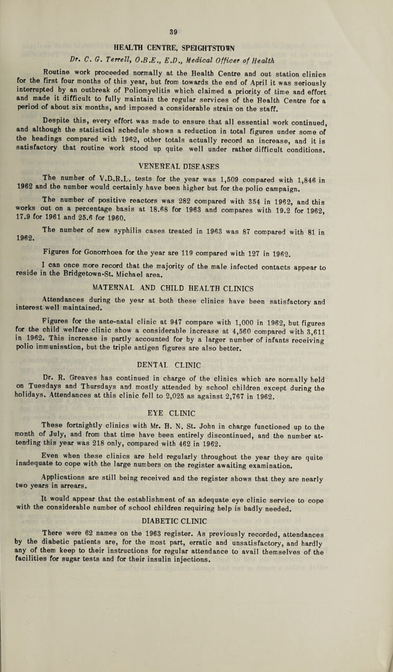 HEALTH CENTRE, SPEIGHTSTOWN Dr» C. G. Terrell, O.B.E., E.D., Medical Officer of Health Routine work proceeded normally at the Health Centre and out station clinics for the first four months of this year, but from towards the end of April it was seriously interrupted by an outbreak of Poliomyelitis which claimed a priority of time and effort and made it difficult to fully maintain the regular services of the Health Centre for a period of about six months, and imposed a considerable strain on the staff. Despite this, every effort was made to ensure that all essential work continued, and although the statistical schedule shows a reduction in total figures under some of the headings compared with 1962, other totals actually record an increase, and it is satisfactory that routine work stood up quite well under rather difficult conditions. VENEREAL DISEASES The number of V.D.R.L. tests for the year was 1,509 compared with 1,846 in 1962 and the number would certainly have been higher but for the polio campaign. The number of positive reactors was 282 compared with 354 in 1962, and this works out on a percentage basis at 18.68 for 1963 and compares with 19.2 for 1962, 17.9 for 1961 and 25.6 for 1960. The number of new syphilis cases treated in 1963 was 87 compared with 81 in 1962. Figures for Gonorrhoea for the year are 119 compared with 127 in 1962. I can once more record that the majority of the male infected contacts appear to reside in the Bridge town-St. Michael area. MATERNAL AND CHILD HEALTH CLINICS Attendances during the year at both these clinics have been satisfactory and interest well maintained. Figures for the ante-natal clinic at 947 compare with 1,000 in 1962, but figures for the child welfare clinic show a considerable increase at 4,560 compared with 3,611 in 1962. This increase is partly accounted for by a larger number of infants receiving polio immunisation, but the triple antigen figures are also better. DENTAL CLINIC Dr. R. Greaves has continued in charge of the clinics which are normally held on Tuesdays and Thursdays and mostly attended by school children except during the holidays. Attendances at this clinic fell to 2,025 as against 2,767 in 1962. EYE CLINIC These fortnightly clinics with Mr. H. N. St. John in charge functioned up to the month of July, and from that time have been entirely discontinued, and the number at¬ tending this year was 218 only, compared with 462 in 1962. Even when these clinics are held regularly throughout the year they are quite inadequate to cope with the large numbers on the register awaiting examination. Applications are still being received and the register shows that they are nearly two years in arrears. It would appear that the establishment of an adequate eye clinic service to cope with the considerable number of school children requiring help is badly needed. DIABETIC CLINIC There were 62 names on the 1963 register. As previously recorded, attendances by the diabetic patients are, for the most part, erratic and unsatisfactory, and hardly any of them keep to their instructions for regular attendance to avail themselves of the facilities for sugar tests and for their insulin injections.