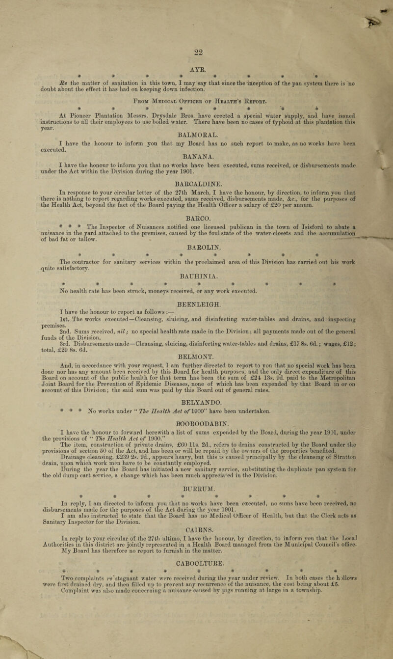 AYR. * ##***#'* He the matter doubt about the effect of sanitation in this town, I may say that since the inception of the pan system there is no it has had on keeping down infection. From Medical Officer of Health’s Report. ##*#**'#* At Pioneer Plantation Messrs. Drysdale Bros, have erected a special water supply, and have issued instructions to all their employees to use boiled water. There have been no cases of typhoid at this plantation this year. BALMORAL. I have the honour to inform you that my Board has no such report to make, as no works have been executed. BANANA. I have the honour to inform you that no works have been executed, sums received, or disbursements made under the Act within the Division during the year 1901. BARCALDINE. In response to your circular letter of the 27th March, I have the honour, by direction, to inform you that there is nothing to report regarding works executed, sums received, disbursements made, &c., for the purposes of the Health Act, beyond the fact of the Board paying the Health Officer a salary of £20 per annum. BARCO. * * * Inspector of Nuisances notified one liceused publican in the town of Isisford to abate a nuisance in the yard attached to the premises, caused by the foul state of the water-closets and the accumulation of bad fat or tallow. BAROLIN. WWW;7fwW'7f;}r The contractor for sanitary services within the proclaimed area of this Division has carried out his work quite satisfactory. BAUHINIA. At At At At At Aj, .Jt Tv ”/v TV 'A' 7V tv -Jr -A No health rate has been struck, moneys received, or any work executed. BEENLEIGH. I have the honour to report as follows :— 1st. The works executed—Cleansing, sluicing, and disinfecting water-tables and drains, and inspecting premises. 2nd. Sums received, nil; no special health rate made in the Division; all payments made out of the general funds of the Division. 3rd. Disbursements made—Cleansing, sluicing, disinfecting water-tables and drains, £17 8s. 6d.; wages, £12; total, £29 8s. 6d. BELMONT. And, in accordance with your request, I am further directed to report to you that no special work has been done nor has any amount been received by this Board for health purposes, and the only direct expenditure of this Board on account of the public health for that term has been the sum of £21 13s. 9d. paid to the Metropolitan Joint Board for the Prevention of Epidemic Diseases, none of which has been expended by that Board in or on account of this Division; the said sum was paid by this Board out of general rates. BELYANDO. * * * No works under “ The Health Act of 1900” have been undertaken. BOOROODABIN. I have the honour to forward herewith a list of sums expended by the Board, during the year 1931, under the provisions of “ The Health Act of 1900.” The item, construction of private drains, £60 11s. 2d., refers to drains constructed by the Board under the provisions of section 50 of the Act, and has been or will be repaid by the owners of the properties benefited. Draiuage cleansing, £239 2s. 9d., appears heavy, but this is caused principally by the cleansing of Stratton drain, upon which work men have to be constantly employed. During the year the Board has initiated a new sanitary service, substituting the duplicate pan system for the old dump cart service, a change which has been much apprecia'ed in the Division. BURRUM. ###*#*#* In reply, I am directed to inform you that no works have been executed, no sums have been received, no disbursements made for the purposes of the Act during the year 1901. I am also instructed to state that the Board has no Medical Officer of Health, but that the Clerk acts as Sanitary Inspector for the Division. CAIRNS. In reply to your circular of the 27tb ultimo, I have the honour, by direction, to inform you that the Local Authorities in this district are jointly represented in a Health Board managed from the Municipal Council’s oflice. My Board has therefore no report to furnish in the matter. CABOOLTURE. #. * # * * * * * * Two complaints restagnant water were received during the year under review. In both cases the hdlows were first drained dry, and then filled up to prevent any recurrence of the nuisance, the cost being about £5. Complaint was also made concerning a nuisance caused by pigs running at large in a township.