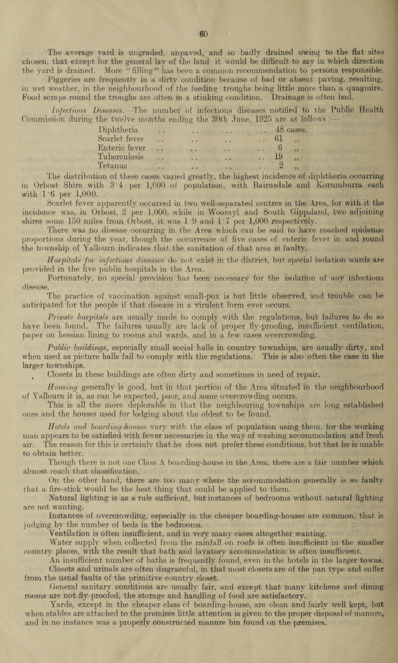 The average yard is ungraded, unpaved, and so badly drained owing to the flat sites chosen, that except for the general lay of the land it would be difficult to say in which direction the yard is drained. More “filling” has been a common recommendation to persons responsible. Piggeries are frequently in a dirty condition because of bad or absent paving, resulting, in wet weather, in the neighbourhood of the feeding troughs being little more than a quagmire. Pood scraps round the troughs are often in a stinking condition. Drainage is often bad. Injections Diseases.—The number of infectious diseases notified to the Public Commission during the twelve months ending the 30th June, 1925 are as follows Diphtheria Scarlet fever Enteric fever Tuberculosis Tetanus 48 cases. 6i : 6 19 2 Health The distribution of these cases varied greatly, the highest incidence of diphtheria occurring in Orbost Shire with 3‘4 per 1,000 of population, with Bairnsdale and Korumburra each with 1*6 per 1,000. Scarlet fever apparently occurred in two well-separated centres in the Area, for with it the incidence was, in Orbost, 2 per 1,000, while in Woorayl and South Gippsland, two adjoining shires some 150 miles from Orbost, it was 1'9 and 1*7 per 1,000 respectively. There was no disease occurring in the Area which can be said to have reached epidemic proportions during the year, though the occurrence of five cases of enteric fever in and round the township of Yallourn indicates that the sanitation of that area is faulty. Hospitals for infectious diseases do not exist in the district, but special isolation wards are provided in the five public hospitals in the Area. Fortunately, no special provision has been necessary for the isolation of any infectious disease. The practice of vaccination against small-pox is but little observed, and trouble can be anticipated for the people if that disease in a virulent form ever occurs. Private hospitals are usually made to comply with the regulations, but failures to do so have been found. The failures usually are lack of proper fly-proofing, insufficient ventilation, paper on hessian lining to rooms and wards, and in a few cases overcrowding. Public buildings, especially small social halls in country townships, are usually dirty, and when used as picture halls fail to comply with the regulations. This is also often the case in the larger townships. Closets in these buildings are often dirty and sometimes in need of repair. Housing generally is good, but in that portion of the Area situated in the neighbourhood of Yallourn it is, as can be expected, poor, and some overcrowding occurs. This is all the more deplorable in that the neighbouring townships are long established ones and the houses used for lodging about the oldest to be found. Hotels and boarding-houses vary with the class of population using them, for the working man appears to be satisfied with fewer necessaries in the way of washing accommodation and fresh air. The reason for this is certainly that he does not prefer these conditions, but that he is unable to obtain better. Though there is not one Class A boarding-house in the Area, there are a fair number which almost reach that classification. On the other hand, there are too many where the accommodation generally is so faulty that a fire-stick would be the best thing that could be applied to them. Natural lighting is as a rule sufficient, but instances of bedrooms without natural lighting are not wanting. Instances of overcrowding, especially in the cheaper boarding-houses are common, that is judging by the number of beds in the bedrooms. Ventilation is often insufficient, and in very many cases altogether wanting. Water supplyr when collected from the rainfall on roofs is often insufficient in the smaller country places, with the result that bath and lavatory accommodation is often insufficient. An insufficient number of baths is frequently found, even in the hotels in the. larger towns. Closets and urinals are often disgraceful, in that most closets are of the pan type and suffer from the usual faults of the primitive country closet. General sanitary conditions are usually fair, and except that many kitchens and dining rooms are not fly-proofed, the storage and handling of food are satisfactory. Yards, except in the cheaper class of boarding-house, are clean and fairly well kept, but when stables are attached to the premises little attention is given to the proper disposal of manure, and in no instance was a properly constructed manure bin found on the premises.