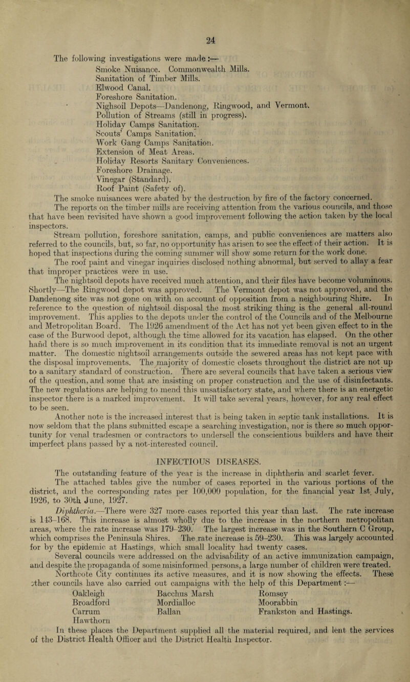 The following investigations were made:— Smoke Nuisance. Commonwealth Mills. Sanitation of Timber Mills. Elwood Canal. Foreshore Sanitation. Nighsoil Depots—Dandenong, Ming wood, and Vermont. Pollution of Streams (still in progress). Holiday Camps Sanitation. Scouts’ Camps Sanitation. Work Gang Camps Sanitation. Extension of Meat Areas. Holiday Resorts Sanitary Conveniences. Foreshore Drainage. Vinegar (Standard). Roof Paint (Safety of). The smoke nuisances were abated by the destruction by fire of the factory concerned. The reports on the timber mills are receiving attention from the various councils, and those that have been revisited have shown a good improvement following the action taken by the local inspectors. Stream pollution, foreshore sanitation, camps, and public conveniences are matters also referred to the councils, but, so far, no opportunity has arisen to see the effect of their action. It is hoped that inspections during the coming summer will show some return for the work done. The roof paint and vinegar inquiries disclosed nothing abnormal, but served to allay a fear that improper practices were in use. The nightsoil depots have received much attention, and their files have become voluminous. Shortly—The Ringwood depot was approved. The Vermont depot was not approved, and the Dandenong site was not gone on with on account of opposition from a neighbouring Shire. In reference to the question of nightsoil disposal the most striking thing is the general all-round improvement. This applies to the depots under the control of the Councils and of the Melbourne and Metropolitan Board. The 1926 amendment of the Act has not yet been given effect to in the case of the Burwood depot, although the time allowed for its vacation has elapsed. On the other hand there is so much improvement in its condition that its immediate removal is not an urgent matter. The domestic nightsoil arrangements outside the sewered areas has not kept pace with the disposal improvements. The majority of domestic closets throughout the district are not up to a sanitary standard of construction. There are several councils that have taken a serious view of the question, and some that are insisting on proper construction and the use of disinfectants. The new regulations are helping to mend this unsatisfactory state, and where there is an. energetic inspector there is a marked improvement. It will take several years, however, for any real effect to be seen. Another note is the increased interest that is being taken in septic tank installations. It is now seldom that the plans submitted escape a searching investigation, nor is there so much oppor¬ tunity for venal tradesmen or contractors to undersell the conscientious builders and have their imperfect plans passed by a not-interested council. INFECTIOUS DISEASES. The outstanding feature of the year is the increase in diphtheria and scarlet fever. The attached tables give the number of cases reported in the various portions of the district, and the corresponding rates per 100,000 population, for the financial year 1st. July, 1926, to 30th June, 1927. Diphtheria.—There were 327 more-cases reported this year than last. The rate increase is 143-168. This increase is almost wholly due to the increase in the northern metropolitan areas, where the rate increase was 179-230. The largest increase was in the Southern C Group, which comprises the Peninsula Shires. The,rate increase is 59-230. This was largely accounted for by the epidemic at Hastings, which small locality had twenty cases. Several councils were addressed on the advisability of an. active immunization campaign, and despite the propaganda of some misinformed persons, a large number of children were treated. Northcote City continues its active measures, and it is now showing the effects. These ether councils have also carried out campaigns with the help of this Department:— Oakleigh Bacchus Marsh Romsey Broadford Mordialloc Moorabbin Carrum Ballan Frankston and Hastings. Hawthorn In these places the Department supplied all the material required, and lent the services of the District Health Officer and the District Health Inspector.