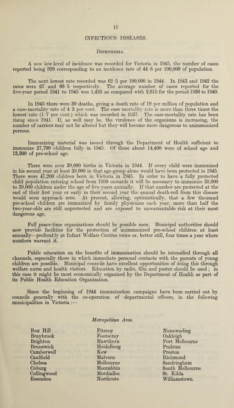 INFECTIOUS DISEASES. Diphtheria. A new low-level of incidence was recorded for Victoria in 1945, the number of cases reported being 899 corresponding to an incidence rate of 44 6 per 100,000 of population. The next lowest rate recorded was 62 5 per 100,000 in 1944. In 1943 and 1942 the rates were 67 and 66 5 respectively. The average number of cases reported for the five-year period 1941 to 1945 was 1,495 as compared with 2,615 for the period 1936 to 1940. In 1945 there were 39 deaths, giving a death rate of 19 per million of population and a case-mortality rate of 4'3 per cent. The case mortality rate is more than three times the lowest rate (1'7 per cent.) which was recorded in 1937. The case-mortality rate has been rising since 1941. If, as well may be, the virulence of the organisms is increasing, the number of carriers may not be altered but they will become more dangerous to unimmunized persons. Immunizing material was issued through the Department of Health sufficient to immunize 27,700 children fully in 1945. Of these about 14,400 were of school age and 13,300 of pre-school age. There were over 39,000 births in Victoria in 1944. If every child were immunized in his second year at least 38,000 in that age-group alone would have been protected in 1945. There were 41,200 children born in Victoria in 1945. In order to have a fully protected child population entering school from 1950 onwards it will be necessary to immunize 38,000 to 39,000 children under the age of five years annually. If that number are protected at the end of their first year or early in their second year the annual death-roll from this disease would soon approach zero. At present, allowing, optimistically, that a few thousand pre-school children are immunized by family physicians each year, more than half the two-year-olds are still unprotected and are exposed to unwarrantable risk at their most dangerous age. Full peace-time organizations should be possible soon. Municipal authorities should now provide facilities for the protection of unimmunized pre-school children at least annually—preferably at Infant Welfare Centres twice or, better still, four times a year where numbers warrant it. Public education on the benefits of immunization should be intensified through all channels, especially those in which immediate personal contacts with the parents of young children are possible. Municipal councils have excellent opportunities of doing this through welfare nurse and health visitors. Education by radio, film and poster should be used; in this case it might be most economically organized by the Department of Health as part of its Public Health Education Organization. Since the beginning of 1944 immunization campaigns have been carried out by councils generally with the co-operation of departmental officers, in the following municipalities in Victoria :— Metropolitan Area. Box Hill Fitzroy Nuna wading Braybrook Footscray Oakleigh Brighton Hawthorn Port Melbourne Brunswick Heidelberg Prahran Camberwell Kew Preston Caulfield Malvern Richmond Chelsea Melbourne Sandringham Coburg Moorabbin South Melbourne Collingwood Mordialloc St. Kilda Essendon Northcote Williamstown.