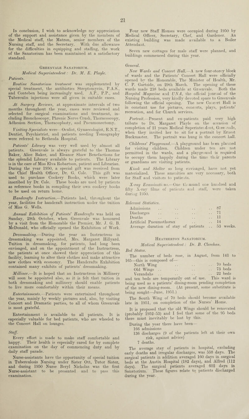 In conclusion, I wish to acknowledge my appreciation of the support and assistance given by the members of the Medical staff, the Matron, senior members of the Nursing staff, and the Secretary. With due allowance for the difficulties in equipping and staffing, the work of the Sanatorium has been maintained at a satisfactory standard. Greenvale Sanatorium. Medical Superintendent: Dr. M. E. Playle. Patients. Routine Sanatorium treatment was supplemented by special treatment, the antibiotics Streptomycin, P.A.S., and Conteben being increasingly used. A.P., P.P., and Tuberculin injections were all given in suitable cases. At Surgery Reviews, at approximate intervals of two months throughout the year, cases were reviewed and selected for surgical examinations and treatment, in¬ cluding Bronchoscopy, Phrenic Nerve Crush, Thoracoscopy, Adhesion Section, Thoracoplasty, and Pneumonectomy. Visiting Specialists were—Oculist, Gynaecologist, E.N.T., Dentist, Psychiatrist, and patients needing Tomography were referred to Bethesda Hospital. Patients’ Library was very well used by almost all patients. Greenvale is always grateful to the Thomas Baker, Alice Baker, and Eleanor Shaw Benefactions for the splendid Library available to patients. The Library is in the care of Miss Elva Robartson, patient and Librarian. During the year 1950, a special gift was received from the Chief Health Officer, Dr. G. Cole. This gift was used to purchase Cookery Books, which were later inscribed by Dr. Cole. These books are used by patients as reference books in compiling their own cookery books to be used on return home. Handcrafts Instruction.—Patients had, throughout the year, facilities for handcraft instruction under the tuition of Miss G. Wells. Annual Exhibition of Patients' Handcrafts was held on Sunday, 29th October, when Greenvale was honoured by a visit from the Honorable the Premier, Mr. J. G. B. McDonald, who officially opened the Exhibition of Work. Dressmaking.—During the year an Instructress in dressmaking was appointed, Mrs. Margaret Hillyard. Tuition in dressmaking, for patients, had long been envisaged, and on the appointment of the Instructress, the patients at once showed their appreciation of this facility, learning to alter their clothes and make attractive new clothes with economy. The Handcrafts Exhibition contained many exhibits of patients’ dressmaking. Milliner.-—It is hoped that an Instructress in Millinery will soon be appointed also, as it is felt that tuition in both dressmaking and millinery should enable patients to live more comfortably within their means. Entertainments.—Patients were entertained throughout the year, mainly by weekly pictures and, also, by visiting Concert and Dramatic parties, to all of whom Greenvale is most grateful. Entertainment is available to all patients. It is especially valuable for bed patients, who are wheeled to the Concert Hall on lounges. Staff. Every effort is made to make staff comfortable and happy. Their health is especially cared for by complete examination on the day of commencing duty and by daily staff parade. Nurse-assistants have the opportunity of special tuition in Tuberculosis Nursing under Sister Ott, Tutor Sister, and during 1950 Nurse Beryl Nicholas was the first Nurse-assistant to be presented and to pass this examination. Four new Staff Houses were occupied during 1950 by Medical Officer, Secretary, Chef, and Gardener. An existing building was made available to a Boiler Attendant. Seven new cottages for male staff were planned, and buildings commenced during this year. General. New Wards and Concert Hall.—A new four-storey block of wards and the Patients’ Concert Hall were officially opened by the Honorable, The Minister of Health, Mr. C. P. Gartside, on 29th March. The opening of these wards made 238 beds available at Greenvale. Both the Hospital Magazine and UNA, the official journal of the Nursing Profession, very kindly devoted space to Greenvale following the official opening. The new Concert Hall is in constant use for pictures, concerts, plays, patients’ recreation, and for Church services. Portrait.—Present and ex-patients paid very high tribute to Dr. Margaret Playle on the occasion of completion of 21 years Medical Superintendent, Giee ivale, when they invited her to sit for a portrait by Ernest Buckmaster. The portrait was hung in the concert hall. Childrens’ Playground.—A playground has been planned for visiting children. Children under ten are not permitted in the wards, and a playground is required to occupy them happily during the time thar parents or guardians are visiting patients. Kiosk and Shelter so long envisaged, have not yet materialized. These amenities are very necessary, both for Staff and visitors to patients. X-ray Examinations.—One thousand one hundred and fifty X-ray films of patieuts during 1950. and staff, were taken Relevant Statistics. Admissions . . .. 87 Discharges . . .. 71 Deaths . . .. 11 Artificial Pneumothorax .. 14 Average duration of stay of patients .. 53 weeks. He ATHERTON SANATORIUM. Medical Superintendent: Dr. B. Clerehan. Bed States. The number of beds rose, in August, from 141 to 165—this is composed of— North Wing .. • • .. 70 beds Old Wings .. .. . • • • 73 beds Verandahs .. .. • • 22 beds and ten beds are temporarily out of use. This ward is being used as a patients’ dining-room pending completion of the new dining-room. (At present, some substitute is being sought—June, 1951.) The South Wing of 70 beds should become available late in 1951, on completion of the Nurses' Home. It is proposed that the old Wings should be renovated (probably 1952-53) and I feel that some of the 95 beds there must inevitably be lost by this. During the year there have been 166 admissions 136 discharges (9 of the patients left at their own risk, against advice) 7 deaths. The average stay of patients in hospital, excluding early deaths and irregular discharges, was 558 days. The surgical patients in addition averaged 160 days in surgical beds at the Austin Hospital (182 days), and Alfred (112 days). The surgical patients averaged 602 days in Sanatorium. These figures relate to patients discharged during the year.