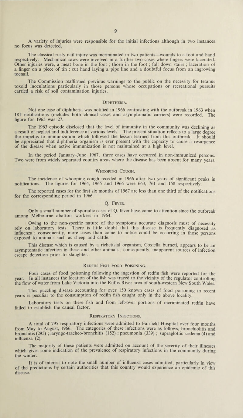 A variety of injuries were responsible for the initial infections although in two instances no focus was detected. The classical rusty nail injury was incriminated in two patients—wounds to a foot and hand respectively. Mechanical saws were involved in a further two cases where fingers were lacerated. Other injuries were, a meat bone in the foot ; thorn in the foot ; fall down stairs ; laceration of a finger on a piece of tin ; cut hand laying a pipe line and a doubtful focus from an ingrowing toenail. The Commission reaffirmed previous warnings to the public on the necessity for tetanus toxoid inoculations particularly in those persons whose occupations or recreational pursuits carried a risk of soil contamination injuries. Diphtheria. Not one case of diphtheria was notified in 1966 contrasting with the outbreak in 1963 when 181 notifications (includes both clinical cases and asymptomatic carriers) were recorded. The figure for 1965 was 27. The 1963 episode disclosed that the level of immunity in the community was declining as a result of neglect and indifference at various levels. The present situation reflects to a large degree the impetus to immunization which followed the lesson learned from this outbreak. It should be appreciated that diphtheria organism is ever present with the capacity to cause a resurgence of the disease when active immunization is not maintained at a high level. In the period January-June 1967, three cases have occurred in non-immunized persons. Two were from widely separated country areas where the disease has been absent for many years. Whooping Cough. The incidence of whooping cough receded in 1966 after two years of significant peaks in notifications. The figures for 1964, 1965 and 1966 were 663, 761 and 158 respectively. The reported cases for the first six months of 1967 are less than one third of the notifications for the corresponding period in 1966. Q. Fever. Only a small number of sporadic cases of Q. fever have come to attention since the outbreak among Melbourne abattoir workers in 1964. Owing to the non-specific nature of the symptoms accurate diagnosis must of necessity rely on laboratory tests. There is little doubt that this disease is frequently diagnosed as influenza ; consequently, more cases than come to notice could be occurring in those persons exposed to animals such as sheep and cattle. This disease which is caused by a richettsial organism, Coxiella burneti, appears to be an asymptomatic infection in these and other animals ; consequently, inapparent sources of infection escape detection prior to slaughter. Redfin Fish Food Poisoning. Four cases of food poisoning following the ingestion of redfin fish were reported for the year. In all instances the location of the fish was traced to the vicinity of the regulator controlling the flow of water from Lake Victoria into the Rufus River area of south-western New South Wales. This puzzling disease accounting for over 150 known cases of food poisoning in recent years is peculiar to the consumption of redfin fish caught only in the above locality. Laboratory tests on these fish and from left-over portions of incriminated redfin have failed to establish the causal factor. Respiratory Infections. A total of 795 respiratory infections were admitted to Fairfield Hospital over four months from May to August, 1966. The categories of these infections were as follows, bronchiolitis and bronchitis (295) ; laryngo-tracheo-bronchitis (152) ; pneumonia (339) ; supraglottic cedema (4) and influenza (2). The majority of these patients were admitted on account of the severity of their illnesses which gives some indication of the prevalence of respiratory infections in the community during the winter. It is of interest to note the small number of influenza cases admitted, particularly in view of the predictions by certain authorities that this country would experience an epidemic of this disease.