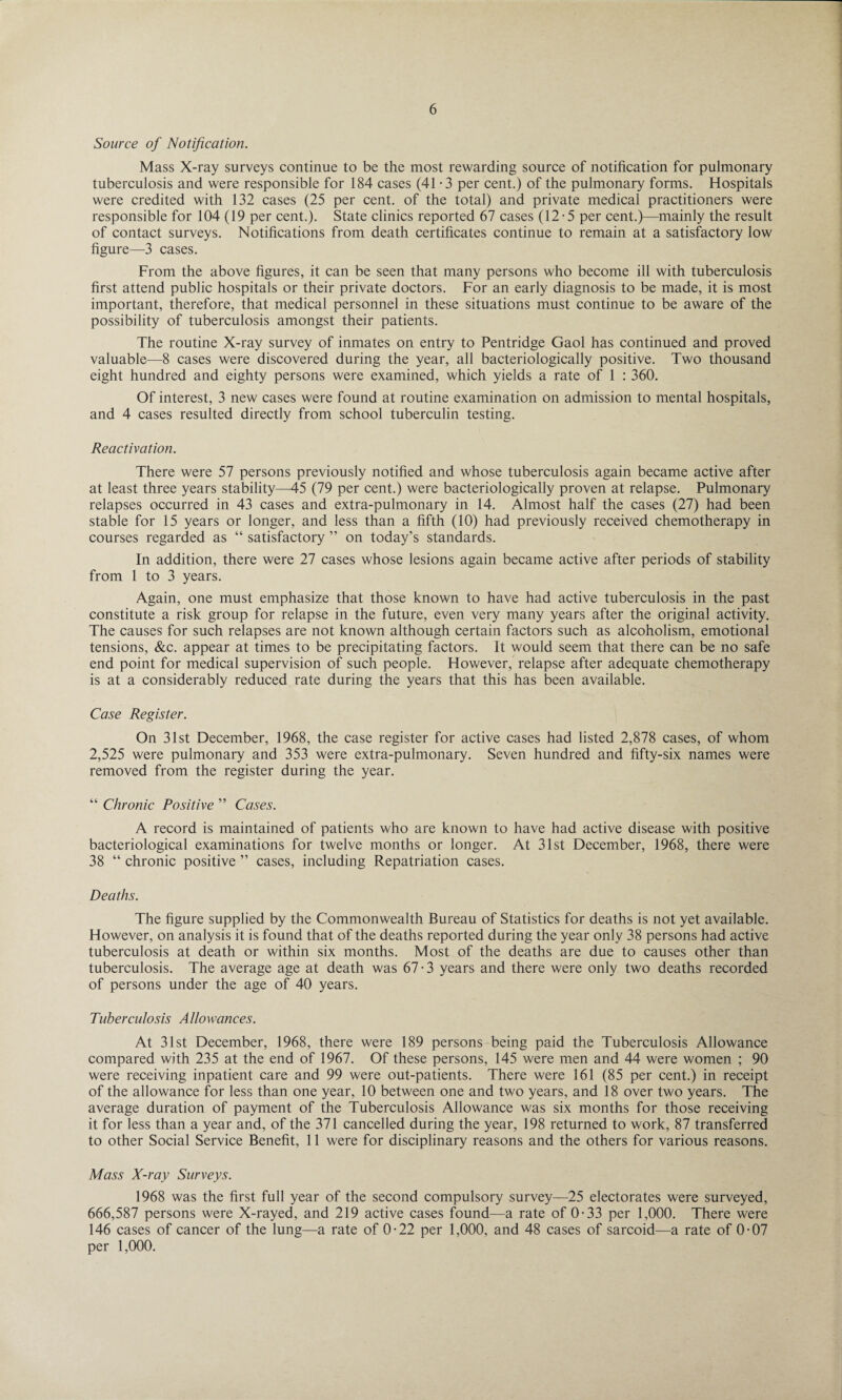 Source of Notification. Mass X-ray surveys continue to be the most rewarding source of notification for pulmonary tuberculosis and were responsible for 184 cases (41 -3 per cent.) of the pulmonary forms. Hospitals were credited with 132 cases (25 per cent, of the total) and private medical practitioners were responsible for 104 (19 per cent.). State clinics reported 67 cases (12-5 per cent.)—mainly the result of contact surveys. Notifications from death certificates continue to remain at a satisfactory low figure—3 cases. From the above figures, it can be seen that many persons who become ill with tuberculosis first attend public hospitals or their private doctors. For an early diagnosis to be made, it is most important, therefore, that medical personnel in these situations must continue to be aware of the possibility of tuberculosis amongst their patients. The routine X-ray survey of inmates on entry to Pentridge Gaol has continued and proved valuable—8 cases were discovered during the year, all bacteriologically positive. Two thousand eight hundred and eighty persons were examined, which yields a rate of 1 : 360. Of interest, 3 new cases were found at routine examination on admission to mental hospitals, and 4 cases resulted directly from school tuberculin testing. Reactivation. There were 57 persons previously notified and whose tuberculosis again became active after at least three years stability—45 (79 per cent.) were bacteriologically proven at relapse. Pulmonary relapses occurred in 43 cases and extra-pulmonary in 14. Almost half the cases (27) had been stable for 15 years or longer, and less than a fifth (10) had previously received chemotherapy in courses regarded as “ satisfactory ” on today’s standards. In addition, there were 27 cases whose lesions again became active after periods of stability from 1 to 3 years. Again, one must emphasize that those known to have had active tuberculosis in the past constitute a risk group for relapse in the future, even very many years after the original activity. The causes for such relapses are not known although certain factors such as alcoholism, emotional tensions, &c. appear at times to be precipitating factors. It would seem that there can be no safe end point for medical supervision of such people. However, relapse after adequate chemotherapy is at a considerably reduced rate during the years that this has been available. Case Register. On 31st December, 1968, the case register for active cases had listed 2,878 cases, of whom 2,525 were pulmonary and 353 were extra-pulmonary. Seven hundred and fifty-six names were removed from the register during the year. “ Chronic Positive ” Cases. A record is maintained of patients who are known to have had active disease with positive bacteriological examinations for twelve months or longer. At 31st December, 1968, there were 38 “ chronic positive ” cases, including Repatriation cases. Deaths. The figure supplied by the Commonwealth Bureau of Statistics for deaths is not yet available. However, on analysis it is found that of the deaths reported during the year only 38 persons had active tuberculosis at death or within six months. Most of the deaths are due to causes other than tuberculosis. The average age at death was 67-3 years and there were only two deaths recorded of persons under the age of 40 years. Tuberculosis Allowances. At 31st December, 1968, there were 189 persons being paid the Tuberculosis Allowance compared with 235 at the end of 1967. Of these persons, 145 were men and 44 were women ; 90 were receiving inpatient care and 99 were out-patients. There were 161 (85 per cent.) in receipt of the allowance for less than one year, 10 between one and two years, and 18 over two years. The average duration of payment of the Tuberculosis Allowance was six months for those receiving it for less than a year and, of the 371 cancelled during the year, 198 returned to work, 87 transferred to other Social Service Benefit, 11 were for disciplinary reasons and the others for various reasons. Mass X-ray Surveys. 1968 was the first full year of the second compulsory survey—25 electorates were surveyed, 666,587 persons were X-rayed, and 219 active cases found—a rate of 0-33 per 1,000. There were 146 cases of cancer of the lung—a rate of 0-22 per 1,000, and 48 cases of sarcoid—a rate of 0-07 per 1,000.
