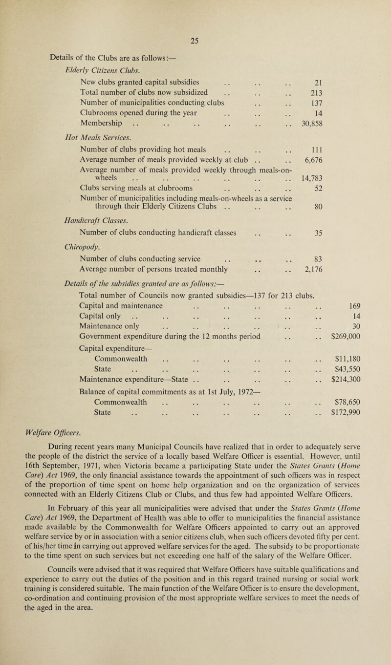 Details of the Clubs are as follows:— Elderly Citizens Clubs. New clubs granted capital subsidies .. .. .. 21 Total number of clubs now subsidized .. .. .. 213 Number of municipalities conducting clubs .. .. 137 Clubrooms opened during the year .. .. .. 14 Membership .. .. .. .. .. .. 30,858 Hot Meals Services. Number of clubs providing hot meals .. .. .. Ill Average number of meals provided weekly at club .. .. 6,676 Average number of meals provided weekly through meals-on- wheels .. .. .. .. .. .. 14,783 Clubs serving meals at clubrooms .. .. .. 52 Number of municipalities including meals-on-wheels as a service through their Elderly Citizens Clubs .. .. .. 80 Handicraft Classes. Number of clubs conducting handicraft classes .. .. 35 Chiropody. Number of clubs conducting service .. ., .. 83 Average number of persons treated monthly .. .. 2,176 Details of the subsidies granted are as follows:— Total number of Councils now granted subsidies—137 for 213 clubs. Capital and maintenance .. .. .. .. .. 169 Capital only .. .. .. .. .. .. .. 14 Maintenance only .. .. .. .. .. .. 30 Government expenditure during the 12 months period .. .. $269,000 Capital expenditure— Commonwealth .. .. .. .. .. .. $11,180 State .. .. .. .. .. .. .. $43,550 Maintenance expenditure—State .. .. .. .. .. $214,300 Balance of capital commitments as at 1st July, 1972— Commonwealth .. .. .. .. .. .. $78,650 State .. .. .. .. .. .. .. $172,990 Welfare Officers. During recent years many Municipal Councils have realized that in order to adequately serve the people of the district the service of a locally based Welfare Officer is essential. However, until 16th September, 1971, when Victoria became a participating State under the States Grants (Home Care) Act 1969, the only financial assistance towards the appointment of such officers was in respect of the proportion of time spent on home help organization and on the organization of services connected with an Elderly Citizens Club or Clubs, and thus few had appointed Welfare Officers. In February of this year all municipalities were advised that under the States Grants (Home Care) Act 1969, the Department of Health was able to offer to municipalities the financial assistance made available by the Commonwealth for Welfare Officers appointed to carry out an approved welfare service by or in association with a senior citizens club, when such officers devoted fifty per cent, of his/her time in carrying out approved welfare services for the aged. The subsidy to be proportionate to the time spent on such services but not exceeding one half of the salary of the Welfare Officer. Councils were advised that it was required that Welfare Officers have suitable qualifications and experience to carry out the duties of the position and in this regard trained nursing or social work training is considered suitable. The main function of the Welfare Officer is to ensure the development, co-ordination and continuing provision of the most appropriate welfare services to meet the needs of the aged in the area.