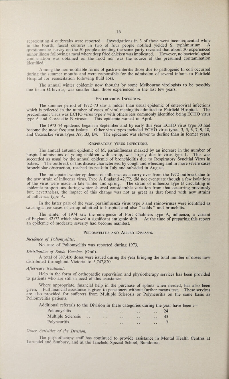 representing 4 outbreaks were reported. Investigations in 3 of these were inconsequential while in the fourth, faecal cultures in two of four people notified yielded S. typhimurium. A questionnaire survey on the 50 people attending the same party revealed that about 30 experienced minor illness following a meal where deep fried chicken was implicated. However, no bacteriological confirmation was obtained on the food nor was the source of the presumed contamination identified. Among the non-notifiable forms of gastro-enteritis those due to pathogenic E. coli occurred during the summer months and were responsible for the admission of several infants to Fairfield Hospital for resuscitation following fluid loss. The annual winter epidemic now thought by some Melbourne virologists to be possibly due to an Orbivirus, was smaller than those experienced in the last few years. Enterovirus Infection. The summer period of 1972-73 saw a milder than usual epidemic of enteroviral infections which is reflected in the number of cases of viral meningitis admitted to Fairfield Hospital. The predominant virus was ECHO virus type 9 with others less commonly identified being ECHO virus type 6 and Coxsackie B viruses. This epidemic waned in April. The 1973-74 epidemic began in September and by early this year ECHO virus type 30 had become the most frequent isolate. Other virus types included ECHO virus types, 3, 5, 6, 7, 9, 18, and Coxsackie virus types A9, B3, B4. The epidemic was slower to decline than in former years. Respiratory Virus Infections. The annual autumn epidemic of M. parainfluenza marked by an increase in the number of hospital admissions of young children with croup, was largely due to virus type 1. This was succeeded as usual by the annual epidemic of bronchiolitis due to Respiratory Syncitial Virus in babies. The outbreak of this disease characterised by cough and wheezing and in more severe cases bronchiolar obstruction, reached its peak in July and subsided in August. The anticipated winter epidemic of influenza as a carry-over from the 1972 outbreak due to the new strain of influenza virus, Type A England 42 /72, did not eventuate though a few isolations of the virus were made in late winter and spring. The strain of influenza type B circulating in epidemic proportions during winter showed considerable variation from that occurring previously but, nevertheless, the impact of this change was not as great as that found with new strains of influenza type A. In the latter part of the year, parainfluenza virus type 3 and rhinoviruses were identified as causing a few cases of croup admitted to hospital and also “ colds ” and bronchitis. The winter of 1974 saw the emergence of Port Chalmers type A, influenza, a variant of England 42 /72 which showed a significant antigenic shift. At the time of preparing this report an epidemic of moderate severity had become manifest. Poliomyelitis and Allied Diseases. Incidence of Poliomyelitis. No case of Poliomyelitis was reported during 1973. Distribution of Sabin Vaccine. (Oral). A total of 387,450 doses were issued during the year bringing the total number of doses now distributed throughout Victoria to 5,747,820. After-care treatment. Help in the form of orthopaedic supervision and physiotherapy services has been provided to patients who are still in need of this assistance. Where appropriate, financial help in the purchase of splints when needed, has also been given. Full financial assistance is given to pensioners without further means test. These services are also provided for sufferers from Multiple Sclerosis or Polyneuritis on the same basis as Poliomyelitis patients. Additional referrals to the Division in these categories during the year have been :— Poliomyelitis .. .. .. .. 24 Multiple Sclerosis .. .. .. .. 45 Polyneuritis .. .. .. .. .. 7 Other Activities of the Division. The physiotherapy staff has continued to provide assistance in Mental Health Centres at Larundel and Sunbury, and at the Janefield Special School, Bundoora.