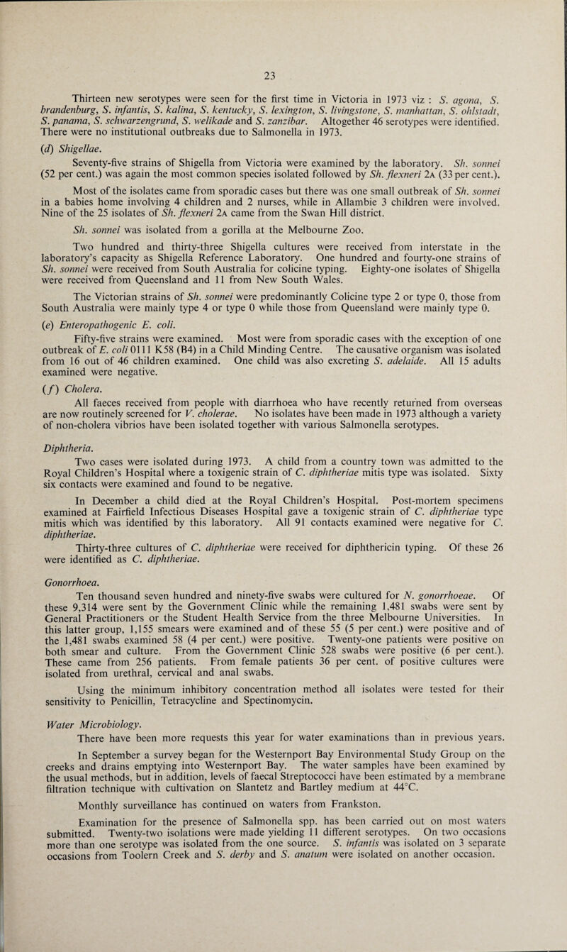 Thirteen new serotypes were seen for the first time in Victoria in 1973 viz : S. agona, S. brandenburg, S. infantis, S. kalina, S. kentucky, S. lexington, S. livingstone, S. Manhattan, S. ohlstadt, S. panama, S. schwarzengrund, S. welikade and S. Zanzibar. Altogether 46 serotypes were identified. There were no institutional outbreaks due to Salmonella in 1973. (d) Shigellae. Seventy-five strains of Shigella from Victoria were examined by the laboratory. Sh. sonnei (52 per cent.) was again the most common species isolated followed by Sh. flexneri 2a (33 per cent.). Most of the isolates came from sporadic cases but there was one small outbreak of Sh. sonnei in a babies home involving 4 children and 2 nurses, while in Allambie 3 children were involved. Nine of the 25 isolates of Sh. flexneri 2a came from the Swan Hill district. Sh. sonnei was isolated from a gorilla at the Melbourne Zoo. Two hundred and thirty-three Shigella cultures were received from interstate in the laboratory’s capacity as Shigella Reference Laboratory. One hundred and fourty-one strains of Sh. sonnei were received from South Australia for colicine typing. Eighty-one isolates of Shigella were received from Queensland and 11 from New South Wales. The Victorian strains of Sh. sonnei were predominantly Colicine type 2 or type 0, those from South Australia were mainly type 4 or type 0 while those from Queensland were mainly type 0. (e) Enteropathogenic E. coli. Fifty-five strains were examined. Most were from sporadic cases with the exception of one outbreak of E. coli 0111 K58 (B4) in a Child Minding Centre. The causative organism was isolated from 16 out of 46 children examined. One child was also excreting S. adelaide. All 15 adults examined were negative. (/) Cholera. All faeces received from people with diarrhoea who have recently returned from overseas are now routinely screened for V. cholerae. No isolates have been made in 1973 although a variety of non-cholera vibrios have been isolated together with various Salmonella serotypes. Diphtheria. Two cases were isolated during 1973. A child from a country town was admitted to the Royal Children’s Hospital where a toxigenic strain of C. diphtheriae mitis type was isolated. Sixty six contacts were examined and found to be negative. In December a child died at the Royal Children’s Hospital. Post-mortem specimens examined at Fairfield Infectious Diseases Hospital gave a toxigenic strain of C. diphtheriae type mitis which was identified by this laboratory. All 91 contacts examined were negative for C. diphtheriae. Thirty-three cultures of C. diphtheriae were received for diphthericin typing. Of these 26 were identified as C. diphtheriae. Gonorrhoea. Ten thousand seven hundred and ninety-five swabs were cultured for N. gonorrhoeae. Of these 9,314 were sent by the Government Clinic while the remaining 1,481 swabs were sent by General Practitioners or the Student Health Service from the three Melbourne Universities. In this latter group, 1,155 smears were examined and of these 55 (5 per cent.) were positive and of the 1,481 swabs examined 58 (4 per cent.) were positive. Twenty-one patients were positive on both smear and culture. From the Government Clinic 528 swabs were positive (6 per cent.). These came from 256 patients. From female patients 36 per cent, of positive cultures were isolated from urethral, cervical and anal swabs. Using the minimum inhibitory concentration method all isolates were tested for their sensitivity to Penicillin, Tetracycline and Spectinomycin. Water Microbiology. There have been more requests this year for water examinations than in previous years. In September a survey began for the Westernport Bay Environmental Study Group on the creeks and drains emptying into Westernport Bay. The water samples have been examined by the usual methods, but in addition, levels of faecal Streptococci have been estimated by a membrane filtration technique with cultivation on Slantetz and Bartley medium at 44°C. Monthly surveillance has continued on waters from Frankston. Examination for the presence of Salmonella spp. has been carried out on most waters submitted. Twenty-two isolations were made yielding 11 different serotypes. On two occasions more than one serotype was isolated from the one source. S. infantis was isolated on 3 separate occasions from Toolern Creek and S. derby and S. anatum were isolated on another occasion.