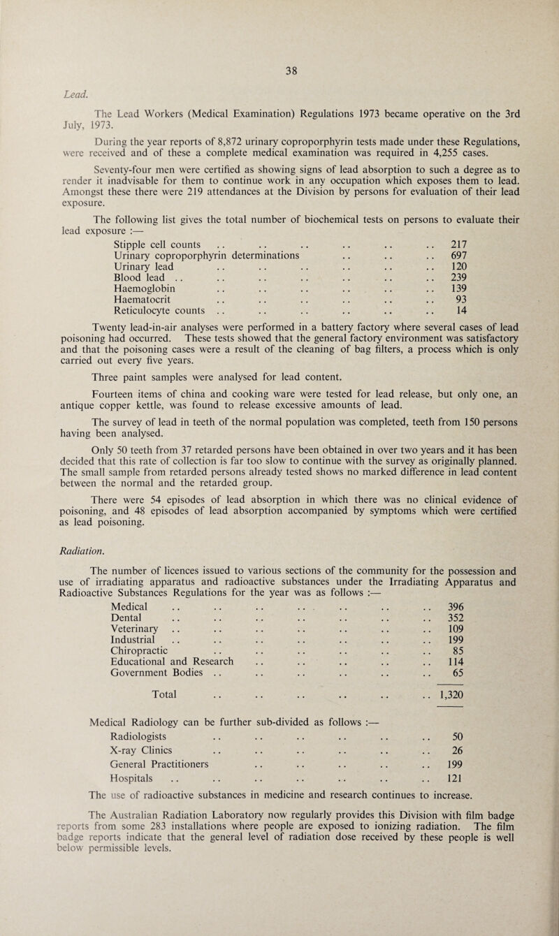 Lead. The Lead Workers (Medical Examination) Regulations 1973 became operative on the 3rd July, 1973. During the year reports of 8,872 urinary coproporphyrin tests made under these Regulations, were received and of these a complete medical examination was required in 4,255 cases. Seventy-four men were certified as showing signs of lead absorption to such a degree as to render it inadvisable for them to continue work in any occupation which exposes them to lead. Amongst these there were 219 attendances at the Division by persons for evaluation of their lead exposure. The following list gives the total number of biochemical tests on persons to evaluate their lead exposure :— Stipple cell counts .. .. .. .. .. .. 217 Urinary coproporphyrin determinations .. .. .. 697 Urinary lead .. .. .. .. .. .. 120 Blood lead .. .. .. .. .. .. .. 239 Haemoglobin .. .. .. .. .. .. 139 Haematocrit .. .. .. .. .. .. 93 Reticulocyte counts .. .. .. .. .. .. 14 Twenty lead-in-air analyses were performed in a battery factory where several cases of lead poisoning had occurred. These tests showed that the general factory environment was satisfactory and that the poisoning cases were a result of the cleaning of bag filters, a process which is only carried out every five years. Three paint samples were analysed for lead content. Fourteen items of china and cooking ware were tested for lead release, but only one, an antique copper kettle, was found to release excessive amounts of lead. The survey of lead in teeth of the normal population was completed, teeth from 150 persons having been analysed. Only 50 teeth from 37 retarded persons have been obtained in over two years and it has been decided that this rate of collection is far too slow to continue with the survey as originally planned. The small sample from retarded persons already tested shows no marked difference in lead content between the normal and the retarded group. There were 54 episodes of lead absorption in which there was no clinical evidence of poisoning, and 48 episodes of lead absorption accompanied by symptoms which were certified as lead poisoning. Radiation. The number of licences issued to various sections of the community for the possession and use of irradiating apparatus and radioactive substances under the Irradiating Apparatus and Radioactive Substances Regulations for the year was as follows :— Medical .. .. .. .. .. .. .. 396 Dental .. .. .. .. .. .. .. 352 Veterinary .. .. .. .. .. .. .. 109 Industrial .. .. .. .. .. .. .. 199 Chiropractic .. .. .. .. .. .. 85 Educational and Research .. .. .. .. .. 114 Government Bodies .. .. .. .. .. .. 65 Total .. .. .. .. .. .. 1,320 Medical Radiology can be further sub-divided as follows :— Radiologists .. .. .. .. .. .. 50 X-ray Clinics .. .. .. .. .. .. 26 General Practitioners .. .. .. .. .. 199 Hospitals .. .. .. .. .. .. 121 The use of radioactive substances in medicine and research continues to increase. The Australian Radiation Laboratory now regularly provides this Division with film badge reports from some 283 installations where people are exposed to ionizing radiation. The film badge reports indicate that the general level of radiation dose received by these people is well below permissible levels.