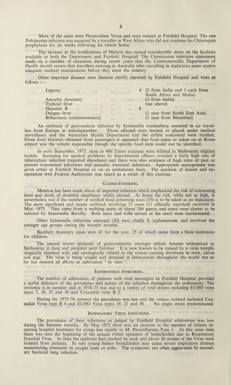 Most of the cases were Plasmodium Vivax and were treated at Fairfield Hospital. The one Falciparum infection was acquired by a traveller in West Africa who did not continue his Chloroquin prophylaxis for six weeks following his return home. The increase in the notifications of Malaria has caused considerable stress on the facilities available to both the Department and Fairfield Hospital. The Commission reiterates statements made on a number of occasions during recent years that the Commonwealth Department of Health should ensure that travellers arriving in Australia after travelling in malarious areas receive adequate medical examinations before they enter the country. Other imported diseases were likewise chiefly reported by Fairfield Hospital and were as follows :— Leprosy Amoebic dysentery Typhoid fever Hepatitis B Dengue fever Bilharziasis (schistosomiasis) 4 (2 from India and 1 each from South Africa and Malta) (3 from India) (see above) 6 (1 case from South East Asia) (1 case from Mauritius) An outbreak of gastroenteric infection by Salmonella oranienberg occurred in air travel¬ lers from Europe in mid-September. Those affected were treated or placed under medical surveillance and the Australian Health Department and the airline concerned were notified. From food histories obtained from passengers it appeared that food eaten or taken on at Rome airport was the vehicle responsible though the specific food item could not be identified. In early September, 1975, close to 400 Timor evacuees were billeted in Melbourne migrant hostels. Screening for medical problems by departmental officers revealed a fairly high rate of tuberculosis infection (reported elsewhere) and there was also evidence of high rates of past or present treponemal infections and parasitic intestinal infections. Appropriate management was given either at Fairfield Hospital or on an ambulatory basis. The question of liaison and co¬ operation with Federal Authorities was raised as a result of this exercise. Gastroenteritis. Mention has been made above of imported infection which emphasised the risk of consuming food and drink of doubtful cleanliness whilst abroad. At home the risk, while not as high, is nevertheless real if the number of notified food poisoning cases (35) is to be taken as an indication. The most significant and recent outbreak involving 53 cases (11 officially reported) occurred in May, 1975. They came from a wedding party of about 200 guests and some were shown to be infected by Salmonella Bareilly. Both meat and trifle served at the meal were incriminated. Other Salmonella infections reported (20) were chiefly S. typhimurium and involved the younger age groups during the warmer months. Bacillary dysentery cases were 41 for the year, 25 of which came from a State institution for children. The annual winter epidemic of gastro-enteritis amongst infants became widespread in Melbourne in June and persisted until October. It is now known to be caused by a virus morph¬ ologically identical with and serologically related to the viruses causing diarrhoea in mice, calves and pigs. The virus is being sought and detected in laboratories throughout the world but so far has resisted all efforts at cultivation “ in vitro ”. Enterovirus Infections. The number of admissions of patients with viral meningitis to Fairfield Hospital provides a useful indicator of the prevalence and nature of the infection throughout the community. The epidemic is in summer and in 1974-75 was due to a variety of viral strains including ECHO virus types 7, 16, 21 and 30 and Coxsackie virus B 2. During the 1975-76 summer the prevalence was less and the viruses isolated included Cox¬ sackie Virus type B 4 and ECHO Virus types 19, 21 and 30. No single strain predominated. Respiratory Virus Infections. The prevalence of these infections as judged by Fairfield Hospital admissions was low during the Summer months. By May 1975 there was an increase in the number of infants re¬ quiring hospital treatment for croup due mainly to M. Parainfluenza Type 1. At this same time there was seen the beginning of the annual winter epidemic of bronchiolitis due to Respiratory Syncitial Virus. In June the epidemic had reached its peak and about 30 strains of the Virus were isolated from patients. In very young babies bronchiolitis may cause severe respiratory distress necessitating treatment in oxygen tents or cribs. The symptoms are often aggravated by second¬ ary bacterial lung infection.