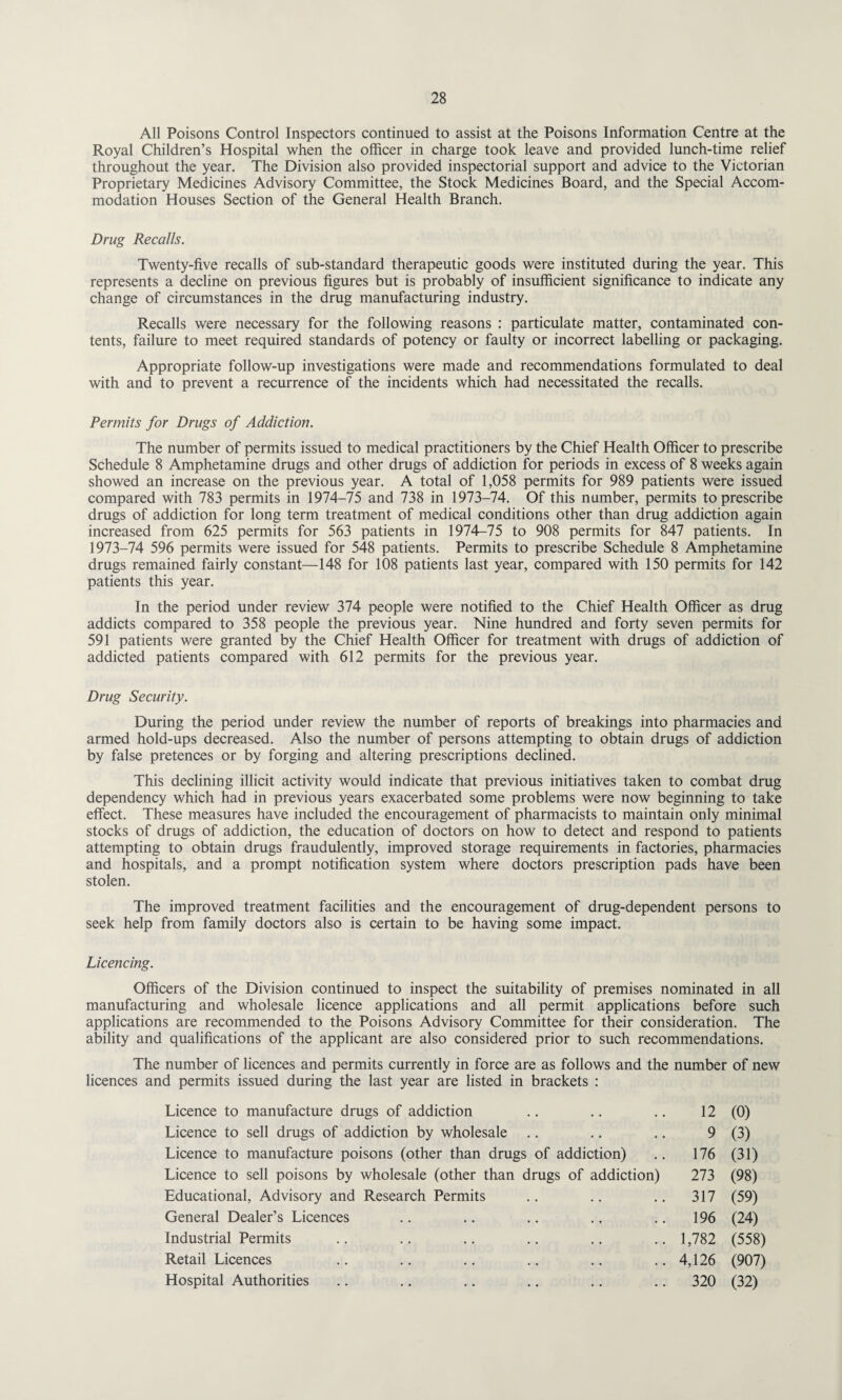 All Poisons Control Inspectors continued to assist at the Poisons Information Centre at the Royal Children’s Hospital when the officer in charge took leave and provided lunch-time relief throughout the year. The Division also provided inspectorial support and advice to the Victorian Proprietary Medicines Advisory Committee, the Stock Medicines Board, and the Special Accom¬ modation Houses Section of the General Health Branch. Drug Recalls. Twenty-five recalls of sub-standard therapeutic goods were instituted during the year. This represents a decline on previous figures but is probably of insufficient significance to indicate any change of circumstances in the drug manufacturing industry. Recalls were necessary for the following reasons : particulate matter, contaminated con¬ tents, failure to meet required standards of potency or faulty or incorrect labelling or packaging. Appropriate follow-up investigations were made and recommendations formulated to deal with and to prevent a recurrence of the incidents which had necessitated the recalls. Permits for Drugs of Addiction. The number of permits issued to medical practitioners by the Chief Health Officer to prescribe Schedule 8 Amphetamine drugs and other drugs of addiction for periods in excess of 8 weeks again showed an increase on the previous year. A total of 1,058 permits for 989 patients were issued compared with 783 permits in 1974-75 and 738 in 1973-74. Of this number, permits to prescribe drugs of addiction for long term treatment of medical conditions other than drug addiction again increased from 625 permits for 563 patients in 1974-75 to 908 permits for 847 patients. In 1973-74 596 permits were issued for 548 patients. Permits to prescribe Schedule 8 Amphetamine drugs remained fairly constant—148 for 108 patients last year, compared with 150 permits for 142 patients this year. In the period under review 374 people were notified to the Chief Health Officer as drug addicts compared to 358 people the previous year. Nine hundred and forty seven permits for 591 patients were granted by the Chief Health Officer for treatment with drugs of addiction of addicted patients compared with 612 permits for the previous year. Drug Security. During the period under review the number of reports of breakings into pharmacies and armed hold-ups decreased. AJso the number of persons attempting to obtain drugs of addiction by false pretences or by forging and altering prescriptions declined. This declining illicit activity would indicate that previous initiatives taken to combat drug dependency which had in previous years exacerbated some problems were now beginning to take effect. These measures have included the encouragement of pharmacists to maintain only minimal stocks of drugs of addiction, the education of doctors on how to detect and respond to patients attempting to obtain drugs fraudulently, improved storage requirements in factories, pharmacies and hospitals, and a prompt notification system where doctors prescription pads have been stolen. The improved treatment facilities and the encouragement of drug-dependent persons to seek help from family doctors also is certain to be having some impact. Licencing. Officers of the Division continued to inspect the suitability of premises nominated in all manufacturing and wholesale licence applications and all permit applications before such applications are recommended to the Poisons Advisory Committee for their consideration. The ability and qualifications of the applicant are also considered prior to such recommendations. The number of licences and permits currently in force are as follows ai licences and permits issued during the last year are listed in brackets : Licence to manufacture drugs of addiction Licence to sell drugs of addiction by wholesale Licence to manufacture poisons (other than drugs of addiction) Licence to sell poisons by wholesale (other than drugs of addiction) Educational, Advisory and Research Permits General Dealer’s Licences Industrial Permits Retail Licences Hospital Authorities number of new 12 (0) 9 (3) 176 (31) 273 (98) 317 (59) 196 (24) 1,782 (558) 4,126 (907) 320 (32)