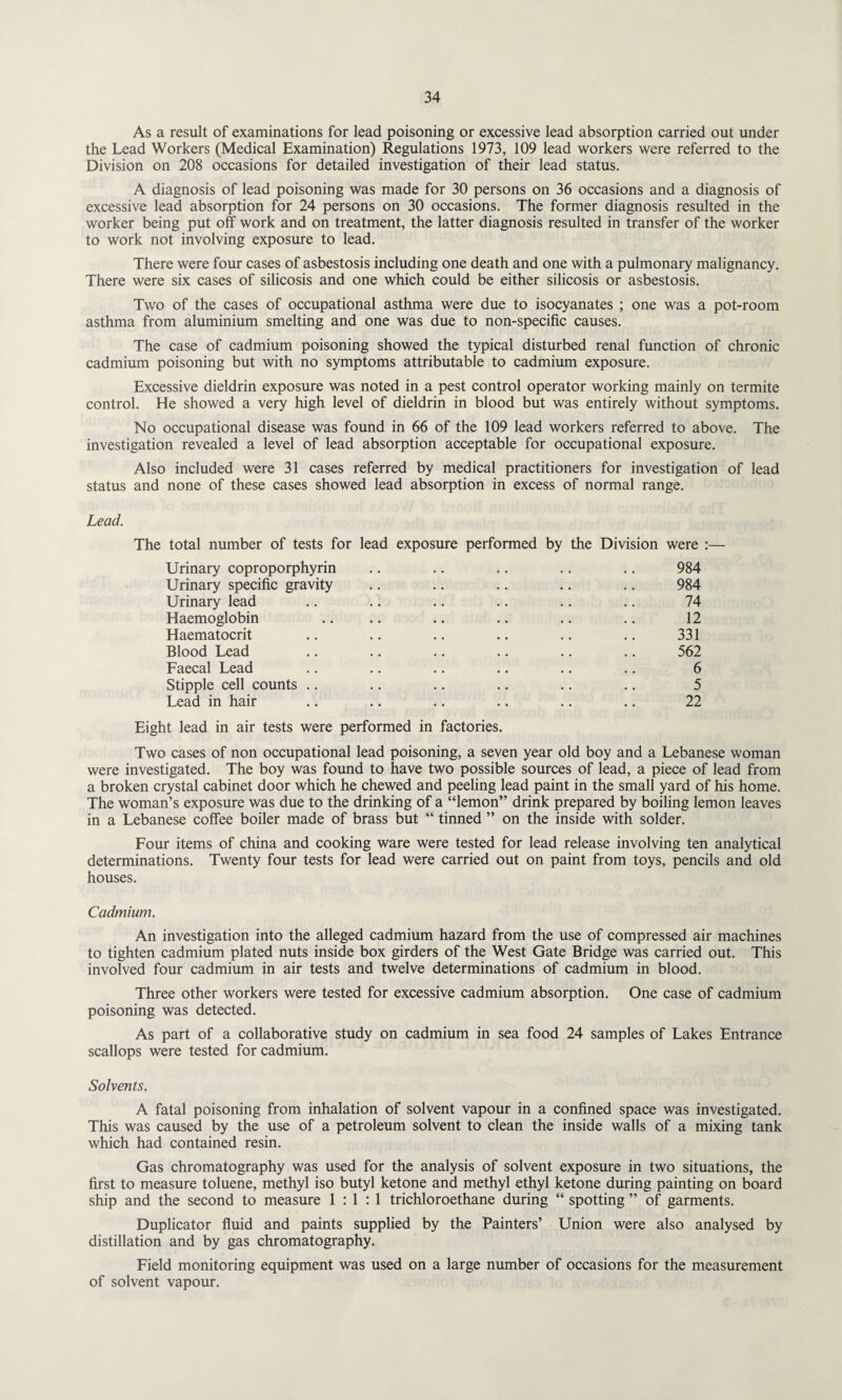 As a result of examinations for lead poisoning or excessive lead absorption carried out under the Lead Workers (Medical Examination) Regulations 1973, 109 lead workers were referred to the Division on 208 occasions for detailed investigation of their lead status. A diagnosis of lead poisoning was made for 30 persons on 36 occasions and a diagnosis of excessive lead absorption for 24 persons on 30 occasions. The former diagnosis resulted in the worker being put off work and on treatment, the latter diagnosis resulted in transfer of the worker to work not involving exposure to lead. There were four cases of asbestosis including one death and one with a pulmonary malignancy. There were six cases of silicosis and one which could be either silicosis or asbestosis. Two of the cases of occupational asthma were due to isocyanates ; one was a pot-room asthma from aluminium smelting and one was due to non-specific causes. The case of cadmium poisoning showed the typical disturbed renal function of chronic cadmium poisoning but with no symptoms attributable to cadmium exposure. Excessive dieldrin exposure was noted in a pest control operator working mainly on termite control. He showed a very high level of dieldrin in blood but was entirely without symptoms. No occupational disease was found in 66 of the 109 lead workers referred to above. The investigation revealed a level of lead absorption acceptable for occupational exposure. Also included were 31 cases referred by medical practitioners for investigation of lead status and none of these cases showed lead absorption in excess of normal range. Lead. The total number of tests for lead exposure performed by the Division were :—• Urinary coproporphyrin Urinary specific gravity Urinary lead Haemoglobin Haematocrit Blood Lead Faecal Lead Stipple cell counts Lead in hair Eight lead in air tests were performed in factories 984 984 74 12 331 562 6 5 22 Two cases of non occupational lead poisoning, a seven year old boy and a Lebanese woman were investigated. The boy was found to have two possible sources of lead, a piece of lead from a broken crystal cabinet door which he chewed and peeling lead paint in the small yard of his home. The woman’s exposure was due to the drinking of a “lemon” drink prepared by boiling lemon leaves in a Lebanese coffee boiler made of brass but “ tinned ” on the inside with solder. Four items of china and cooking ware were tested for lead release involving ten analytical determinations. Twenty four tests for lead were carried out on paint from toys, pencils and old houses. Cadmium. An investigation into the alleged cadmium hazard from the use of compressed air machines to tighten cadmium plated nuts inside box girders of the West Gate Bridge was carried out. This involved four cadmium in air tests and twelve determinations of cadmium in blood. Three other workers were tested for excessive cadmium absorption. One case of cadmium poisoning was detected. As part of a collaborative study on cadmium in sea food 24 samples of Lakes Entrance scallops were tested for cadmium. Solvents. A fatal poisoning from inhalation of solvent vapour in a confined space was investigated. This was caused by the use of a petroleum solvent to clean the inside walls of a mixing tank which had contained resin. Gas chromatography was used for the analysis of solvent exposure in two situations, the first to measure toluene, methyl iso butyl ketone and methyl ethyl ketone during painting on board ship and the second to measure 1:1:1 trichloroethane during “ spotting ” of garments. Duplicator fluid and paints supplied by the Painters’ Union were also analysed by distillation and by gas chromatography. Field monitoring equipment was used on a large number of occasions for the measurement of solvent vapour.