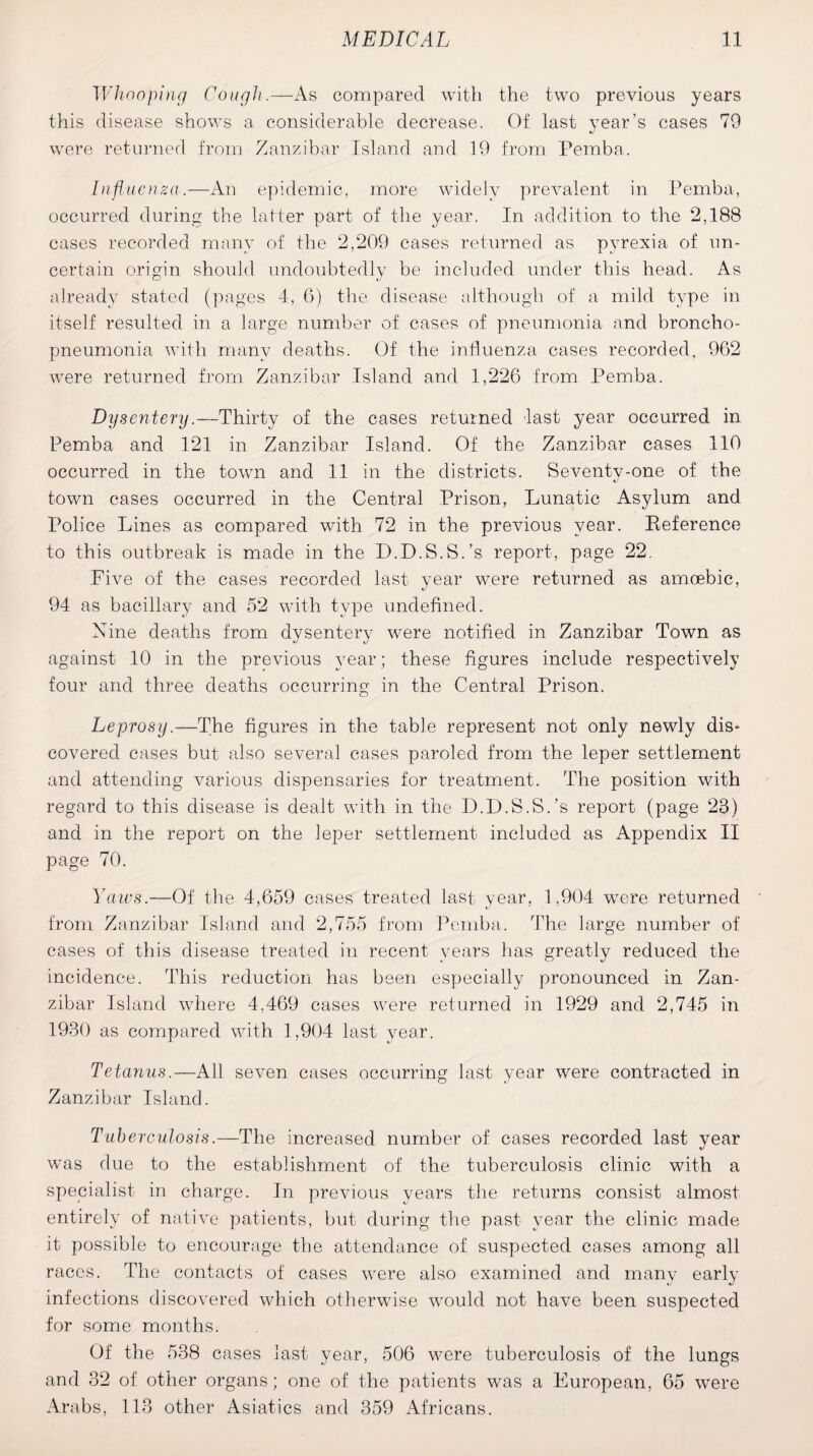 Whooping Cough.—As compared with the two previous years this disease shows a considerable decrease. Of last year’s cases 79 were returned from Zanzibar Island and 19 from Pemba. Influenza.—An epidemic, more widely prevalent in Pemba, occurred during the latter part of the year. In addition to the *2,188 cases recorded many of the 2,209 cases returned as pyrexia of un¬ certain origin should undoubtedly be included under this head. As already stated (pages 4, 6) the disease although of a mild type in itself resulted in a large number of cases of pneumonia and broncho¬ pneumonia with many deaths. Of the influenza cases recorded, 962 were returned from Zanzibar Island and 1,226 from Pemba. Dysentery.—Thirty of the cases returned last year occurred in Pemba and 121 in Zanzibar Island. Of the Zanzibar cases 110 occurred in the town arid 11 in the districts. Seventv-one of the town cases occurred in the Central Prison, Lunatic Asylum and Police Lines as compared with 72 in the previous year. Eeference to this outbreak is made in the L.D.S.S.’s report, page 22. Five of the cases recorded last year were returned as amoebic, 94 as bacillary and 52 with type undefined. Nine deaths from dysentery were notified in Zanzibar Town as against 10 in the previous year; these figures include respectively four and three deaths occurring in the Central Prison. Leprosy.—The figures in the table represent not only newly dis¬ covered cases but also several cases paroled from the leper settlement and attending various dispensaries for treatment. The position with regard to this disease is dealt with in the D.D.S.S.’s report (page 23) and in the report on the leper settlement included as Appendix II page 70. Yaws.—Of the 4,659 cases treated last year, 1,904 were returned from Zanzibar Island and 2,755 from Pemba. The large number of cases of this disease treated in recent years has greatly reduced the incidence. This reduction has been especially pronounced in Zan¬ zibar Island where 4,469 cases were returned in 1929 and 2,745 in 1930 as compared with 1,904 last year. Tetanus.—All seven cases occurring last year were contracted in Zanzibar Island. Tuberculosis.—The increased number of cases recorded last year was due to the establishment of the tuberculosis clinic with a specialist in charge. In previous years the returns consist almost entirely of native patients, but during the past year the clinic made it possible to encourage the attendance of suspected cases among all races. The contacts of cases were also examined and many early infections discovered which otherwise would not have been suspected for some months. Of the 538 cases last year, 506 were tuberculosis of the lungs and 32 of other organs; one of the patients was a European, 65 were Arabs, 113 other Asiatics and 359 Africans.