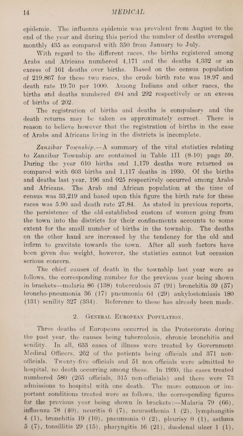 epidemic. The influenza epidemic was prevalent from August to the end of the year and during this period the number of deaths averaged monthly 435 as compared with 350 from January to July. With regard to the different races, the births registered among Arabs and Africans numbered 4,171 and the deaths 4,332 or an excess of 161 deaths over births. Based on the census population of 219,867 for these two races, the crude birth rate was 18.97 and death rate 19.70 per 1000. xYmong Indians and other races, the births and deaths numbered 494 and 292 respectively or an excess of births of 202. The registration of births and deaths is compulsory and the death returns may be taken as approximately correct. There is reason to believe however that the registration of births in the case of Arabs and Africans living in the districts is incomplete. Zanzibar Township.—A summary of the vital statistics relating to Zanzibar Township are contained in Table III (8-10) page 59. During the year 610 births and 1,179 deaths were returned as compared with 603 births and 1,117 deaths in 1930. Of the births and deaths last year, 196 and 925 respectively occurred among Arabs and Africans. The Arab and African population at the time of census was 33,219 and based upon this figure the birth rate for these races was 5.90 and death rate 27.84. As stated in previous reports, the persistence of the old-established custom of women going from the town into the districts for their confinements accounts to some extent for the small number of births in the township. The deaths on the other hand are increased by the tendency for the old and infirm to gravitate towards the town. After all such factors have been given due weight, however, the statistics cannot but occasion serious concern. The chief causes of death in the township last year were as follows, the corresponding number for the previous year being shown in brackets—malaria 86 (138) tuberculosis 57 (91) bronchitis 39 (57) broncho-pneumonia 36 (17) pneumonia 64 (29) ankylostomiasis 180 (131) senility 327 (334). Reference to these has already been made. 2. General European Population. Three deaths of Europeans occurred in the Protectorate during the past year, the causes being tuberculosis, chronic bronchitis and senility. In all, 633 cases of illness were treated by Government Medical Officers, 262 of the patients being officials and 371 non- officials. Twenty-five officials and 51 non officials were admitted to hospital, no death occurring among these. In 1930, the cases treated numbered 580 (265 officials, 315 non-officials) and there were 73 admissions to hospital with one death. The more common or im¬ portant conditions treated were as follows, the corresponding figures for the previous year being shown in brackets:—Malaria 79 (66), influenza 78 (40), neuritis 6 (7), neurasthenia 1 (2), lymphangitis 4 (1), bronchitis 19 (10), pneumonia 0 (2), pleurisy 0 (1), asthma 5 (7), tonsillitis 29 (15), pharyngitis 16 (21), duodenal ulcer 1 (1),