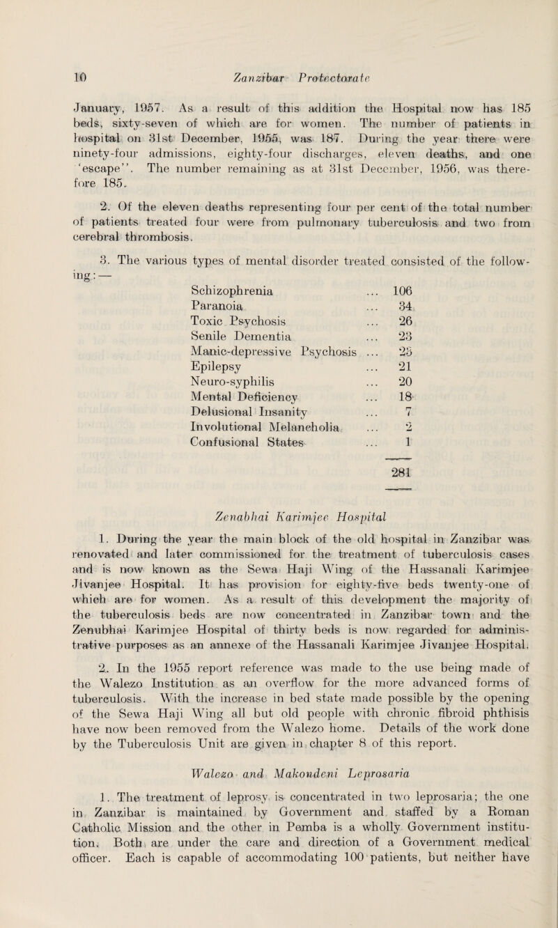 January, 1957. As a result of this addition the Hospital now has 185 beds, sixty-seven of which are for women. The number of patients in hospital on 31st December, 1955, was 187. During the year there were ninety-four admissions, eighty-four discharges, eleven deaths, and one 'escape”. The number remaining as at 31st December, 1956, was there¬ fore 185. 2. Of the eleven deaths representing four per cent of the total number of patients treated four were from pulmonary tuberculosis, and two from cerebral thrombosis» 3. The various types of mental disorder treated consisted of the follow¬ ing:— Schizophrenia 106 Paranoia 34 Toxic Psychosis 26 Senile Dementia 23 Manic-depressive Psychosis ... 9Q o Epilepsy 21 Neuro-syphilis 20 Mental Deficiency 18 Delusional Insanity 7 Involutional Melancholia 2 Confusional States- 1 281 Zenabhai Karimjee Hospital 1. During the year the main block of the old hospital in Zanzibar was renovated and later commissioned for the treatment of tuberculosis cases and is now known as the Sewa Haji Wing of the Hassanali Karimjee Jivanjee Hospital. It has provision for eighty-five beds twenty-one of which are for women. As a result of this development the majority of the tuberculosis beds are now concentrated in Zanzibar town and the Zenubhai Karimjee Hospital of thirty beds is now regarded for adminis¬ trative purposes as an annexe of the Hassanali Karimjee Jivanjee Hospital. 2.. In the 1955 report reference was made to the use being made of the Walezo Institution as an overflow for the more advanced forms of tuberculosis. With the increase in bed state made possible by the opening of the Sewa Haji Wing all but old people with chronic fibroid phthisis have now been removed from the Walezo home. Details of the work done by the Tuberculosis Unit are given in chapter 8 of this report. Walezo and Makondeni Leprosaria 1. The treatment of leprosy is concentrated in two leprosaria; the one in Zanzibar is maintained by Government and staffed by a Roman Catholic Mission and the other in Pemba is a wholly Government institu¬ tion. Both are under the care and direction of a Government medical officer. Each is capable of accommodating 100 patients, but neither have
