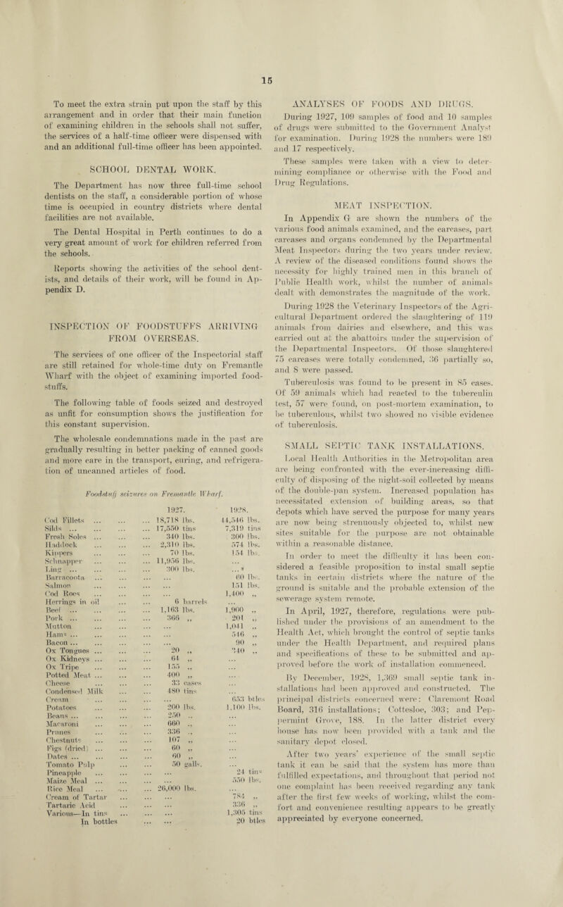 To meet the extra strain put upon the staff by this arrangement and in order that their main function of examining children in the schools shall not suffer, the sendees of a half-time officer were dispensed with and an additional full-time officer has been appointed. SCHOOL DENTAL WORK. The Department has now three full-time school dentists on the staff, a considerable portion of whose time is occupied in country districts whore dental facilities are not available. The Dental Hospital in Perth continues to do a very great amount of work for children referred from the schools. Reports showing the activities of the school dent¬ ists, and details of their work, will be found in Ap¬ pendix D. INSPECTION OF FOODSTUFFS ARRIVING! FROM OVERSEAS. The services of one officer of the Inspectorial staff are still retained for whole-time duty on Fremantle Wharf with the object of examining imported food¬ stuffs. The following table of foods seized and destroyed as unfit for consumption shows the justification for this constant supervision. The wholesale condemnations made in the past are gradually resulting in better packing of canned goods and more care in the transport, curing, and refrigera¬ tion of uncanned articles of food. Foodstuff seizures on Fremantle Wharf. 1927. 1928. Cod Fillets 18,718 lbs. 44,546 lbs. Silds ... 17,550 tins 7.319 tins Fresh Soles ... :uo lbs. 300 lbs. Haddock 2,310 lbs. 574 lbs. Kippers 70 lbs. 154 lbs. Schnapper- 11,956 lbs. Ling ... 300 lbs. ... * Barracoota 60 lbs. Salmon 151 lbs. Cod Roes 1,400 ,, Herrings in oil 6 barrels Beet .'. 1,163 lbs. 1,900 „ Pork. 366 „ 201 „ Mutton . . . 1,041 „ Hams ... * . • 546 ,, Bacon ... ... 90 „ Ox Tongues ... 20 „ 340 „ Ox Kidneys ... 6+ „ Ox Tripe 155 „ Potted Meat ... 400 „ Cheese 33 cases Condensed Milk 480 tins Cream 653 btle, Potatoes 200 lbs. 1,100 lbs. Beans ... 250 .. . . . Macaroni . . • 660 ., Prunes 336 .. Chestnuts . . . 107 „ Figs (dried) ... 60 ,. Dates ... . . . 60 „ Tomato Pulp 50 galh. Pineapple . . . ... 24 tin« Maize Meal ... 550 lbs. Rice Meal . . . . 26,000 lbs. Cream of Tartar ' 784 „ Tartaric Acid . . . ... 336 ,, Various—In tins • . . 1,305 tins In bottles ... ... 20 btle ANALYSES OF FOODS AND DRUGS. During 1927, 109 samples of food and 10 samples of drugs were submitted to the Government Analyst for examination. During 1928 the numbers were 189 and 17 respectively. These samples were taken with a view to deter¬ mining compliance or otherwise with the Food and Drug Regulations. MEAT INSPECTION. In Appendix G- are shown the numbers of the various food animals examined, and the carcases, part carcases and organs condemned by the Departmental Meat Inspectors during the two years under review. A review of the diseased conditions found shows the necessity for highly trained men in this branch of Public Health work, whilst the number of animals dealt with demonstrates the magnitude of the work. During 1928 the Veterinary Inspectors of the Agri¬ cultural Department ordered the slaughtering of 119 animals from dairies and elsewhere, and this was carried out at the abattoirs under the supervision of the Departmental Inspectors. Of those slaughtered 75 carcases were totally condemned, 26 partially so, and S were passed. Tuberculosis was found to be present in 85 cases. Of 59 animals which had reacted to the tuberculin test, 57 were found, on post-mortem examination, to lie tuberculous, whilst two showed no visible evidence of tuberculosis. SMALL SEPTIC TANK INSTALLATIONS. Local Health Authorities in the Metropolitan area are being confronted with the ever-increasing diffi¬ culty of disposing of the night-soil collected by means of the double-pan system. Increased population has necessitated extension of building areas, so that depots which have served the purpose for many years are now being strenuously objected to, whilst new sites suitable for the purpose are not obtainable within a reasonable distance. In order to meet the difficulty it has been con¬ sidered a feasible proposition to instal small septic tanks in certain districts where the nature of the ground is suitable and the probable extension of the sewerage system remote. In April, 1927, therefore, regulations were pub¬ lished under the provisions of an amendment to the Health Act, which brought the control of septic tanks under the Health Department, and required plans and specifications of these to be submitted and ap¬ proved before the work of installation commenced. By December, 1928, 1,2(59 small septic tank in¬ stallations had been approved and constructed. The principal districts concerned were: Claremont Road Board, 210 installations; Cottesloe, 302; and Pep¬ permint Grove, 188. In the latter district every house has now been provided with a tank and the sanitary depot closed. After two years’ experience of the small septic tank it can be said that the system lias more than fulfilled expectations, and throughout that period not one complaint has been received regarding any tank after the first few weeks of working, whilst the com¬ fort and convenience resulting appears to be greatly appreciated by everyone concerned.