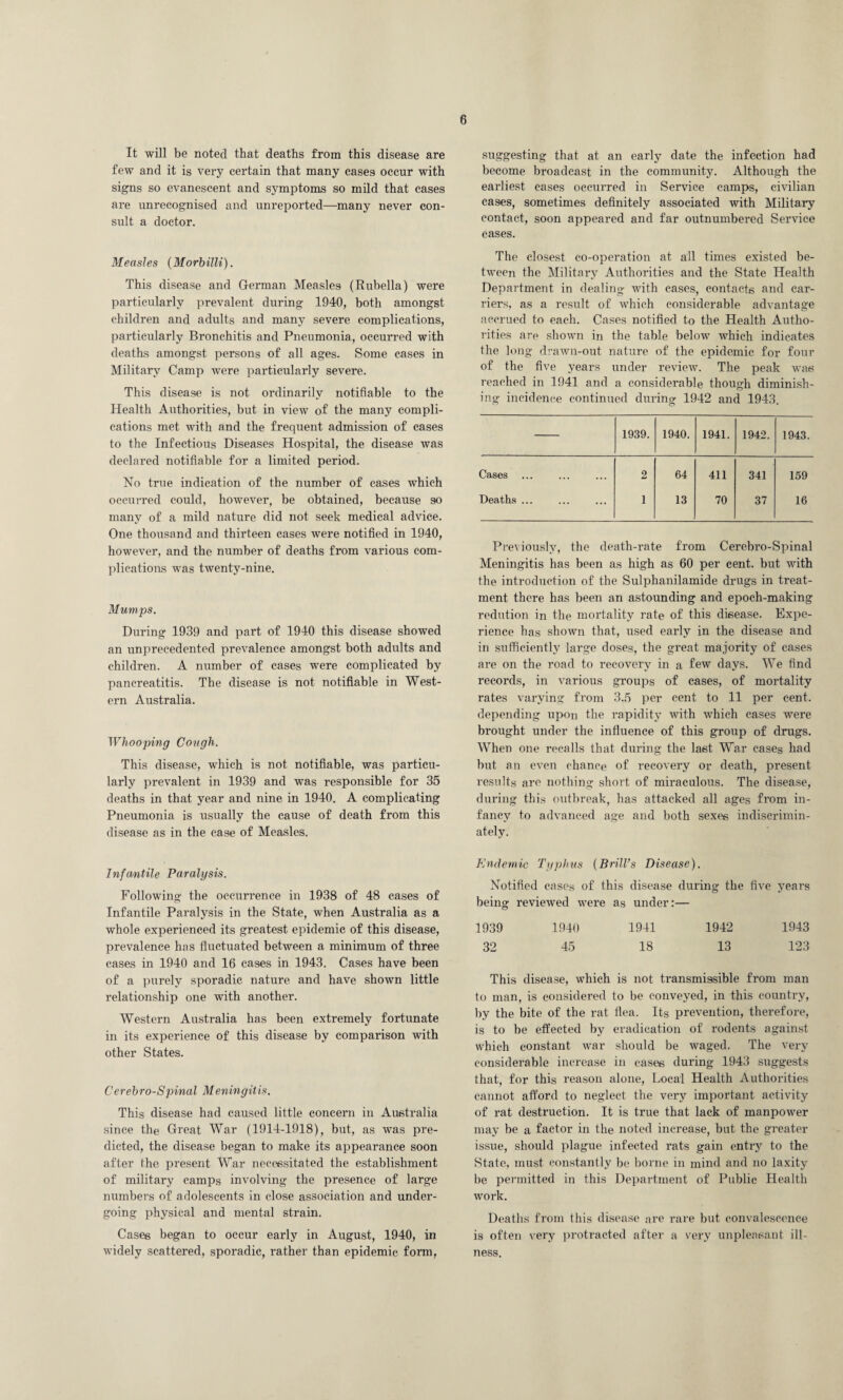 It will be noted that deaths from this disease are few and it is very certain that many cases occur with signs so evanescent and symptoms so mild that cases are unrecognised and unreported—many never con¬ sult a doctor. Measles (Morbilli). This disease and German Measles (Rubella) were particularly prevalent during 1940, both amongst children and adults and many severe complications, particularly Bronchitis and Pneumonia, occurred with deaths amongst persons of all ages. Some cases in Military Camp were particularly severe. This disease is not ordinarily notifiable to the Health Authorities, but in view of the many compli¬ cations met with and the frequent admission of cases to the Infectious Diseases Hospital, the disease was declared notifiable for a limited period. No true indication of the number of cases which occurred could, however, be obtained, because so many of a mild nature did not seek medical advice. One thousand and thirteen cases were notified in 1940, however, and the number of deaths from various com¬ plications was twenty-nine. Mumps. During 1939 and part of 1940 this disease showed an unprecedented prevalence amongst both adults and children. A number of cases were complicated by pancreatitis. The disease is not notifiable in West¬ ern Australia. Whooping Cough. This disease, which is not notifiable, was particu¬ larly prevalent in 1939 and was responsible for 35 deaths in that year and nine in 1940. A complicating Pneumonia is usually the cause of death from this disease as in the case of Measles. Infantile Paralysis. Following the occurrence in 1938 of 48 cases of Infantile Paralysis in the State, when Australia as a whole experienced its greatest epidemic of this disease, prevalence has fluctuated between a minimum of three cases in 1940 and 16 cases in 1943. Cases have been of a purely sporadic nature and have shown little relationship one with another. Western Australia has been extremely fortunate in its experience of this disease by comparison with other States. Cerebro-Spinal Meningitis. This disease had caused little concern in Australia since the Great War (1914-1918), but, as was pre¬ dicted, the disease began to make its appearance soon after the present War necessitated the establishment of military camps involving the presence of large numbers of adolescents in close association and under¬ going physical and mental strain. Cases began to occur early in August, 1940, in widely scattered, sporadic, rather than epidemic form, suggesting that at an early date the infection had become broadcast in the community. Although the earliest eases occurred in Service camps, civilian eases, sometimes definitely associated with Military contact, soon appeared and far outnumbered Service cases. The closest co-operation at all times existed be¬ tween the Military Authorities and the State Health Department in dealing with cases, contacts and car¬ riers, as a result of which considerable advantage accrued to each. Cases notified to the Health Autho¬ rities are shown in the table below which indicates the long drawn-out nature of the epidemic for four of the five years under review. The peak was reached in 1941 and a considerable though diminish¬ ing incidence continued during 1942 and 1943. 1939. 1940. 1941. 1942. 1943. Cases 2 64 411 341 159 Deaths ... 1 13 70 37 16 Previously, the death-rate from Cerebro-Spinal Meningitis has been as high as 60 per cent, but with the introduction of the Sulphanilamide drugs in treat¬ ment there has been an astounding and epoch-making redution in the mortality rate of this disease. Expe¬ rience has shown that, used early in the disease and in sufficiently large doses, the great majority of cases are on the road to recovery in a few days. We find records, in various groups of cases, of mortality rates varying from 3.5 per cent to 11 per cent, depending upon the rapidity with which cases were brought under the influence of this group of drugs. When one recalls that during the last War cases had but an even chance of recovery or death, present results are nothing short of miraculous. The disease, during this outbreak, has attacked all ages from in¬ fancy to advanced age and both sexes indiscrimin¬ ately. Endemic Typhus (Brill’s Disease). Notified cases of this disease during the five years being reviewed were as under:— 1939 1940 1941 1942 1943 32 45 18 13 123 This disease, which is not transmissible from man to man, is considered to be conveyed, in this country, by the bite of the rat flea. Its prevention, therefore, is to be effected by eradication of rodents against which constant war should be waged. The very considerable increase in cases during 1943 suggests that, for this reason alone, Local Health Authorities cannot afford to neglect the very important activity of rat destruction. It is true that lack of manpower may be a factor in the noted increase, but the greater issue, should plague infected rats gain entry to the State, must constantly be borne in mind and no laxity be permitted in this Department of Public Health work. Deaths from this disease are rare but convalescence is often very protracted after a very unpleasant ill¬ ness.