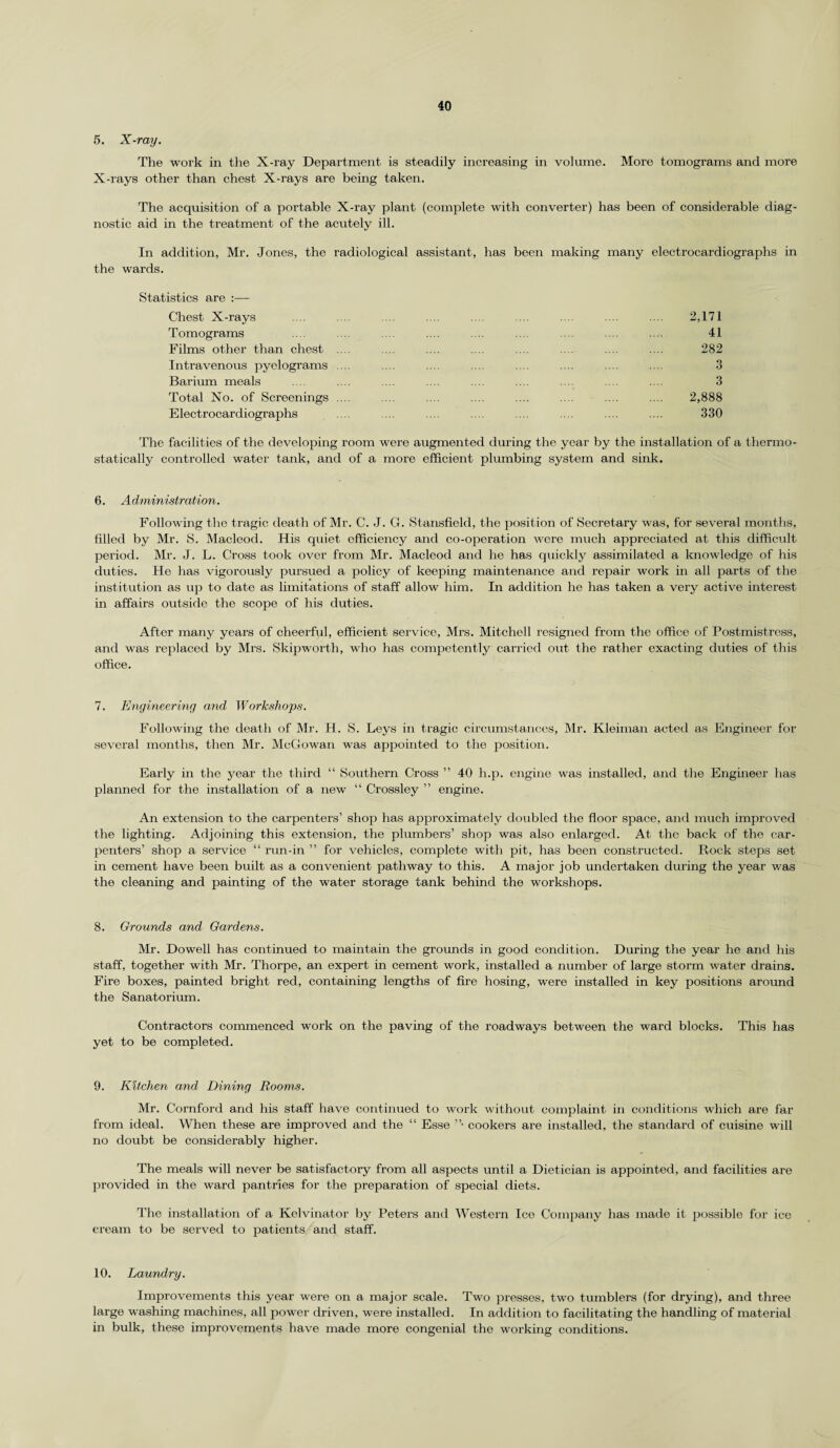 5. X-ray. The work in the X-ray Department is steadily increasing in volume. More tomograms and more X-rays other than chest X-rays are being taken. The acquisition of a portable X-ray plant (complete with converter) has been of considerable diag¬ nostic aid in the treatment of the acutely ill. In addition, Mr. Jones, the radiological assistant, has been making many electrocardiographs in the wards. Statistics are :— Chest X-rays Tomograms Films other than chest Intravenous pyclograms Barium meals Total No. of Screenings Electrocardiographs 2,171 41 282 3 3 2,888 330 The facilities of the developing room were augmented during the year by the installation of a thermo¬ statically controlled water tank, and of a more efficient plumbing system and sink. 6. Administration. Following the tragic death of Mr. C. J. G. Stansfield, the position of Secretary was, for several months, filled by Mr. S. Macleod. His quiet efficiency and co-operation were much appreciated at this difficult period. Mr. J. L. Cross took over from Mr. Macleod and he has quickly assimilated a knowledge of his duties. He has vigorously pursued a policy of keeping maintenance and repair work in all parts of the institution as up to date as limitations of staff allow him. In addition he has taken a very active interest in affairs outside the scope of his duties. After many years of cheerful, efficient service, Mrs. Mitchell resigned from the office of Postmistress, and was replaced by Mrs. Skipworth, who has competently carried out the rather exacting duties of this office. 7. Engineering and Workshops. Following the death of Mr. H. S. Leys in tragic circumstances, Mr. Kleiman acted as Engineer for several months, then Mr. McGowan was appointed to the position. Early in the year the third “ Southern Cross ” 40 h.p. engine was installed, and the Engineer has planned for the installation of a new “ Crossley ” engine. An extension to the carpenters’ shop has approximately doubled the floor space, and much improved the lighting. Adjoining this extension, the plumbers’ shop was also enlarged. At the back of the car¬ penters’ shop a service “ run-in ” for vehicles, complete with pit, has been constructed. Rock steps set in cement have been built as a convenient pathway to this. A major job undertaken during the year was the cleaning and painting of the water storage tank behind the workshops. 8. Grounds and Gardens. Mr. Dowell has continued to maintain the grounds in good condition. During the year he and his staff, together with Mr. Thorpe, an expert in cement work, installed a number of large storm water drains. Fire boxes, painted bright red, containing lengths of fire hosing, were installed in key positions around the Sanatorium. Contractors commenced work on the paving of the roadways between the ward blocks. This has yet to be completed. 9. Kitchen and Dining Rooms. Mr. Cornford and his staff have continued to work without complaint in conditions which are far from ideal. When these are improved and the “ Esse ”• cookers are installed, the standard of cuisine will no doubt be considerably higher. The meals will never be satisfactory from all aspects until a Dietician is appointed, and facilities are provided in the ward pantries for the preparation of special diets. The installation of a Kelvinator by Peters and Western Ice Company has made it possible for ice cream to be served to patients and staff. 10. Laundry. Improvements this year were on a major scale. Two presses, two tumblers (for drying), and three large washing machines, all power driven, were installed. In addition to facilitating the handling of material in bulk, these improvements have made more congenial the working conditions.