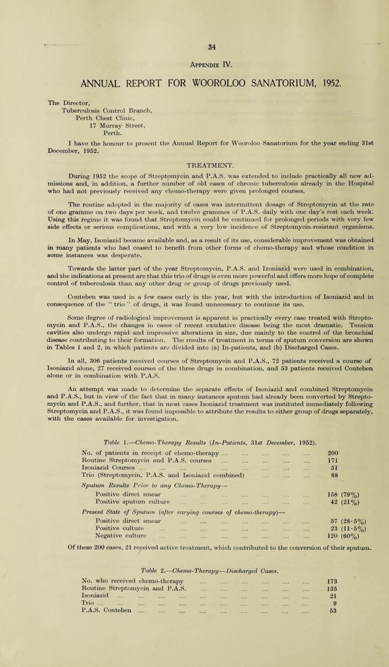 Appendix IV. ANNUAL REPORT FOR WOOROLOO SANATORIUM, 1952. The Director, Tuberculosis Control Branch, Perth Chest Clinic, 17 Murray Street, Perth. I have the honour to present the Annual Report for Wooroloo Sanatorium for the year ending 31st December, 1952. TREATMENT. During 1952 the scope of Streptomycin and P.A.S. was extended to include practically all new ad¬ missions and, in addition, a further number of old cases of chronic tuberculosis already in the Hospital who had not previously received any chemo-therapy were given prolonged courses. The routine adopted in the majority of cases was intermittent dosage of Streptomycin at the rate of one gramme on two days per week, and twelve grammes of P.A.S. daily with one day’s rest each week. Using this regime it was found that Streptomycin could be continued for prolonged periods with very few side effects or serious complications, and with a very low incidence of Streptomycin-resistant organisms. In May, Isoniazid became available and, as a result of its use, considerable improvement was obtained in many patients who had ceased to benefit from other forms of chemo-therapy and whose condition in some instances was desperate. Towards the latter part of the year Streptomycin, P.A.S. and Izoniazid were used in combination, and the indications at present are that this trio of drugs is even more powerful and offers more hope of complete control of tuberculosis than any other drug or group of drugs previously used. Conteben was used in a few cases early in the year, but with the introduction of Isoniazid and in consequence of the “ trio ” of drugs, it was found unnecessary to continue its use. Some degree of radiological improvement is apparent in practically every case treated with Strepto¬ mycin and P.A.S., the changes in cases of recent exudative disease being the most dramatic. Tension cavities also undergo rapid and impressive alterations in size, due mainly to the control of the bronchial disease contributing to their formation. The results of treatment in terms of sputum conversion are shown in Tables 1 and 2, in which patients are divided into (a) In-patients, and (b) Discharged Cases. In all, 306 patients received courses of Streptomycin and P.A.S., 72 patients received a course of Isoniazid alone, 27 received courses of the three drugs in combination, and 53 patients received Conteben alone or in combination with P.A.S. An attempt was made to determine the separate effects of Isoniazid and combined Streptomycin and P.A.S., but in view of the fact that in many instances sputum had already been converted by Strepto¬ mycin and P.A.S., and further, that in most cases Isoniazid treatment was instituted immediately following Streptomycin and P.A.S., it was found impossible to attribute the results to either group of drugs separately, with the cases available for investigation. Table 1.—Chemo-Therapy Results (In-Patients, 31s< December, 1952). No. of patients in receipt of chemo-therapy .... 200 Routine Streptomycin and P.A.S. courses 171 Isoniazid Courses .... 51 Trio (Streptomycin, P.A.S. and Isoniazid combined) 88 Sputum Results Prior to any Chemo-Therapy—- Positive direct smear 158 (79%) Positive sputum culture 42 (21%) Present State of Sputum (after varying courses of chemo-therapy)— Positive direct smear 57 (28-5%) Positive culture 23 (11-5%) Negative culture 120 (60%) Of these 200 cases, 21 received active treatment, which contributed to the conversion of their sputum. Table 2.—Chemo-Therapy—Discharged Cases. No. who received chemo-therapy Routine Streptomycin and P.A.S. Isoniazid Trio.. P.A.S. Conteben .... 173 135 21 9 53