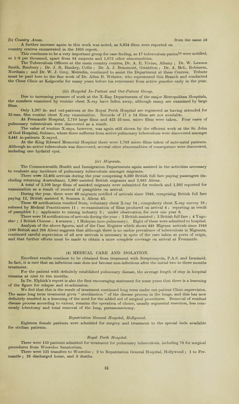 from the same 58 (b) Country Areas. A further increase again in this work was noted, as 8,934 films were reported on country centres enumerated in the 1955 report. This continues to be a very important group for case finding, as 17 tuberculosis patients were notified, or 1-9 per thousand, apart from 84 suspects and 1,072 other abnormalities. The Tuberculosis Officers at the main country centres, Dr. A. E. Vivian, Albany ; Dr. W. Lawson Smith, Bunbury ; Dr. J. R. Hankey, Collie ; Dr. A. J. Beaumont, Geraldton ; Dr. A. McL. Robinson, Northam ; and Dr. W. J. Grey, Merredin, continued to assist the Department at these Centres. Tribute must be paid here to the fine work of Dr. Allan B. Webster, who represented this Branch and conducted the Chest Clinic at Kalgoorlie for many years before his retirement from active practice early in the year. (iii) Hospital In-Patient and Out-Patient Group. Due to increasing pressure of work at the X-Ray Departments of the major Metropolitan Hospitals, the numbers examined by routine chest X-ray have fallen away, although many are examined by large films. Only 1,287 in- and out-patients at the Royal Perth Hospital are registered as having attended for 35 mm. film routine chest X-ray examination. Records of 17 x 14 films are not available. At Fremantle Hospital, 2,710 large films and 423 35 mm. micro films were taken. Four cases of pulmonary tuberculosis were discovered as a result. The value of routine X-rays, however, was again still shown by the efficient work at the St. John of God Hospital, Subiaco, where three sufferers from active pulmonary tuberculosis were discovered amongst 3,441 in-patients X-rayed. At the King Edward Memorial Hospital there were 1,783 micro films taken of ante-natal patients. Although no active tuberculosis was discovered, several other abnormalities of consequence were discovered, including one hydatid cyst. (iv) Migrants. The Commonwealth Health and Immigration Departments again assisted in the activities necessary to evaluate any incidence of pulmonary tuberculosis amongst migrants. There were 13,405 arrivals during the year comprising 8,560 British full fare paying passengers (in¬ cluding returning Australians), 1,960 assisted British migrants and 2,885 Aliens. A total of 2,109 large films of assisted migrants were submitted for recheck and 1,302 reported for examination as a result of receival of pamphlets on arrival. During the year, there were 69 migrants notified of arrivals since 1948, comprising British full fare paying 12, British assisted 9, Seamen 5, Aliens 43. These 69 notifications resulted from, voluntary chest X-ray 14 ; compulsory chest X-ray survey 19 ; referred by Medical Practitioners 11 ; re-examination of films produced on arrival 4 ; reporting as result of pamphlet 1 ; applicants to mining industry 3 ; under observation for over one year 6. There were 16 notifications of arrivals during the year : 3 British assisted ; 3 British full fare ; 4 Yugo¬ slav ; 1 British Chinese ; 4 seamen ; 1 Malayan (non-pulmonary). Eight of these were admitted to hospital. Analysis of the above figures, and of the Case Register which shows 448 Migrant arrivals since 1948 (160 British and 288 Alien) suggests that although there is no undue prevalence of tuberculosis in Migrants, continued careful supervision of all new arrivals is necessary in spite of the care taken at ports of origin, and that further efforts must be made to obtain a more complete coverage on arrival at Fremantle. (4) MEDICAL CARE AND ISOLATION. Excellent results continue to be obtained from treatment with Streptomycin, P.A.S. and Isoniazid. In fact, it is rare that an infectious case does not become non-infectious after the initial two to three months treatment. For the patient with definitely established pulmonary disease, the average length of stay in hospital remains at nine to ten months. In Dr. Elphick’s report is also the first encouraging statement for some years that there is a lessening of the figure for relapse and re-admission. We feel that this is the result of treatment continued long term under out-patient Clinic supervision. The same long term treatment gives “ sterilization ” of the disease process in the lungs, and this has now definitely resulted in a lessening of the need for the added aid of surgical procedures. Removal of residual disease process according to extent, remains the operation of choice, usually segmental resection, less com¬ monly lobectomy and total removal of the lung, pneumonectomy. Repatriation General Hospital, Hollywood. Eighteen female patients were admitted for surgery and treatment to the special beds available for civilian patients. Royal Perth Hospital. There were 155 patients admitted for treatment for pulmonary tuberculosis, including 78 for surgical procedures from Wooroloo Sanatorium. There were 121 transfers to Wooroloo ; 2 to Repatriation General Hospital, Hollywood ; 1 to Fre¬ mantle ; 25 discharged home, and 3 deaths.