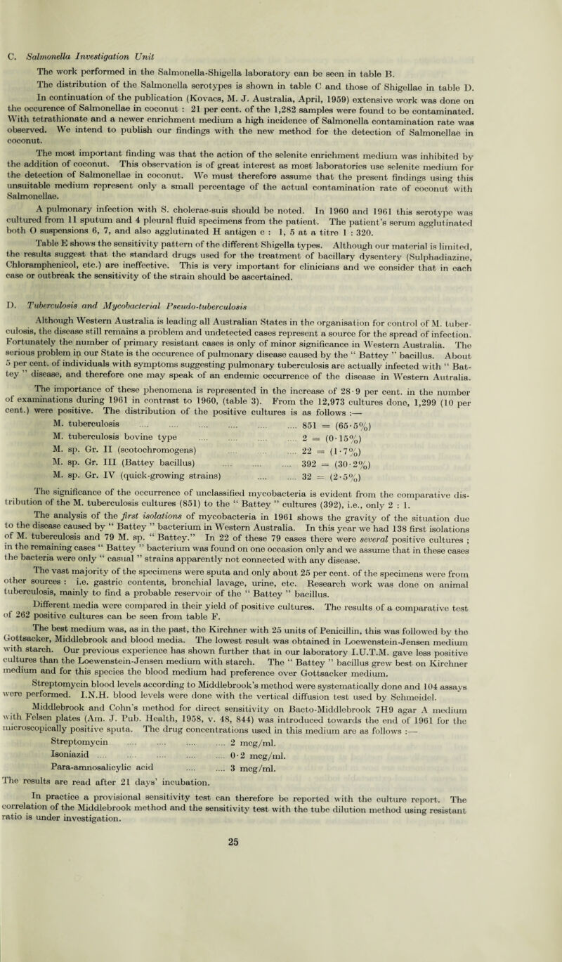 C. Salmonella Investigation Unit The work performed in the Salmonella-Shigella laboratory can be seen in table B. The distribution of the Salmonella serotypes is shown in table C and those of Shigellae in table D. In continuation of the publication (Kovacs, M. J. Australia, April, 1959) extensive work was done on the occurence of Salmonellae in coconut : 21 per cent, of the 1,282 samples were found to be contaminated. With tetrathionate and a newer enrichment medium a high incidence of Salmonella contamination rate was observed. We intend to publish our findings with the new method for the detection of Salmonellae in coconut. The most important finding was that the action of the selenite enrichment medium was inhibited by the addition of coconut. This observation is of great interest as most laboratories use selenite medium for the detection of Salmonellae in coconut. We must therefore assume that the present findings using this unsuitable medium represent only a small percentage of the actual contamination rate of coconut with Salmonellae. A pulmonary infection with S. cholerae-suis should be noted. In 1960 and 1961 this serotype was cultured from 11 sputum and 4 pleural fluid specimens from the patient. The patient’s serum agglutinated both O suspensions 6, 7, and also agglutinated H antigen c : 1, 5 at a titre 1 : 320. Table E shows the sensitivity pattern of the different Shigella types. Although our material is limited, the results suggest that the standard drugs used for the treatment of bacillary dysentery (Sulphadiazine, Chloramphenicol, etc.) are ineffective. This is very important for clinicians and we consider that in each case or outbreak the sensitivity of the strain should be ascertained. D. Tuberculosis and, Mycobacterial Pseudo-tuberculosis Although Western Australia is leading all Australian States in the organisation for control of M. tuber¬ culosis, the disease still remains a problem and undetected cases represent a source for the spread of infection. Fortunately the number of primary resistant cases is only of minor significance in Western Australia. The serious problem ip our State is the occurence of pulmonary disease caused by the “ Battey ” bacillus. About 5 per cent, of individuals with symptoms suggesting pulmonary tuberculosis are actually infected with “ Bat¬ tey ” disease, and therefore one may speak of an endemic occurrence of the disease in Western Autralia. The importance of these phenomena is represented in the increase of 28-9 per cent, in the number of examinations during 1961 in contrast to 1960, (table 3). From the 12,973 cultures done, 1,299 (10 per cent.) were positive. The distribution of the positive cultures is as follows :— M. tuberculosis . 851 = (65-5%) M. tuberculosis bovine type .... .... .... 2 — (0-15%) M. sp. Gr. II (scotochromogens) .... .... 22 = (1-7%) M. sp. Gr. Ill (Battey bacillus) . 392 == (30-2%) M. sp. Gr. IV (quick-growing strains) .... .... 32 = (2-5%) I he significance of the occurrence of unclassified mycobacteria is evident from the comparative dis¬ tribution of the M. tuberculosis cultures (851) to the “ Battey ” cultures (392), i.e., only 2:1. The analysis of the first isolations of mycobacteria in 1961 shows the gravity of the situation due to the disease caused by “ Battey ” bacterium in Western Australia. In this year we had 138 first isolations of M. tuberculosis and 79 M. sp. “ Battey.” In 22 of these 79 cases there were several positive cultures ; in the remaining cases Battey bacterium was found on one occasion only and we assume that in these cases the bacteria were only “ casual ” strains apparently not connected with any disease. The vast majority of the specimens were sputa and only about 25 per cent, of the specimens were from other sources: i.e. gastric contents, bronchial lavage, urine, etc. Research work was done on animal tuberculosis, mainly to find a probable reservoir of the “ Battey ” bacillus. Different media were compared in their yield of positive cultures. The results of a comparative test of 262 positive cultures can be seen from table F. The best medium was, as in the past, the Kirchner with 25 units of Penicillin, this was followed by the Gottsacker, Middlebrook and blood media. The lowest result was obtained in Loewenstein-Jensen medium with starch. Our previous experience has shown further that in our laboratory I.U.T.M. gave less positive cultures than the Loewenstein-Jensen medium with starch. The “ Battey ” bacillus grew best on Kirchner medium and for this species the blood medium had preference over Gottsacker medium. Streptomycin blood levels according to Middlebrook’s method were systematically done and 104 assays were performed. I.N.H. blood levels were done with the vertical diffusion test used by Schmeidel. Middlebrook and Cohn’s method for direct sensitivity on Bacto-Middlebrook 7H9 agar A medium with lelsen plates (Am. J. Pub. Health, 1958, v. 48, 844) was introduced towards the end of 1961 for the microscopically positive sputa. The drug concentrations used in this medium are as follows :— Streptomycin .2 mcg/ml. Isoniazid .... .... 0-2 mcg/ml. Para-amnosalicylic acid .... .... 3 mcg/ml. The results are read after 21 days’ incubation. In practice a provisional sensitivity test can therefore be reported with the culture report. The correlation of the Middlebrook method and the sensitivity test with the tube dilution method using resistant ratio is under investigation.