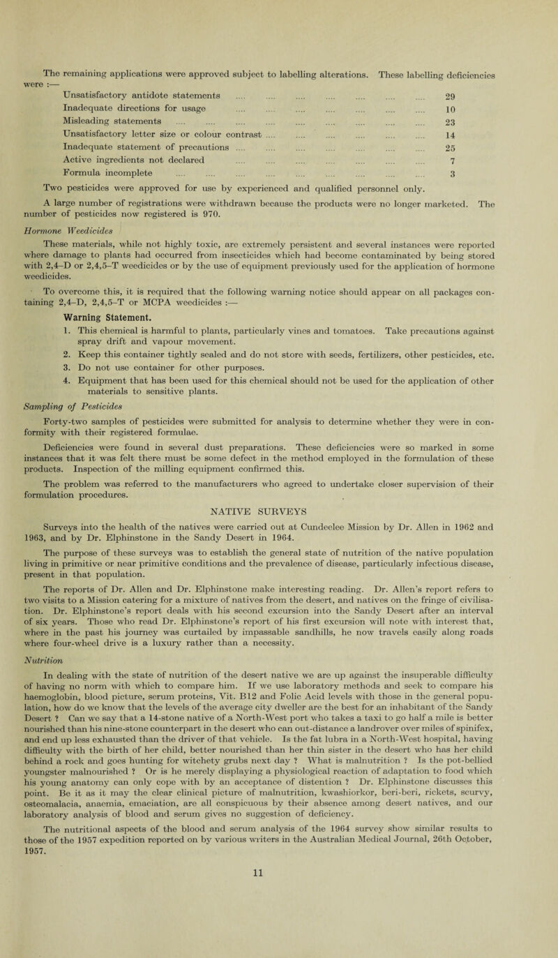 The remaining applications were approved subject to labelling alterations. These labelling deficiencies were :— Unsatisfactory antidote statements .... .... .... .... .... .... .... 29 Inadequate directions for usage .... .... .... .... .... .... .... 10 Misleading statements .... .... .... .... .... .... .... .... .... 23 Unsatisfactory letter size or colour contrast .... .... .... .... .... .... 14 Inadequate statement of precautions .... .... .... .... .... .... .... 25 Active ingredients not declared .... .... .... .... .... .... .... 7 Formula incomplete .... .... .... .... .... .... .... .... .... 3 Two pesticides were approved for use by experienced and qualified personnel only. A large number of registrations were withdrawn because the products were no longer marketed. The number of pesticides now registered is 970. Hormone Weedicides These materials, while not highly toxic, are extremely persistent and several instances were reported where damage to plants had occurred from insecticides which had become contaminated by being stored with 2,4-D or 2,4,5-T weedicides or by the use of equipment previously used for the application of hormone weedicides. To overcome this, it is required that the following warning notice should appear on all packages con¬ taining 2,4-D, 2,4,5-T or MCPA weedicides :— Warning Statement. 1. This chemical is harmful to plants, particularly vines and tomatoes. Take precautions against spray drift and vapour movement. 2. Keep this container tightly sealed and do not store with seeds, fertilizers, other pesticides, etc. 3. Do not use container for other purposes. 4. Equipment that has been used for this chemical should not be used for the application of other materials to sensitive plants. Sampling of Pesticides Forty-two samples of pesticides were submitted for analysis to determine whether they were in con¬ formity with their registered formulae. Deficiencies were found in several dust preparations. These deficiencies were so marked in some instances that it was felt there must be some defect in the method employed in the formulation of these products. Inspection of the milling equipment confirmed this. The problem was referred to the manufacturers who agreed to undertake closer supervision of their formulation procedures. NATIVE SURVEYS Surveys into the health of the natives were carried out at Cundeelee Mission by Dr. Allen in 1962 and 1963, and by Dr. Elphinstone in the Sandy Desert in 1964. The purpose of these surveys was to establish the general state of nutrition of the native population living in primitive or near primitive conditions and the prevalence of disease, particularly infectious disease, present in that population. The reports of Dr. Allen and Dr. Elphinstone make interesting reading. Dr. Allen’s report refers to two visits to a Mission catering for a mixture of natives from the desert, and natives on the fringe of civilisa¬ tion. Dr. Elphinstone’s report deals with his second excursion into the Sandy Desert after an interval of six years. Those who read Dr. Elphinstone’s report of his first excursion will note with interest that, where in the past his journey was curtailed by impassable sandhills, he now travels easily along roads where four-wheel drive is a luxury rather than a necessity. Nutrition In dealing with the state of nutrition of the desert native we are up against the insuperable difficulty of having no norm with which to compare him. If we use laboratory methods and seek to compare his haemoglobin, blood picture, serum proteins, Vit. B12 and Folic Acid levels with those in the general popu¬ lation, how do we know that the levels of the average city dweller are the best for an inhabitant of the Sandy Desert ? Can we say that a 14-stone native of a North-West port who takes a taxi to go half a mile is better nourished than his nine-stone counterpart in the desert who can out-distance a landrover over miles of spinifex, and end up less exhausted than the driver of that vehicle. Is the fat lubra in a North-West hospital, having difficulty with the birth of her child, better nourished than her thin sister in the desert who has her child behind a rock and goes hunting for witchety grubs next day ? What is malnutrition ? Is the pot-bellied youngster malnourished ? Or is he merely displaying a physiological reaction of adaptation to food which his young anatomy can only cope with by an acceptance of distention ? Dr. Elphinstone discusses this point. Be it as it may the clear clinical picture of malnutrition, kwashiorkor, beri-beri, rickets, scurvy, osteomalacia, anaemia, emaciation, are all conspicuous by their absence among desert natives, and our laboratory analysis of blood and serum gives no suggestion of deficiency. The nutritional aspects of the blood and serum analysis of the 1964 survey show similar results to those of the 1957 expedition reported on by various waiters in the Australian Medical Journal, 26th October, 1957.