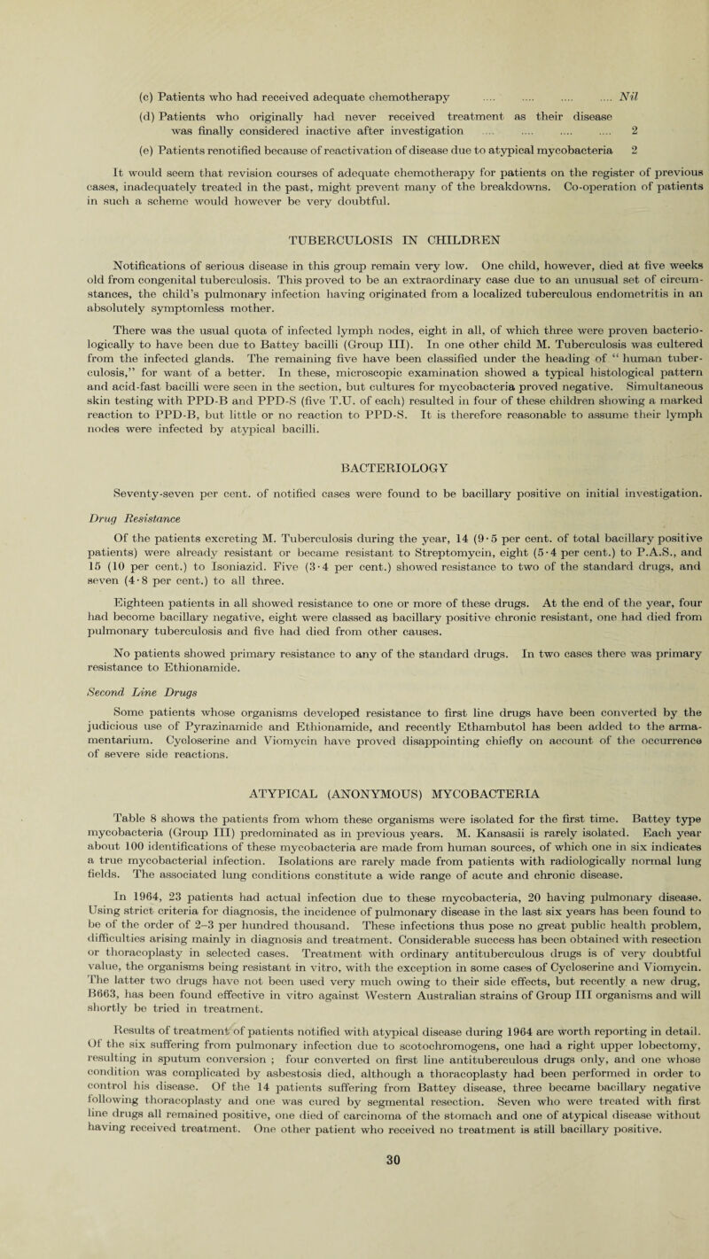 (c) Patients who had received adequate chemotherapy .... .... .... .... Nil (d) Patients who originally had never received treatment as their disease was finally considered inactive after investigation .... .... .... .... 2 (e) Patients renotified because of reactivation of disease due to atypical mycobacteria 2 It would seem that revision courses of adequate chemotherapy for patients on the register of previous cases, inadequately treated in the past, might prevent many of the breakdowns. Co-operation of patients in such a. scheme would however be very doubtful. TUBERCULOSIS IN CHILDREN Notifications of serious disease in this group remain very low. One child, however, died at five weeks old from congenital tuberculosis. This proved to be an extraordinary case due to an unusual set of circum¬ stances, the child’s pulmonary infection having originated from a localized tuberculous endometritis in an absolutely symptomless mother. There was the usual quota of infected lymph nodes, eight in all, of which three were proven bacterio- logically to have been due to Battey bacilli (Group III). In one other child M. Tuberculosis was cultered from the infected glands. The remaining five have been classified under the heading of “ human tuber¬ culosis,” for want of a better. In these, microscopic examination showed a typical histological pattern and acid-fast bacilli were seen in the section, but cultures for mycobacteria proved negative. Simultaneous skin testing with PPD-B and PPD-S (five T.U. of each) resulted in four of these children showing a marked reaction to PPD-B, but little or no reaction to PPD-S. It is therefore reasonable to assume their lymph nodes were infected by atypical bacilli. BACTERIOLOGY Seventy-seven per cent, of notified cases were found to be bacillary positive on initial investigation. Drug Resistance Of the patients excreting M. Tuberculosis during the year, 14 (9-5 per cent, of total bacillary positive patients) were already resistant or became resistant to Streptomycin, eight (5-4 per cent.) to P.A.S., and 15 (10 per cent.) to Isoniazid. Five (3-4 per cent.) showed resistance to two of the standard drugs, and seven (4-8 per cent.) to all three. Eighteen patients in all showed resistance to one or more of these drugs. At the end of the year, four had become bacillary negative, eight were classed as bacillary positive chronic resistant, one had died from pulmonary tuberculosis and five had died from other causes. No patients showed primary resistance to any of the standard drugs. In two cases there was primary resistance to Ethionamide. Second Line Drugs Some patients whose organisms developed resistance to first line drugs have been converted by the judicious use of Pyrazinamide and Ethionamide, and recently Ethambutol has been added to the arma¬ mentarium. Cycloserine and Viomycin have proved disappointing chiefly on account of the occurrence of severe side reactions. ATYPICAL (ANONYMOUS) MYCOBACTERIA Table 8 shows the patients from whom these organisms were isolated for the first time. Battey type mycobacteria (Group III) predominated as in previous years. M. Kansasii is rarely isolated. Each year about 100 identifications of these mycobacteria are made from human sources, of which one in six indicates a true mycobacterial infection. Isolations are rarely made from patients with radiologically normal lung fields. The associated lung conditions constitute a wide range of acute and chronic disease. In 1964, 23 patients had actual infection due to these mycobacteria, 20 having pulmonary disease. Using strict criteria for diagnosis, the incidence of pulmonary disease in the last six years has been found to be of the order of 2-3 per hundred thousand. These infections thus pose no great public health problem, difficulties arising mainly in diagnosis and treatment. Considerable success has been obtained with resection or thoracoplasty in selected cases. Treatment with ordinary antituberculous drugs is of very doubtful value, the organisms being resistant in vitro, with the exception in some cases of Cycloserine and Viomycin. The latter two drugs have not been used very much owing to their side effects, but recently a new drug, B663, has been found effective in vitro against Western Australian strains of Group III organisms and will shortly be tried in treatment. Results of treatment of patients notified with atypical disease during 1964 are worth reporting in detail. U1 the six suffering from pulmonary infection due to scotochromogens, one had a right upper lobectomy, resulting in sputum conversion ; four converted on first line antituberculous drugs only, and one whose condition was complicated by asbestosis died, although a thoracoplasty had been performed in order to control his disease. Of the 14 patients suffering from Battey disease, three became bacillary negative following thoracoplasty and one was cured by segmental resection. Seven who were treated with first line drugs all remained positive, one died of carcinoma of the stomach and one of atypical disease without having received treatment. One other patient who received no treatment is still bacillary positive.