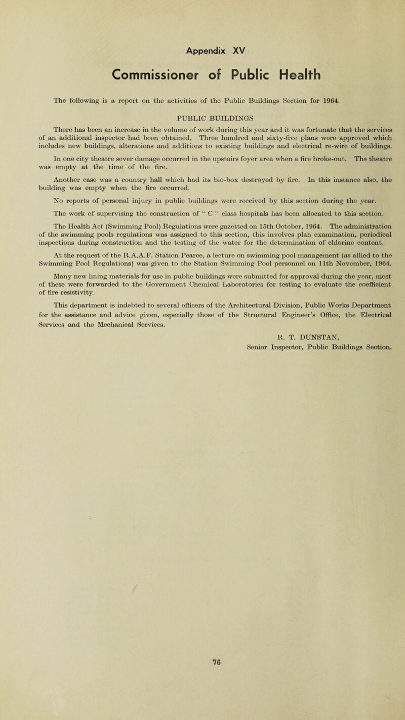 Commissioner of Public Health The following is a report on the activities of the Public Buildings Section for 1964. PUBLIC BUILDINGS There has been an increase in the volume of work during this year and it was fortunate that the services of an additional inspector had been obtained. Three hundred and sixty-five plans were approved which includes new buildings, alterations and additions to existing buildings and electrical re-wire of buildings. In one city theatre sever damage occurred in the upstairs foyer area when a fire broke-out. The theatre was empty at the time of the fire. Another case was a country hall which had its bio-box destroyed by fire. In this instance also, the building was empty when the fire occurred. No reports of personal injury in public buildings were received by this section during the year. The work of supervising the construction of “ C ” class hospitals has been allocated to this section. The Health Act (Swimming Pool) Regulations were gazetted on 15th October, 1964. The administration of the swimming pools regulations was assigned to this section, this involves plan examination, periodical inspections during construction and the testing of the water for the determination of chlorine content. At the request of the R.A.A.F. Station Pearce, a lecture on swimming pool management (as allied to the Swimming Pool Regulations) was given to the Station Swimming Pool personnel on 11th November, 1964. Many new lining materials for use in public buildings were submitted for approval during the year, most of these were forwarded to the Government Chemical Laboratories for testing to evaluate the coefficient of fire resistivity. This department is indebted to several officers of the Architectural Division, Public Works Department for the assistance and advice given, especially those of the Structural Engineer’s Office, the Electrical Services and the Mechanical Services. R. T. DUNSTAN, Senior Inspector, Public Buildings Section..