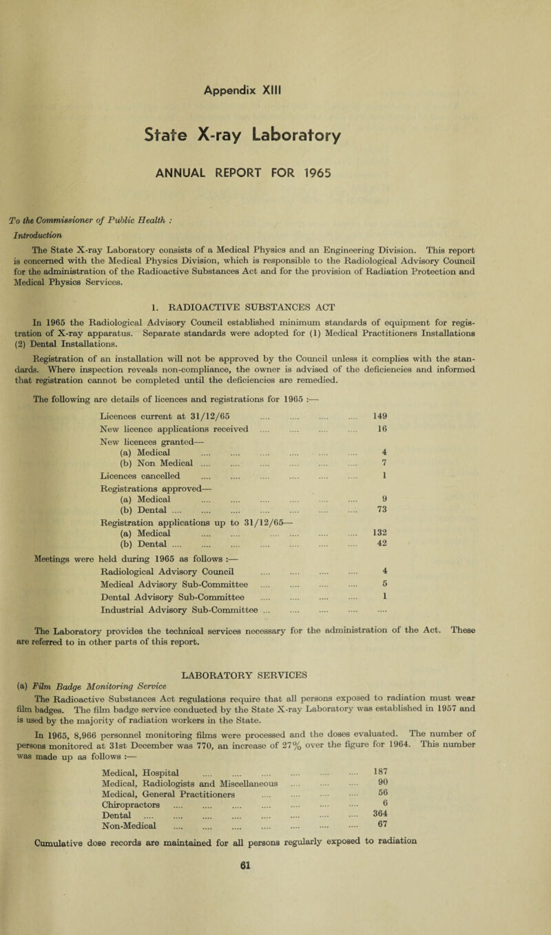 State X-ray Laboratory ANNUAL REPORT FOR 1965 To the Commissioner of Public Health : Introduction The State X-ray Laboratory consists of a Medical Physics and an Engineering Division. This report is concerned with the Medical Physics Division, which is responsible to the Radiological Advisory Council for the administration of the Radioactive Substances Act and for the provision of Radiation Protection and Medical Physics Services. 1. RADIOACTIVE SUBSTANCES ACT In 1965 the Radiological Advisory Council established minimum standards of equipment for regis¬ tration of X-ray apparatus. Separate standards were adopted for (1) Medical Practitioners Installations (2) Dental Installations. Registration of an installation will not be approved by the Council unless it complies with the stan¬ dards. Where inspection reveals non-compliance, the owner is advised of the deficiencies and informed that registration cannot be completed until the deficiencies are remedied. The following are details of licences and registrations for 1965 :— Licences current at 31/12/65 .... .... .... .... 149 New licence applications received .... .... .... .... 16 New licences granted— (a) Medical .... .... .... .... .... .... 4 (b) Non Medical .... .... .... .... .... .... 7 Licences cancelled .... .... .... .... .... .... 1 Registrations approved— (a) Medical .... .... .... .... .... .... 9 (b) Dental .... .... .... .... .... .... .... 73 Registration applications up to 31/12/65— (a) Medical . . .... 132 (b) Dental. . 42 Meetings were held during 1965 as follows :— Radiological Advisory Council .... .. 4 Medical Advisory Sub-Committee . 5 Dental Advisory Sub-Committee .... .... .... 1 Industrial Advisory Sub-Committee ... The Laboratory provides the technical services necessary for the administration of the Act. These are referred to in other parts of this report. LABORATORY SERVICES (a) Film Badge Monitoring Service The Radioactive Substances Act regulations require that all persons exposed to radiation must wear film badges. The film badge service conducted by the State X-ray Laboratory was established in 1957 and is used by the majority of radiation workers in the State. In 1965, 8,966 personnel monitoring films were processed and the doses evaluated. The number of persons monitored at 31st December was 770, an increase of 27% over the figure for 1964. This number was made up as follows :— Medical, Hospital Medical, Radiologists and Miscellaneous Medical, General Practitioners Chiropractors Dental Non-Medical . Cumulative dose records are maintained for all persons regularly exposed to radiation 90 56 6 364 67