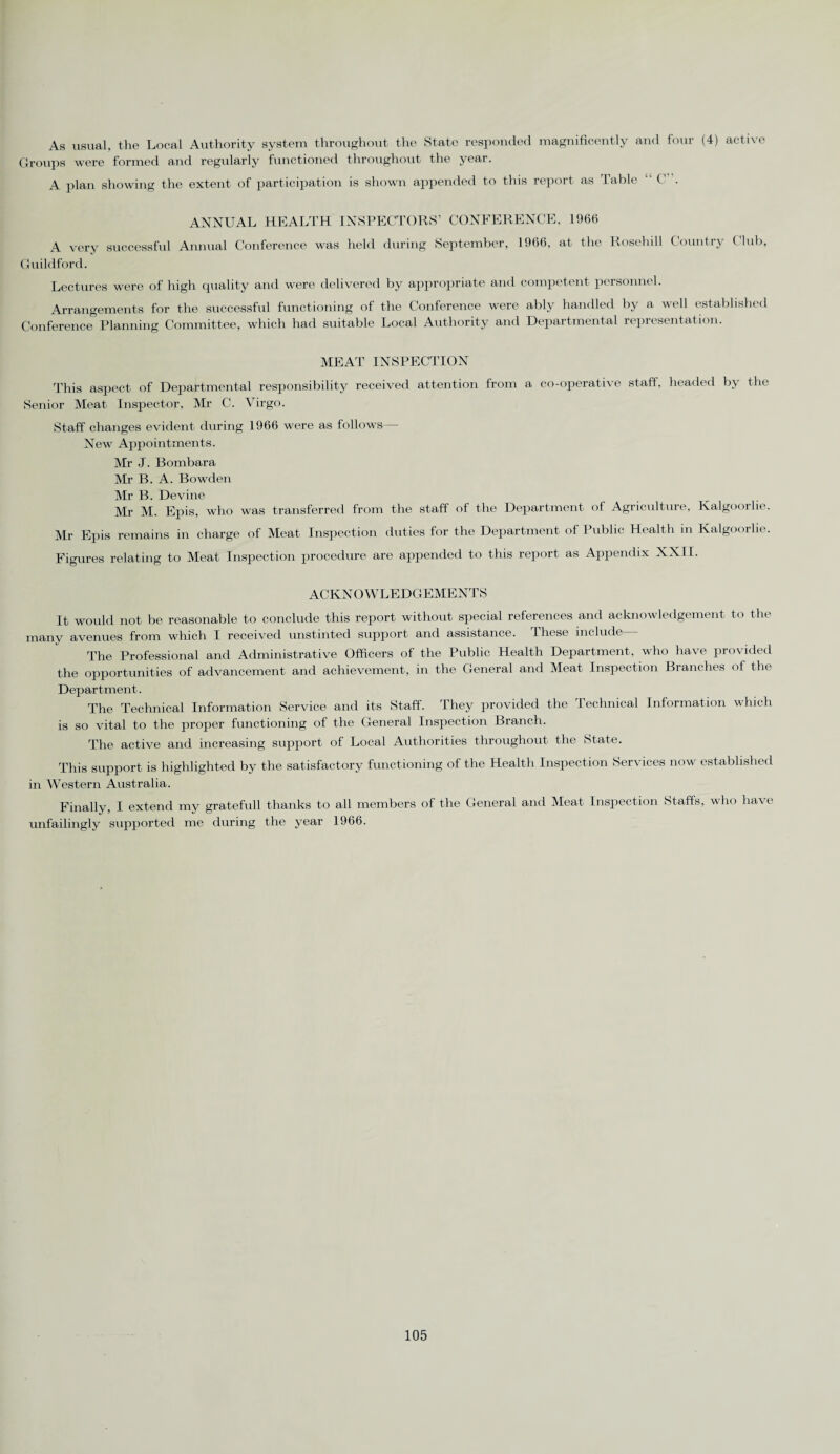 As usual, the Local Authority system throughout the State responded magnificently and four (4) active Groups were formed and regularly functioned throughout the year. A plan showing the extent of participation is shown appended to this report as Table “ C . A very successful Guildford. ANNUAL HEALTH Annual Conference was INSPECTORS’ CONFERENCE, 1966 held during September, 1966, at the Rosehill Country Club, Lectures were of high quality and were delivered by appropriate and competent personnel. Arrangements for the successful functioning of the Conference were ably handled by a well established Conference Planning Committee, which had suitable Local Authority and Departmental representation. MEAT INSPECTION This aspect of Departmental responsibility received attention from a co-operative staff, headed by the Senior Meat Inspector, Mr C. Virgo. Staff changes evident during 1966 were as follows— New Appointments. Mr J. Bombara Mr B. A. Bowden Mr B. Devine Mr M. Epis, who was transferred from the staff of the Department of Agriculture, Kalgoorlie. Mr Epis remains in charge of Meat Inspection duties for the Department of Public Health in Kalgoorlie. Figures relating to Meat Inspection procedure are appended to this report as Appendix NX1I. ACKNOWLEDGEMENTS It would not be reasonable to conclude this report without special references and acknowledgement to the many avenues from which I received unstinted support and assistance. These include The Professional and Administrative Officers of the Public Health Department, who have provided the opportunities of advancement and achievement, in the General and Meat Inspection Branches of the Department. The Technical Information Service and its Staff. They provided the Technical Information which is so vital to the proper functioning of the General Inspection Branch. The active and increasing support of Local Authorities throughout the .State. This support is highlighted by the satisfactory functioning of the Health Inspection Services now established in Western Australia. Finally, I extend my gratefull thanks to all members of the General and Meat Inspection Staffs, who have unfailingly supported me during the year 1966.