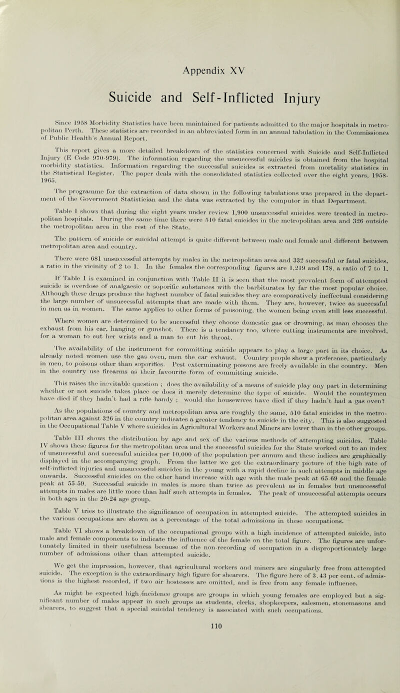 Suicide and Self-Inflicted Injury Since 1958 Morbidity Statistics have been maintained for patients admitted to the major hospitals in metro¬ politan Perth. These statistics are recorded in an abbreviated form in an annual tabulation in the Commissioner ol Public Health’s Annual Report. This report gives a more detailed breakdown of the statistics concerned with Suicide and Self-Inflicted injury (E Code 970-979). The information regarding the unsuccessful suicides is obtained from the hospital morbidity statistics. Information regarding the successful suicides is extracted from mortality statistics in the Statistical Register. The paper deals with the consolidated statistics collected over the eight years 1958- 1965. I he programme for the extraction of data shown in the following tabulations was prepared in the depart¬ ment of the Government Statistician and the data was extracted by the computor in that Department. I able I shows that during the eight years under review 1,900 unsuccessful suicides were treated in metro¬ politan hospitals. During the same time there were 510 fatal suicides in the metropolitan area and 326 outside the metropolitan area in the rest of the State. I he pattern of suicide or suicidal attempt is cpiite different between male and female and different between metropolitan area and country. There were 681 unsuccessful attempts by males in the metropolitan area and 332 successful or fatal suicides, a ratio in the vicinity of 2 to 1. In the females the corresponding figures are 1,219 and 178, a ratio of 7 to 1. If 1 able 1 is examined in conjunction with Table II it is seen that the most prevalent form of attempted suicide is overdose of analgaesic or soporific substances with the barbiturates by far the most popular choice. Although these drugs produce the highest number of fatal suicides they are comparatively ineffectual considering flit laige number of unsuccessful attempts that are made with them. They are, however, twice as successful in men as in women. The same a]iplies to other forms of poisoning, the women being even still less successful. Where women are determined to be successful they choose domestic gas or drowning, as man chooses the exhaust from his car, hanging or gunshot, there is a tendancy too, where cutting instruments are involved, for a woman to cut her wrists and a man to cut his throat. lhe availability of the instrument for committing suicide apjiears to play a large part in its choice. As ah eady noted women use the gas oven, men the car exhaust. Country people show a preference, particularly in men, to poisons other than soporifics. Pest exterminating poisons are freely available in the coimtry. Men in the country use firearms as their favourite form of committing suicide. Phis raises the inevitable question ; does the availability of a means of suicide play any part in determining whether or not suicide takes place or does it merely determine the type of suicide. Would the countrymen have died if they liadn t had a rifle handy ; would the housewives have died if they hadn’t had a gas oven? As the populations of country and metropolitan area are roughly the same, 510 fatal suicides in the metro¬ politan area against 326 in the country indicates a greater tendency to suicide in the city. This is also suggested in the Occupational 1 able \ where suicides in Agricultural Workers and Miners are lower than in the other groups. Fable III shows the distribution by age and sex of the various methods of attempting suicides. Table IV shows these figures for the metropolitan area and the successful suicides for the State worked out to an index of unsuccessful and successful suicides per 10,000 of the population per annum and these indices are graphically displayed in the accompanying graph. From the latter we get the extraordinary picture of the high rate of self-inflicted injuries and unsuccessful suicides in the young with a rapid decline in such attempts in middle age onwards. Successful suicides on the other hand increase with age with the male peak at 65-69 and the female peak at 55-59. Successful suicide in males is more than twice as prevalent as in females but unsuccessful attempts in males are little more than half such attempts in females. The peak of unsuccessful attempts occurs in both ages in the 20-24 age group. Table V tries to illustrate the significance of occupation in attempted suicide. The attempted suicides in the \aiious occupations are shown as a percentage of the total admissions in these occupations. lable VI shows a breakdown of the occupational groups with a high incidence of attempted suicide, into male and female components to indicate the influence of the female on the total figure. The figures are unfor¬ tunately limited in their usefulness because of the non-recording of occupation in a disproportionately large number of admissions other than attempted suicide. We get the impression, however, that agricultural workers and miners are singularly free from attempted suicide, lhe exception is the extraordinary high figure for shearers. The figure here of 3.43 per cent, of admis¬ sions is the highest recorded, if two air hostesses are omitted, and is free from any female influence. As might be expected high incidence groups are groups in which young females are employed but a sig¬ nificant number of males appear in such groups as students, clerks, shopkeepers, salesmen, stonemasons and shearers, to suggest that a special suicidal tendency is associated with such occupations.