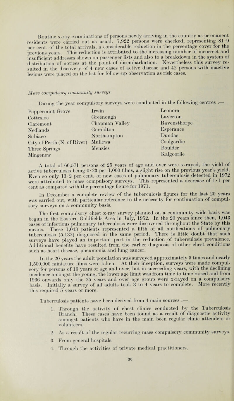Routine x-ray examinations of persons newly arriving in the country as permanent residents were carried out as usual. 7,922 persons were checked, representing 81*9 per cent, of the total arrivals, a considerable reduction in the percentage cover for the previous years. This reduction is attributed to the increasing number of incorrect and insufficient addresses shown on passenger lists and also to a breakdown in the system of distribution of notices at the point of disembarkation. Nevertheless this survey re¬ sulted in the discovery of 4 new cases of active disease and 42 persons with inactive lesions were placed on the list for follow-up observation as risk cases. Mass compulsory community surveys During the year compulsory surveys were conducted in the following centres :— Peppermint Grove Cottesloe Claremont Nedlands Subiaco City of Perth (N. of River) Three Springs Mingenew Irwin Greenough Chapman Valley Geraldton Northampton Mullewa Menzies Leonora Laverton Ravensthorpe Esperance Dundas Coolgardie Boulder Kalgoorlie A total of 66,571 persons of 25 years of age and over were x-rayed, the yield of active tuberculosis being 0-23 per 1,000 films, a slight rise on the previous year’s yield. Even so only 13-2 per cent, of new cases of pulmonary tuberculosis detected in 1972 were attributed to mass compulsory surveys. This represented a decrease of 1 • 1 per cent as compared with the percentage figure for 1971. In December a complete review of the tuberculosis figures for the last 20 years was carried out, with particular reference to the necessity for continuation of compul¬ sory surveys on a community basis. The first compulsory chest x-ray survey planned on a community wide basis was begun in the Eastern Goldfields Area in July, 1952. In the 20 years since then, 1,043 cases of infectious pulmonary tuberculosis were discovered throughout the State by this means. These 1,043 patients represented a fifth of all notifications of pulmonary tuberculosis (5,132) diagnosed in the same period. There is little doubt that such surveys have played an important part in the reduction of tuberculosis prevalence. Additional benefits have resulted from the earlier diagnosis of other chest conditions such as heart disease, pneumonia and lung cancer. In the 20 years the adult population was surveyed approximately 5 times and nearly 1,500,000 miniature films were taken. At their inception, surveys were made compul¬ sory for persons of 16 years of age and over, but in succeeding years, with the declining incidence amongst the young, the lower age limit was from time to time raised and from 1966 onwards only the 25 years and over age group were x-rayed on a compulsory basis. Initially a survey of all adults took 3 to 4 years to complete. More recently this required 5 years or more. Tuberculosis patients have been derived from 4 main sources :— 1. Through the activity of chest clinics conducted by the Tuberculosis Branch. These cases have been found as a result of diagnostic activity amongst patients who have in the main been regular clinic attenders or volunteers. 2. As a result of the regular recurring mass compulsory community surveys. 3. From general hospitals. 4. Through the activities of private medical practitioners.