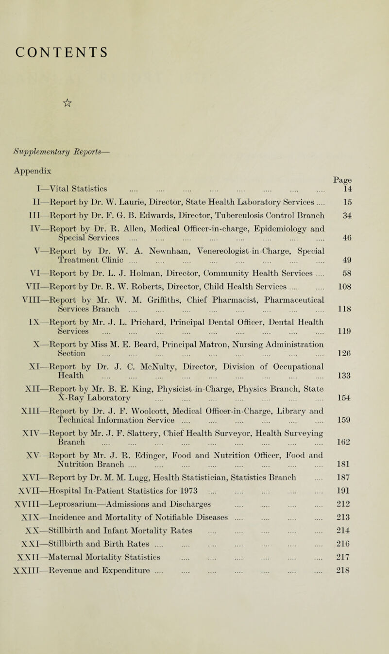 CONTENTS ☆ Supplementary Reports— Appendix Page I—Vital Statistics .... .... .... .... .... .... .... .... 14 II—Report by Dr. W. Laurie, Director, State Health Laboratory Services .... 15 III— Report by Dr. F. G. B. Edwards, Director, Tuberculosis Control Branch 34 IV— Report by Dr. R. Allen, Medical Officer-in-charge, Epidemiology and Special Services .... .... .... .... .... .... .... .... 46 V—Report by Dr. W. A. Newnham, Venereologist-in-Charge, Special Treatment Clinic .... .... .... .... .... .... .... .... 49 VI—Report by Dr. L. J. Holman, Director, Community Health Services .... 58 VII—Report by Dr. R. W. Roberts, Director, Child Health Services .... .... 108 VIII—Report by Mr. W. M. Griffiths, Chief Pharmacist, Pharmaceutical Services Branch .... .... .... .... .... .... .... .... 118 IX—Report by Mr. J. L. Prichard, Principal Dental Officer, Dental Health Services .... .... .... .... .... .... .... .... .... 119 X—Report by Miss M. E. Beard, Principal Matron, Nursing Administration Section .... .... .... .... .... .... .... .... .... 126 XI—Report by Dr. J. C. McNulty, Director, Division of Occupational Health1 . .. 133 XII—Report bjr Mr. B. E. King, Physicist-in-Charge, Physics Branch, State X-Ray Laboratory .... .... .... .... .... .... .... 154 XIII— Report by Dr. J. F. Wooleott, Medical Officer-in-Charge, Library and Technical Information Service .... .... .... .... .... .... 159 XIV— Report by Mr. J. F. Slattery, Chief Health Surveyor, Health Surveying Branch .... .... .... .... .... .... .... .... .... 162 XV—Report by Mr. J. R. Edinger, Food and Nutrition Officer, Food and Nutrition Branch .... .... .... .... .... .... .... .... 181 XVI—Report by Dr. M. M. Lugg, Health Statistician, Statistics Branch .... 187 XVII—Hospital In-Patient Statistics for 1973 .... .... .... .... .... 191 XVIII—Leprosarium—Admissions and Discharges .... .... .... .... 212 XIX—Incidence and Mortality of Notifiable Diseases .... .... .... .... 213 XX—Stillbirth and Infant Mortality Rates .... .... .... .... .... 214 XXI—Stillbirth and Birth Rates .... .... .... .... .... .... .... 216 XXII—Maternal Mortality Statistics .... .... .... .... .... .... 217 XXIII—Revenue and Expenditure .... .... .... .... .... .... .... 218