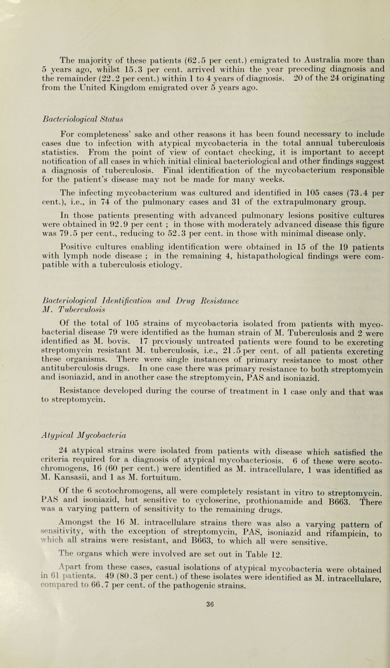 The majority of these patients (62.5 per cent.) emigrated to Australia more than 5 years ago, whilst 15.3 per cent, arrived within the year preceding diagnosis and the remainder (22.2 per cent.) within 1 to 4 years of diagnosis. 20 of the 24 originating from the United Kingdom emigrated over 5 years ago. Bacteriological Status For completeness’ sake and other reasons it has been found necessary to include cases due to infection with atypical mycobacteria in the total annual tuberculosis statistics. From the point of view of contact checking, it is important to accept notification of all cases in which initial clinical bacteriological and other findings suggest a diagnosis of tuberculosis. Final identification of the mycobacterium responsible for the patient’s disease may not be made for many weeks. The infecting mycobacterium was cultured and identified in 105 cases (73.4 per cent.), i.e., in 74 of the pulmonary cases and 31 of the extrapulmonary group. In those patients presenting with advanced pulmonary lesions positive cultures were obtained in 92.9 per cent ; in those with moderately advanced disease this figure was 79.5 per cent., reducing to 52.3 per cent, in those with minimal disease only. Positive cultures enabling identification were obtained in 15 of the 19 patients with lymph node disease ; in the remaining 4, histapathological findings were com¬ patible with a tuberculosis etiology. Bacteriological Identification and Drug Resistance M. Tuberculosis Of the total of 105 strains of mycobacteria isolated from patients with myco¬ bacterial disease 79 were identified as the human strain of M. Tuberculosis and 2 were identified as M. bovis. 17 previously untreated patients were found to be excreting streptomycin resistant M. tuberculosis, i.e., 21.5 per cent, of all patients excreting these organisms. There were single instances of primary resistance to most other antituberculosis drugs. In one case there was primary resistance to both streptomycin and isoniazid, and in another case the streptomycin, PAS and isoniazid. Resistance developed during the course of treatment in 1 case only and that was to streptomycin. Atypical Mycobacteria 24 atypical strains were isolated from patients with disease which satisfied the criteria required for a diagnosis of atypical mycobacteriosis. 6 of these were scoto- chromogens, 16 (60 per cent.) were identified as M. intracellulare, 1 was identified as M. Kansasii, and 1 as M. fortuitum. Of the 6 scotochromogens, all were completely resistant in vitro to streptomycin. PAS and isoniazid, but sensitive to cycloserine, prothionamide and B663. There was a varying pattern of sensitivity to the remaining drugs. Amongst the 16 M. intracellulare strains there was also a varying pattern of sensitivity, with the exception of streptomycin, PAS, isoniazid and rifampicin, to which all strains were resistant, and B663, to which all were sensitive. The organs which were involved are set out in Table 12. Apart from these cases, casual isolations of atypical mycobacteria were obtained in 61 patients. 49 (80.3 per cent.) of these isolates were identified as M. intracellulare, compared to 66.7 per cent, of the pathogenic strains.