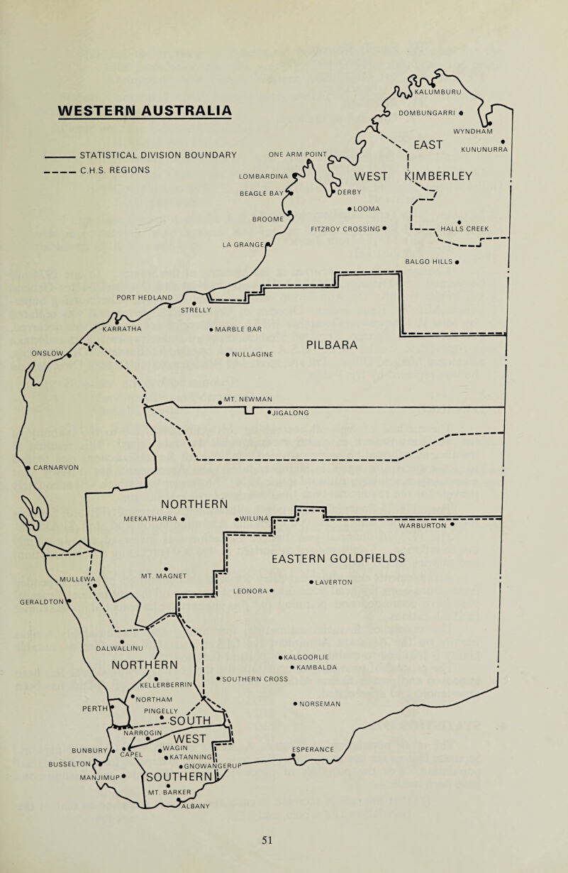 KALUMBURU WESTERN AUSTRALIA _ STATISTICAL DIVISION BOUNDARY ONE ARM POINT. _C.H.S. REGIONS LOMBARDINA BEAGLE BAY! BUSSELTON MANJIMUP MT BARKER 'ALBANY