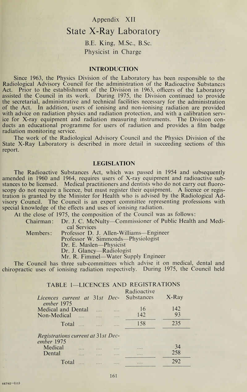 State X-Ray Laboratory B.E. King, M.Sc., B.Sc. Physicist in Charge INTRODUCTION Since 1963, the Physics Division of the Laboratory has been responsible to the Radiological Advisory Council for the administration of the Radioactive Substances Act. Prior to the establishment of the Division in 1963, officers of the Laboratory assisted the Council in its work. During 1975, the Division continued to provide the secretarial, administrative and technical facilities necessary for the administration of the Act. In addition, users of ionising and non-ionising radiation are provided with advice on radiation physics and radiation protection, and with a calibration serv¬ ice for X-ray equipment and radiation measuring instruments. The Division con¬ ducts an educational programme for users of radiation and provides a film badge radiation monitoring service. The work of the Radiological Advisory Council and the Physics Division of the State X-Ray Laboratory is described in more detail in succeeding sections of this report. LEGISLATION The Radioactive Substances Act, which was passed in 1954 and subsequently amended in 1960 and 1964, requires users of X-ray equipment and radioactive sub¬ stances to be licensed. Medical practitioners and dentists who do not carry out fluoro¬ scopy do not require a licence, but must register their equipment. A licence or regis¬ tration is granted by the Minister for Health who is advised by the Radiological Ad¬ visory Council. The Council is an expert committee representing professions with special knowledge of the effects and uses of ionising radiation. At the close of 1975, the composition of the Council was as follows: Chairman: Dr. J. C. McNulty—Commissioner of Public Health and Medi¬ cal Services Members: Professor D. J. Alien-Williams—Engineer Professor W. Simmonds—Physiologist Dr. E. Maslen—Physicist Dr. J. Glancy—Radiologist Mr. R. Fimmel—Water Supply Engineer The Council has three sub-committees which advise it on medical, dental and chiropractic uses of ionising radiation respectively. During 1975, the Council held TABLE 1—LICENCES AND REGISTRATIONS Radioactive Licences current at 3\st Dec- Substances X-Ray ember 1975 Medical and Dental . 16 142 Non-Medical . 142 93 Total . 158 235 Registrations current at 3\st Dec¬ ember 1975 Medical . 34 Dental . 258 Total . 292 66792—(1 1)