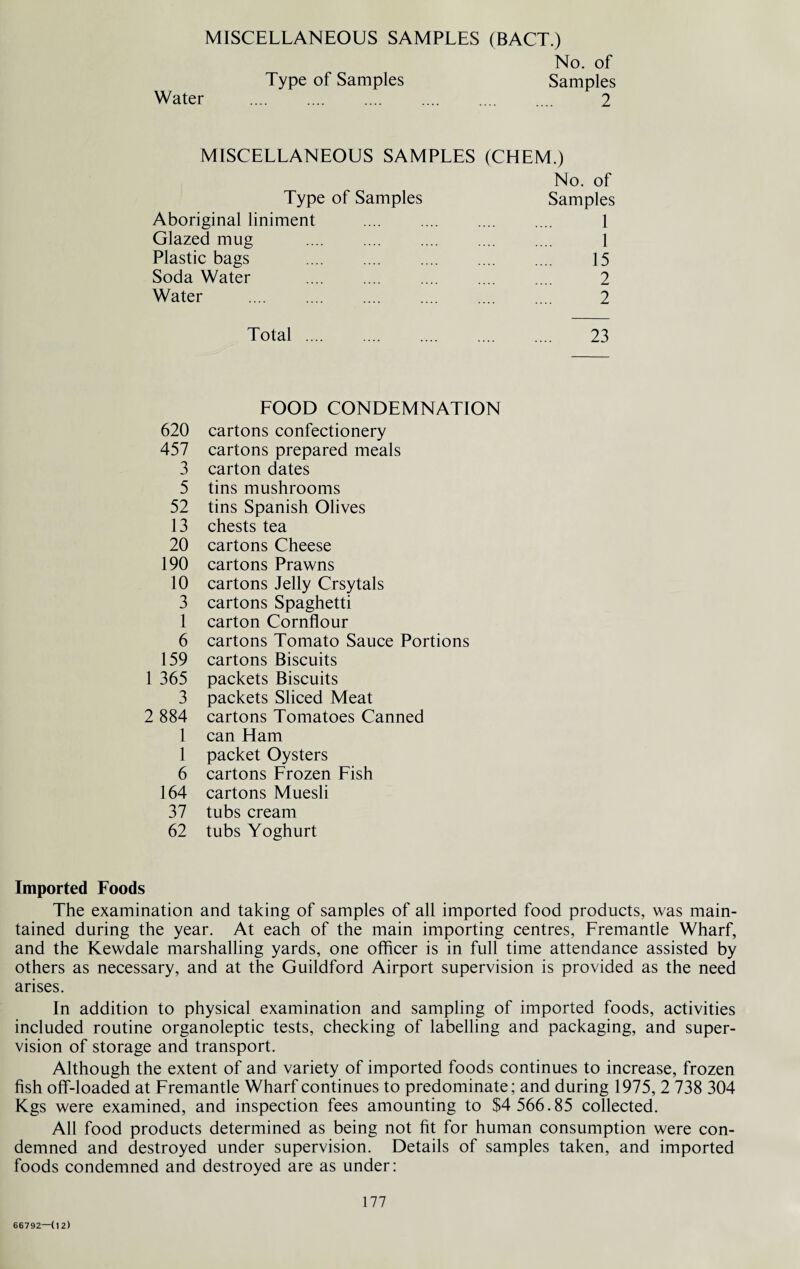 MISCELLANEOUS SAMPLES (BACT.) No. of Type of Samples Samples Water . 2 MISCELLANEOUS SAMPLES (CHEM.) No. of Type of Samples Samples Aboriginal liniment . 1 Glazed mug . 1 Plastic bags . 15 Soda Water . 2 Water . 2 Total. 23 FOOD CONDEMNATION 620 cartons confectionery 457 cartons prepared meals 3 carton dates 5 tins mushrooms 52 tins Spanish Olives 13 chests tea 20 cartons Cheese 190 cartons Prawns 10 cartons Jelly Crsytals 3 cartons Spaghetti 1 carton Cornflour 6 cartons Tomato Sauce Portions 159 cartons Biscuits 1 365 packets Biscuits 3 packets Sliced Meat 2 884 cartons Tomatoes Canned 1 can Ham 1 packet Oysters 6 cartons Frozen Fish 164 cartons Muesli 37 tubs cream 62 tubs Yoghurt Imported Foods The examination and taking of samples of all imported food products, was main¬ tained during the year. At each of the main importing centres, Fremantle Wharf, and the Kewdale marshalling yards, one officer is in full time attendance assisted by others as necessary, and at the Guildford Airport supervision is provided as the need arises. In addition to physical examination and sampling of imported foods, activities included routine organoleptic tests, checking of labelling and packaging, and super¬ vision of storage and transport. Although the extent of and variety of imported foods continues to increase, frozen fish off-loaded at Fremantle Wharf continues to predominate; and during 1975, 2 738 304 Kgs were examined, and inspection fees amounting to $4 566.85 collected. All food products determined as being not fit for human consumption were con¬ demned and destroyed under supervision. Details of samples taken, and imported foods condemned and destroyed are as under: 177 66792—(12)