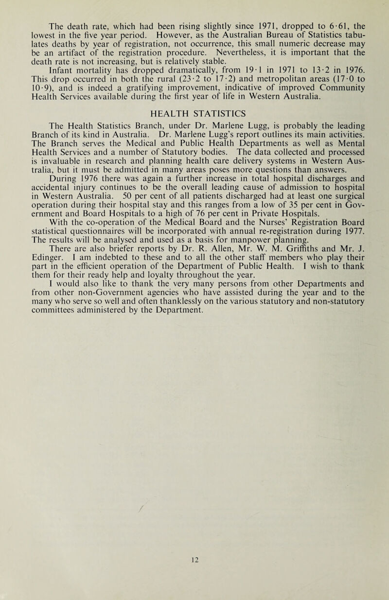 The death rate, which had been rising slightly since 1971, dropped to 6-61, the lowest in the five year period. However, as the Australian Bureau of Statistics tabu¬ lates deaths by year of registration, not occurrence, this small numeric decrease may be an artifact of the registration procedure. Nevertheless, it is important that the death rate is not increasing, but is relatively stable. Infant mortality has dropped dramatically, from 19-1 in 1971 to 13-2 in 1976. This drop occurred in both the rural (23-2 to 17*2) and metropolitan areas (17-0 to 10-9), and is indeed a gratifying improvement, indicative of improved Community Health Services available during the first year of life in Western Australia. HEALTH STATISTICS The Health Statistics Branch, under Dr. Marlene Lugg, is probably the leading Branch of its kind in Australia. Dr. Marlene Lugg’s report outlines its main activities. The Branch serves the Medical and Public Health Departments as well as Mental Health Services and a number of Statutory bodies. The data collected and processed is invaluable in research and planning health care delivery systems in Western Aus¬ tralia, but it must be admitted in many areas poses more questions than answers. During 1976 there was again a further increase in total hospital discharges and accidental injury continues to be the overall leading cause of admission to hospital in Western Australia. 50 per cent of all patients discharged had at least one surgical operation during their hospital stay and this ranges from a low of 35 per cent in Gov¬ ernment and Board Hospitals to a high of 76 per cent in Private Hospitals. With the co-operation of the Medical Board and the Nurses’ Registration Board statistical questionnaires will be incorporated with annual re-registration during 1977. The results will be analysed and used as a basis for manpower planning. There are also briefer reports by Dr. R. Allen, Mr. W. M. Griffiths and Mr. J. Edinger. I am indebted to these and to all the other staff members who play their part in the efficient operation of the Department of Public Health. I wish to thank them for their ready help and loyalty throughout the year. I would also like to thank the very many persons from other Departments and from other non-Government agencies who have assisted during the year and to the many who serve so well and often thanklessly on the various statutory and non-statutory committees administered by the Department.