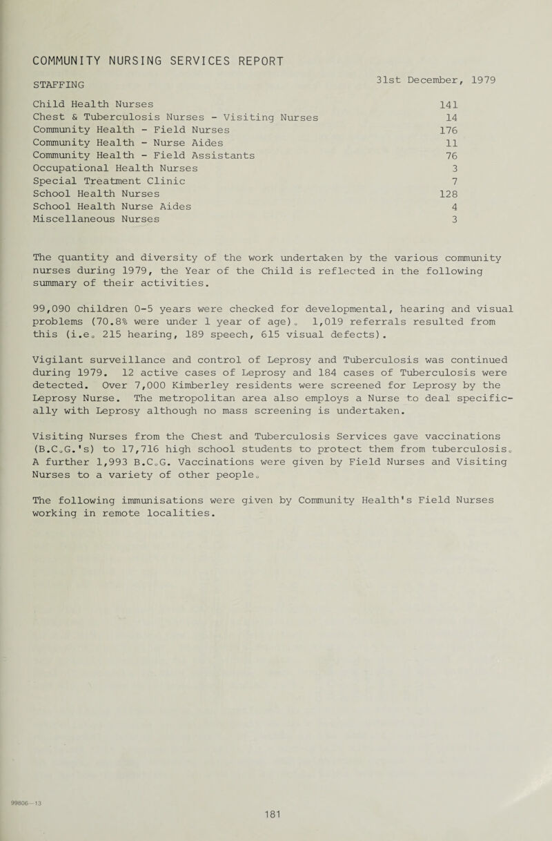 COMMUNITY NURSING SERVICES REPORT STAFFING 31st December. 1979 Child Health Nurses Chest & Tuberculosis Nurses - Visiting Nurses Community Health - Field Nurses Community Health - Nurse Aides Community Health - Field Assistants Occupational Health Nurses Special Treatment Clinic School Health Nurses School Health Nurse Aides Miscellaneous Nurses 128 14 176 141 11 76 3 7 4 3 The quantity and diversity of the work undertaken by the various community nurses during 1979, the Year of the Child is reflected in the following summary of their activities. 99,090 children 0-5 years were checked for developmental, hearing and visual problems (70.8% were under 1 year of age)0 1,019 referrals resulted from this (i.e0 215 hearing, 189 speech, 615 visual defects). Vigilant surveillance and control of Leprosy and Tuberculosis was continued during 1979. 12 active cases of Leprosy and 184 cases of Tuberculosis were detected. Over 7,000 Kimberley residents were screened for Leprosy by the Leprosy Nurse. The metropolitan area also employs a Nurse to deal specific¬ ally with Leprosy although no mass screening is undertaken. Visiting Nurses from the Chest and Tuberculosis Services gave vaccinations (B.CoG.'s) to 17,716 high school students to protect them from tuberculosis0 A further 1,993 B.C0G. Vaccinations were given by Field Nurses and Visiting Nurses to a variety of other people„ The following immunisations were given by Community Health's Field Nurses working in remote localities. 99806—13