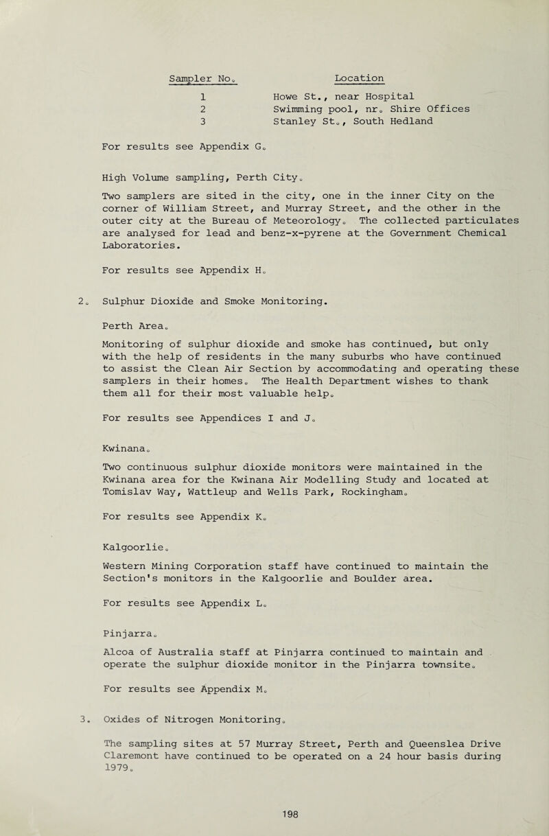 1 2 3 Howe St., near Hospital Swimming pool, nr0 Shire Offices Stanley St0, South Hedland For results see Appendix G0 High Volume sampling, Perth City* Two samplers are sited in the city, one in the inner City on the corner of William Street, and Murray Street, and the other in the outer city at the Bureau of Meteorology0 The collected particulates are analysed for lead and benz-x-pyrene at the Government Chemical Laboratories. For results see Appendix H„ 2a Sulphur Dioxide and Smoke Monitoring. Perth Area0 Monitoring of sulphur dioxide and smoke has continued, but only with the help of residents in the many suburbs who have continued to assist the Clean Air Section by accommodating and operating these samplers in their homes0 The Health Department wishes to thank them all for their most valuable help0 For results see Appendices I and JQ Kwinana0 Two continuous sulphur dioxide monitors were maintained in the Kwinana area for the Kwinana Air Modelling Study and located at Tomislav Way, Wattleup and Wells Park, Rockingham0 For results see Appendix Ko Kalgoorlie„ Western Mining Corporation staff have continued to maintain the Section's monitors in the Kalgoorlie and Boulder area. For results see Appendix Lc Pinjarra0 Alcoa of Australia staff at Pinjarra continued to maintain and operate the sulphur dioxide monitor in the Pinjarra townsiteQ For results see Appendix M0 3. Oxides of Nitrogen Monitoring0 The sampling sites at 57 Murray Street, Perth and Queenslea Drive Claremont have continued to be operated on a 24 hour basis during 1979 o