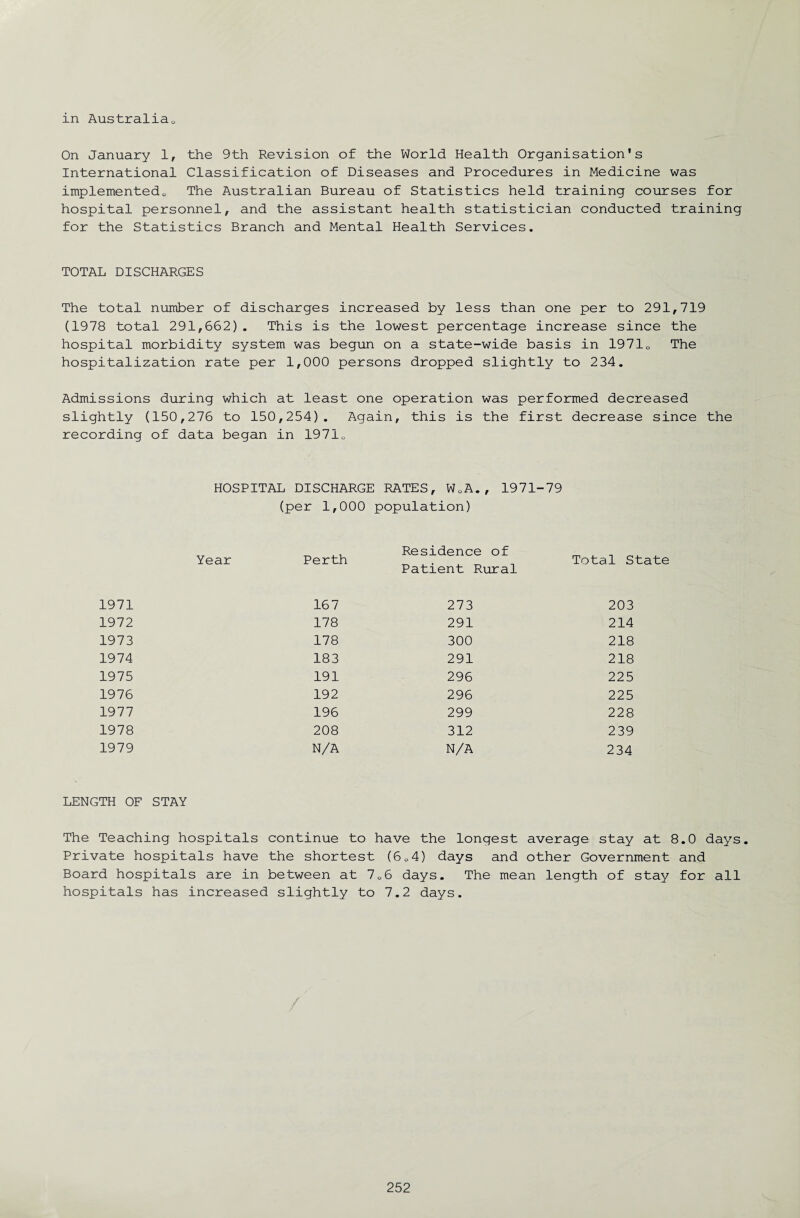 in Australiau On January 1, the 9th Revision of the World Health Organisation's International Classification of Diseases and Procedures in Medicine was implemented0 The Australian Bureau of Statistics held training courses for hospital personnel, and the assistant health statistician conducted training for the Statistics Branch and Mental Health Services. TOTAL DISCHARGES The total number of discharges increased by less than one per to 291,719 (1978 total 291,662). This is the lowest percentage increase since the hospital morbidity system was begun on a state-wide basis in 19710 The hospitalization rate per 1,000 persons dropped slightly to 234. Admissions during which at least one operation was performed decreased slightly (150,276 to 150,254). Again, this is the first decrease since the recording of data began in 197i0 HOSPITAL DISCHARGE RATES, W0A., 1971-79 (per 1,000 population) Year Perth Residence of Patient Rural Total State 1971 167 273 203 1972 178 291 214 1973 178 300 218 1974 183 291 218 1975 191 296 225 1976 192 296 225 1977 196 299 228 1978 208 312 239 1979 N/A N/A 234 LENGTH OF STAY The Teaching hospitals continue to have the longest average stay at 8.0 days. Private hospitals have the shortest (604) days and other Government and Board hospitals are in between at 7C6 days. The mean length of stay for all hospitals has increased slightly to 7.2 days. /