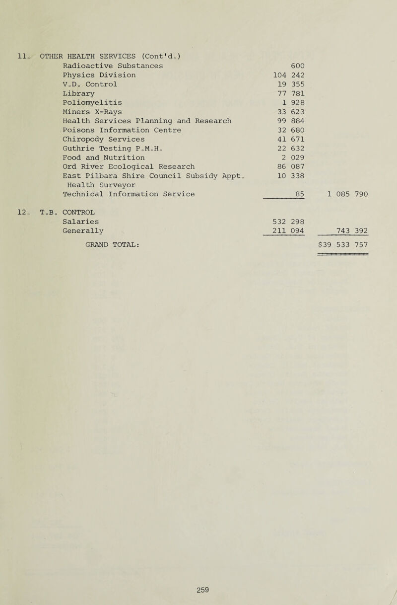 llo OTHER HEALTH SERVICES (Cont'do) Radioactive Substances 600 Physics Division 104 242 VoDo Control 19 355 Library 77 781 Poliomyelitis 1 928 Miners X-Rays 33 623 Health Services Planning and Research 99 884 Poisons Information Centre 32 680 Chiropody Services 41 671 Guthrie Testing PoM0H0 22 632 Food and Nutrition 2 029 Ord River Ecological Research 86 087 East Pilbara Shire Council Subsidy Appto 10 338 Health Surveyor Technical Information Service 85 CONTROL Salaries 532 298 Generally 211 094 1 085 790 743 392 GRAND TOTAL: $39 533 757