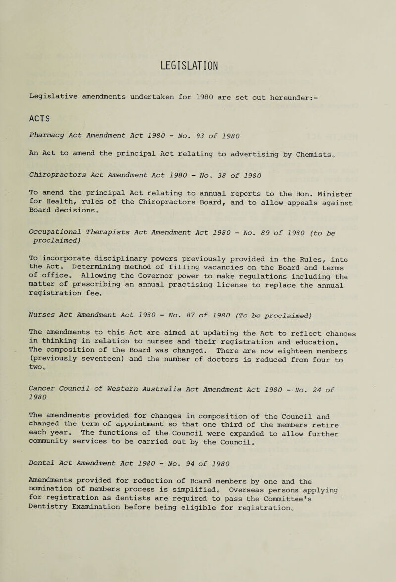 LEGISLATION Legislative amendments undertaken for 1980 are set out hereunder ACTS Pharmacy Act Amendment Act 1980 - No. 93 of 1980 An Act to amend the principal Act relating to advertising by Chemists0 Chiropractors Act Amendment Act 1980 - No0 38 of 1980 To amend the principal Act relating to annual reports to the Hon. Minister for Health, rules of the Chiropractors Board, and to allow appeals against Board decisions0 Occupational Therapists Act Amendment Act 1980 - No. 89 of 1980 (to be proclaimed) To incorporate disciplinary powers previously provided in the Rules, into the Acto Determining method of filling vacancies on the Board and terms of office0 Allowing the Governor power to make regulations including the matter of prescribing an annual practising license to replace the annual registration fee. Nurses Act Amendment Act 1980 - No. 87 of 1980 (To be proclaimed) The amendments to this Act are aimed at updating the Act to reflect changes in thinking in relation to nurses and their registration and education. The composition of the Board was changed. There are now eighteen members (previously seventeen) and the number of doctors is reduced from four to two0 Cancer Council of Western Australia Act Amendment Act 1980 -No. 24 of 1980 The amendments provided for changes in composition of the Council and changed the term of appointment so that one third of the members retire each year 0 The functions of the Council were expanded to allow further community services to be carried out by the Council„ Dental Act Amendment Act 1980 - No0 94 of 1980 Amendments provided for reduction of Board members by one and the nomination of members process is simplified0 Overseas persons applying for registration as dentists are required to pass the Committee's Dentistry Examination before being eligible for registration*.
