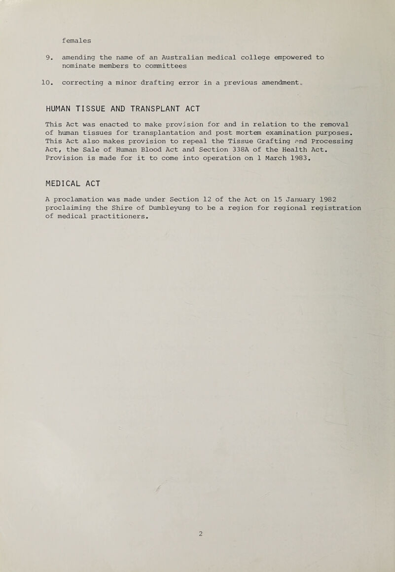 females 9. amending the name of an Australian medical college empowered to nominate members to committees 10. correcting a minor drafting error in a previous amendment0 HUMAN TISSUE AND TRANSPLANT ACT This Act was enacted to make provision for and in relation to the removal of human tissues for transplantation and post mortem examination purposes. This Act also makes provision to repeal the Tissue Grafting and Processing Act, the Sale of Human Blood Act and Section 338A of the Health Act. Provision is made for it to come into operation on 1 March 1983. MEDICAL ACT A proclamation was made under Section 12 of the Act on 15 January 1982 proclaiming the Shire of Dumbieyung to be a region for regional registration of medical practitioners.