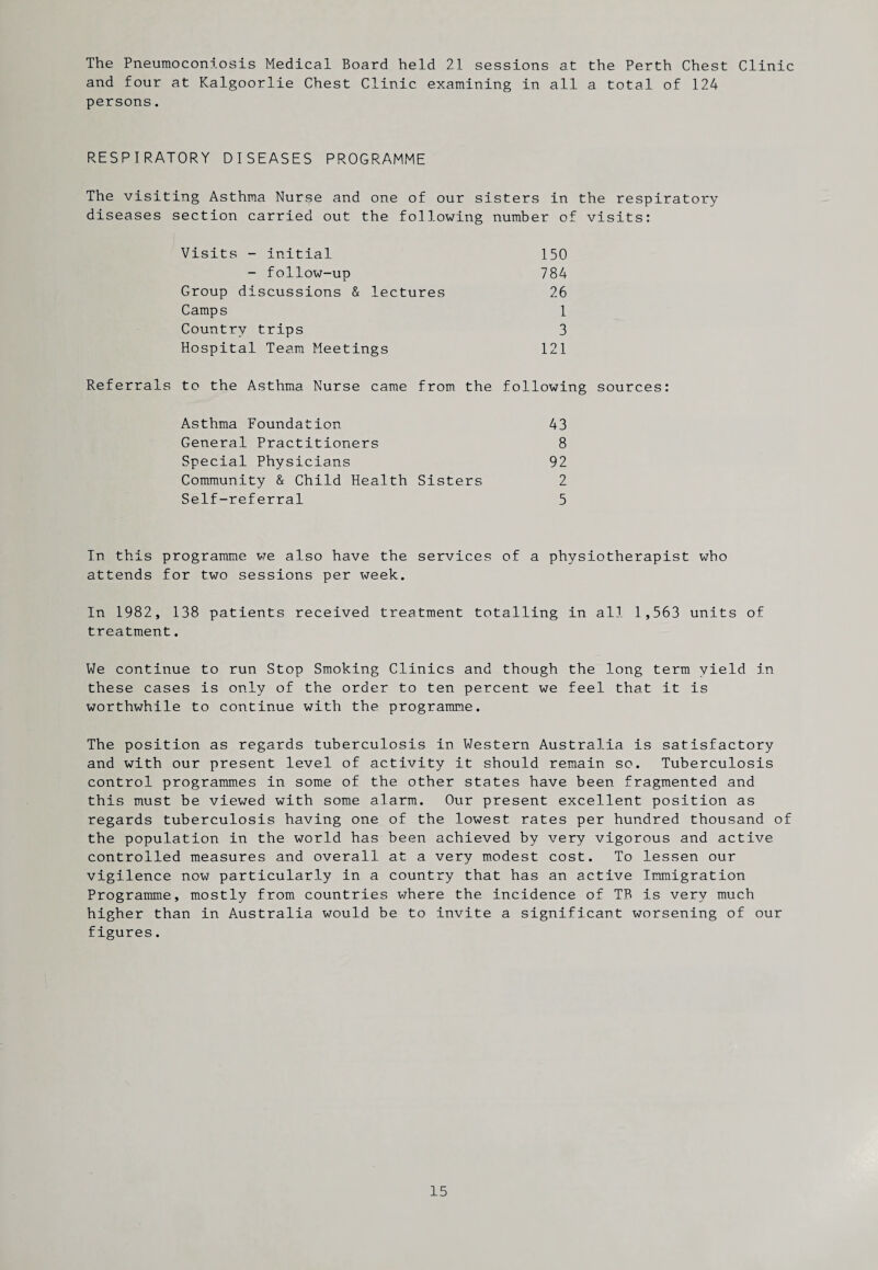 The Pneumoconiosis Medical Board held 21 sessions at the Perth Chest Clinic and four at Kalgoorlie Chest Clinic examining in all a total of 124 persons. RESPIRATORY DISEASES PROGRAMME The visiting Asthma Nurse and one of our sisters in the respiratory diseases section carried out the following number of visits: Visits - initial - follow-up 150 784 26 Group discussions & lectures Camps Country trips Hospital Team Meetings 121 1 3 Referrals to the Asthma Nurse came from the following sources: Asthma Foundation General Practitioners Special Physicians Community & Child Health Sisters Self-referral 43 8 92 2 5 In this programme we also have the services of a physiotherapist who attends for two sessions per week. In 1982, 138 patients received treatment totalling in all 1,563 units of treatment. We continue to run Stop Smoking Clinics and though the long term yield in these cases is only of the order to ten percent we feel that it is worthwhile to continue with the programme. The position as regards tuberculosis in Western Australia is satisfactory and with our present level of activity it should remain so. Tuberculosis control programmes in some of the other states have been fragmented and this must be viewed with some alarm. Our present excellent position as regards tuberculosis having one of the lowest rates per hundred thousand of the population in the world has been achieved by very vigorous and active controlled measures and overall at a very modest cost. To lessen our vigilence now particularly in a country that has an active Immigration Programme, mostly from countries where the incidence of TB is very much higher than in Australia would be to invite a significant worsening of our figures.