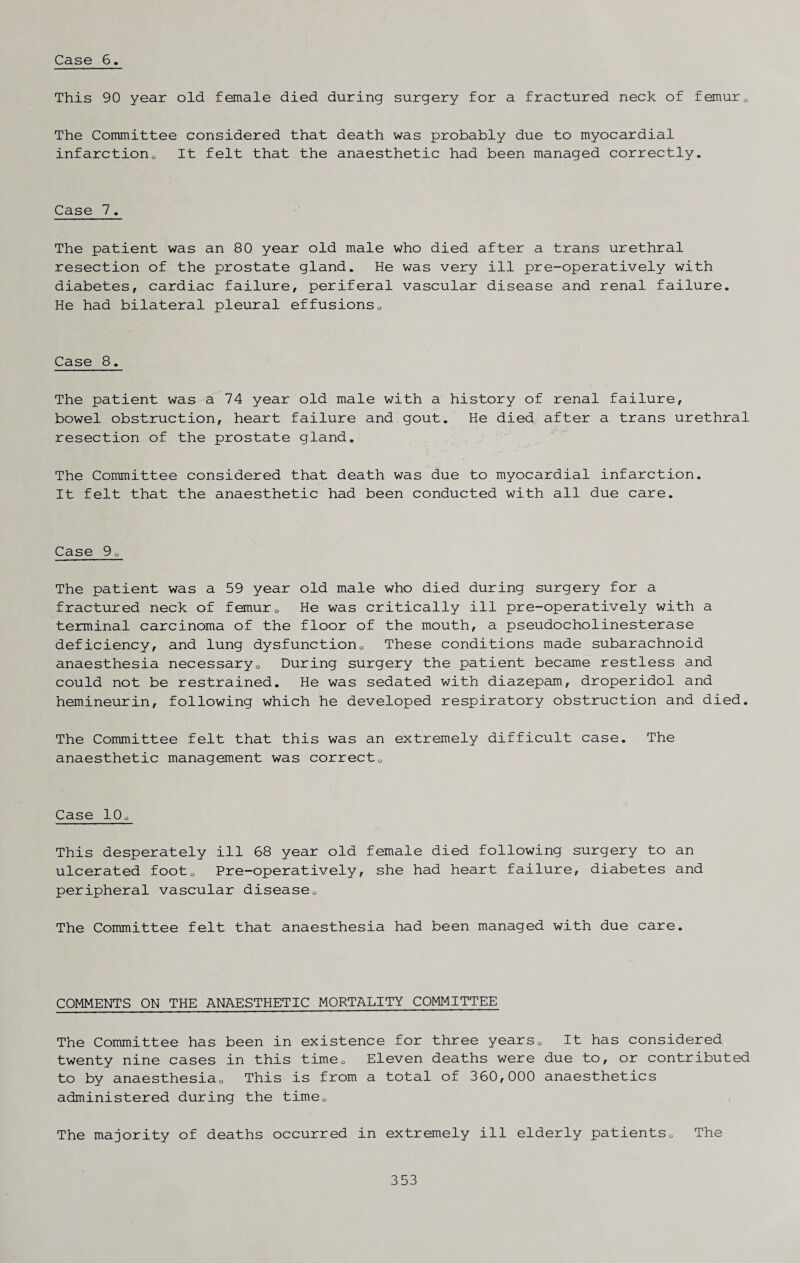 Case 6. This 90 year old female died during surgery for a fractured neck of femur0 The Committee considered that death was probably due to myocardial infarction0 It felt that the anaesthetic had been managed correctly. Case 7. The patient was an 80 year old male who died after a trans urethral resection of the prostate gland. He was very ill pre-operatively with diabetes, cardiac failure, periferal vascular disease and renal failure. He had bilateral pleural effusions0 Case 8. The patient was a 74 year old male with a history of renal failure, bowel obstruction, heart failure and gout. He died after a trans urethral resection of the prostate gland. The Committee considered that death was due to myocardial infarction. It felt that the anaesthetic had been conducted with all due care. Case 90 The patient was a 59 year old male who died during surgery for a fractured neck of femur0 He was critically ill pre-operatively with a terminal carcinoma of the floor of the mouth, a pseudocholinesterase deficiency, and lung dysfunction0 These conditions made subarachnoid anaesthesia necessary0 During surgery the patient became restless and could not be restrained. He was sedated with diazepam, droperidol and hemineurin, following which he developed respiratory obstruction and died. The Committee felt that this was an extremely difficult case. The anaesthetic management was correct0 Case 10o This desperately ill 68 year old female died following surgery to an ulcerated footQ Pre-operatively, she had heart failure, diabetes and peripheral vascular disease0 The Committee felt that anaesthesia had been managed with due care. COMMENTS ON THE ANAESTHETIC MORTALITY COMMITTEE The Committee has been in existence for three years„ It has considered twenty nine cases in this timeD Eleven deaths were due to, or contributed to by anaesthesia0 This is from a total of 360,000 anaesthetics administered during the timeD The majority of deaths occurred in extremely ill elderly patients„ The