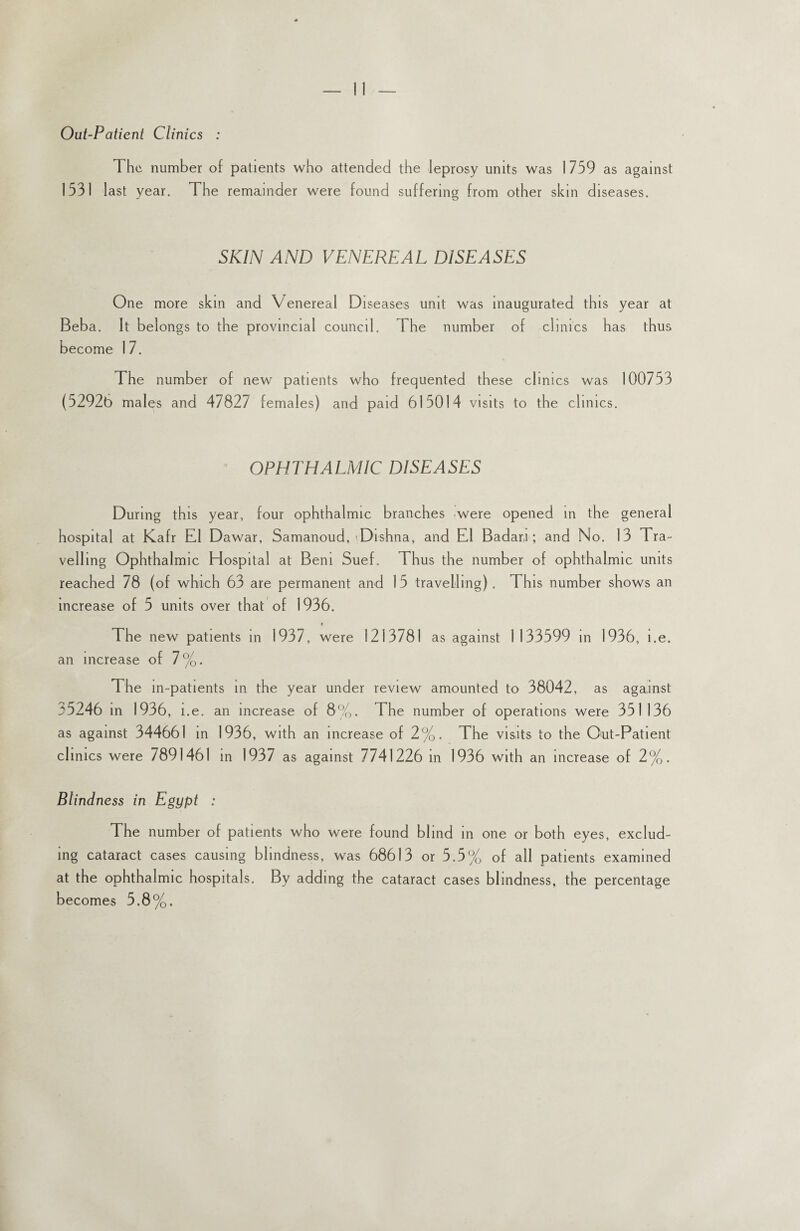 Out-Patient Climes : The number of patients who attended the leprosy units was 1759 as against 1531 last year. The remainder were found suffering from other skin diseases. SKIN AND VENEREAL DISEASES One more skin and Venereal Diseases unit was inaugurated this year at Beba. It belongs to the provincial council. The number of clinics has thus become 17. The number of new patients who frequented these clinics was 100753 (52926 males and 47827 females) and paid 615014 visits to the clinics. OPHTHALMIC DISEASES During this year, four ophthalmic branches were opened in the general hospital at Kafr El Dawar, Samanoud, Dishna, and El Badan ; and No. 13 Tra¬ velling Ophthalmic Hospital at Beni Suef, Thus the number of ophthalmic units reached 78 (of which 63 are permanent and 15 travelling). This number shows an increase of 5 units over that of 1936. The new patients in 1937, were 1213781 as against 1133599 in 1936, i.e. an increase of 7%. The in-patients in the year under review amounted to 38042, as against 35246 in 1936, i.e. an increase of 8%. The number of operations were 351136 as against 344661 in 1936, with an increase of 2%. The visits to the Out-Patient clinics were 7891461 in 1937 as against 7741226 in 1936 with an increase of 2%. Blindness in Egypt : The number of patients who were found blind in one or both eyes, exclud¬ ing cataract cases causing blindness, was 68613 or 5.5% of all patients examined at the ophthalmic hospitals. By adding the cataract cases blindness, the percentage becomes 5.8%.
